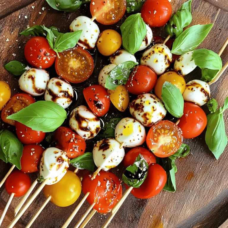 - Cherry tomatoes - Mozzarella balls (bocconcini) - Fresh basil leaves For a great Caprese salad skewer, fresh ingredients are key. Cherry tomatoes bring sweetness and crunch. I love using ripe, juicy tomatoes for the best taste. Next, mozzarella balls, or bocconcini, add a creamy touch. They melt in your mouth and balance the tomatoes. Finally, fresh basil leaves give a burst of flavor. Their aroma enhances every bite. - Balsamic glaze - Extra virgin olive oil - Sea salt and black pepper Pantry ingredients elevate your skewers. Balsamic glaze adds a sweet tang that ties it all together. Just a drizzle brings depth to the dish. Extra virgin olive oil adds richness. It coats the skewers and brings out the flavors. A sprinkle of sea salt and black pepper enhances each bite. These simple staples transform your Caprese salad skewers into a gourmet treat. - Wooden or metal skewers - Mixing bowl - Serving platter or mason jar To make these skewers, you need some basic tools. Wooden or metal skewers help hold everything together. A mixing bowl is perfect for your olive oil and spices. Finally, a serving platter or mason jar makes for a pretty display. Arrange the skewers upright in a jar for a fun look. For the complete recipe, check the [Full Recipe]. Gather your ingredients first. You will need cherry tomatoes, mozzarella balls, and fresh basil leaves. Rinse the cherry tomatoes under cold water. Cut the tomatoes in half carefully. If your mozzarella balls are in water, drain them well. This step is key to keeping your skewers from getting soggy. Now it’s time to assemble. Take a skewer and slide a cherry tomato onto it. Next, add a fresh basil leaf. The basil should be small enough to fit well. Then, add a mozzarella ball. Repeat this layering process until your skewer is full. Aim for three to four sets of tomato, basil, and mozzarella. Leave some space at the ends for easy handling. To add flavor, prepare a simple drizzle. In a bowl, mix extra virgin olive oil with a pinch of sea salt and black pepper. Stir this mixture gently and set it aside. Once your skewers look colorful and delicious, place them on a serving platter. Drizzle the olive oil mixture over the skewers. For a sweet touch, add balsamic glaze on top. This creates beautiful patterns. Finally, sprinkle a little more sea salt and black pepper for extra taste. For the full recipe, check the details above! For a tasty Caprese skewer, start with the cherry tomato. It adds freshness first. Next, add a basil leaf. Choose a leaf that fits nicely. Finally, finish with a mozzarella ball. Repeat this order to build a colorful tower. Make sure to leave some space at the ends. This space helps you handle the skewers easily. You want to grab them without losing a single ingredient. To boost flavor, think about adding a sprinkle of garlic powder. It adds a nice kick. You can also use fresh cracked pepper for a little heat. As for drizzles, balsamic glaze works great. But you can try pesto for a twist. A splash of lemon juice can brighten the flavors too. Each option adds a unique touch to your skewers. Serve your skewers in style. One fun idea is to place them upright in a mason jar. It makes a lovely centerpiece. If you prefer a platter, lay them out in a circle. Add extra basil leaves around them for color. For a festive look, use colorful plates or napkins. The goal is to make your dish as pretty as it is tasty. Check out the full recipe for more tips! {{image_4}} You can change the cheese in your skewers. Feta adds a salty bite. Goat cheese gives a creamy texture. Both options work well with tomatoes and basil. If you want a fresh twist, try arugula or mint instead of basil. These herbs add a new flavor. Want to make your skewers heartier? Add in some diced bell peppers or cucumber slices. They bring extra crunch and freshness. You can also include sliced grilled chicken or shrimp for protein. For dressings, try a lemon vinaigrette or a garlic aioli. These flavors can really enhance your dish. You can adapt this recipe for special events. In the fall, add roasted pumpkin or butternut squash. For summer barbecues, use fresh corn or zucchini. You can even make a festive version with red and green cherry tomatoes for Christmas. Using seasonal ingredients keeps your dish fresh and exciting. These variations help you customize your Caprese salad skewers. You can find the full recipe to get started. To keep your assembled skewers fresh, wrap them tightly in plastic wrap. This helps prevent air exposure. Store them in the fridge for up to two days. If you have leftover ingredients, keep them sealed in separate containers. This way, the ingredients stay fresh and maintain their flavors. If you want to save these skewers for later, freezing is an option. However, it's best to freeze the ingredients separately. The tomatoes and mozzarella can lose texture when thawed. Store them in airtight bags. When ready to eat, thaw them in the fridge overnight. Reheat gently in the oven to keep flavors intact. Got leftovers? You can slice the skewers and toss them into a salad. They also work great on sandwiches. Mix leftover mozzarella and basil into pasta for a quick meal. You can use the balsamic glaze as a salad dressing, adding a burst of flavor to your dishes. Caprese salad skewers are a fun twist on the classic dish. They combine fresh cherry tomatoes, mozzarella balls, and basil leaves. These ingredients are threaded onto skewers, creating a colorful and easy-to-eat appetizer. The dish celebrates the flavors of Italy, bringing together sweet, creamy, and herbaceous notes in every bite. The balsamic glaze and olive oil add a delightful finishing touch, enhancing the overall taste. To make Caprese salad skewers vegan, you can replace the mozzarella with plant-based cheese. Look for vegan mozzarella or use marinated tofu for a creamy texture. Ensure that other ingredients, like the balsamic glaze, are vegan-friendly. You can also add some avocado for extra creaminess while keeping it plant-based. Yes, you can prepare these skewers ahead of time. Assemble them and store them in the fridge. Just be sure to drizzle the balsamic glaze and olive oil right before serving to keep the flavors fresh. This way, you can save time and enjoy your gathering without stress. To keep your skewers intact, focus on the order of assembly. Start with a cherry tomato, then add a basil leaf, followed by a mozzarella ball. Make sure to press them gently together while threading. Leaving a small space at both ends of the skewer makes it easier to hold. Using sturdy skewers, whether wooden or metal, also helps maintain structure. This blog post explored how to create delicious Caprese salad skewers. We covered fresh ingredients like cherry tomatoes and mozzarella, along with pantry essentials. You learned step-by-step assembly and tips for the best flavors. We discussed variations and storage to keep your skewers fresh. In conclusion, these skewers are easy and fun to make. Enjoy them at any event or just for a snack. Experiment with flavors and ingredients to make them your own. Happy skewering!