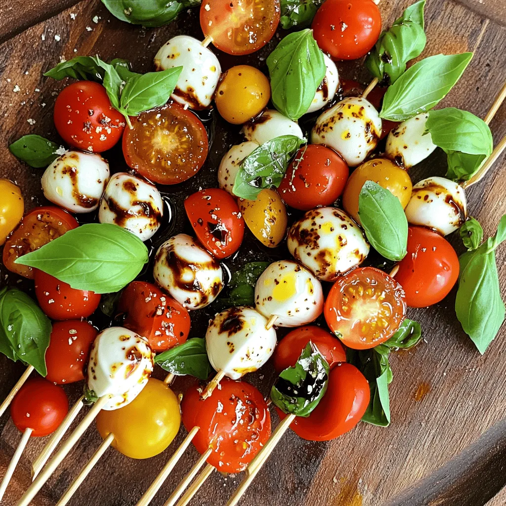- Cherry tomatoes - Mozzarella balls (bocconcini) - Fresh basil leaves For a great Caprese salad skewer, fresh ingredients are key. Cherry tomatoes bring sweetness and crunch. I love using ripe, juicy tomatoes for the best taste. Next, mozzarella balls, or bocconcini, add a creamy touch. They melt in your mouth and balance the tomatoes. Finally, fresh basil leaves give a burst of flavor. Their aroma enhances every bite. - Balsamic glaze - Extra virgin olive oil - Sea salt and black pepper Pantry ingredients elevate your skewers. Balsamic glaze adds a sweet tang that ties it all together. Just a drizzle brings depth to the dish. Extra virgin olive oil adds richness. It coats the skewers and brings out the flavors. A sprinkle of sea salt and black pepper enhances each bite. These simple staples transform your Caprese salad skewers into a gourmet treat. - Wooden or metal skewers - Mixing bowl - Serving platter or mason jar To make these skewers, you need some basic tools. Wooden or metal skewers help hold everything together. A mixing bowl is perfect for your olive oil and spices. Finally, a serving platter or mason jar makes for a pretty display. Arrange the skewers upright in a jar for a fun look. For the complete recipe, check the [Full Recipe]. Gather your ingredients first. You will need cherry tomatoes, mozzarella balls, and fresh basil leaves. Rinse the cherry tomatoes under cold water. Cut the tomatoes in half carefully. If your mozzarella balls are in water, drain them well. This step is key to keeping your skewers from getting soggy. Now it’s time to assemble. Take a skewer and slide a cherry tomato onto it. Next, add a fresh basil leaf. The basil should be small enough to fit well. Then, add a mozzarella ball. Repeat this layering process until your skewer is full. Aim for three to four sets of tomato, basil, and mozzarella. Leave some space at the ends for easy handling. To add flavor, prepare a simple drizzle. In a bowl, mix extra virgin olive oil with a pinch of sea salt and black pepper. Stir this mixture gently and set it aside. Once your skewers look colorful and delicious, place them on a serving platter. Drizzle the olive oil mixture over the skewers. For a sweet touch, add balsamic glaze on top. This creates beautiful patterns. Finally, sprinkle a little more sea salt and black pepper for extra taste. For the full recipe, check the details above! For a tasty Caprese skewer, start with the cherry tomato. It adds freshness first. Next, add a basil leaf. Choose a leaf that fits nicely. Finally, finish with a mozzarella ball. Repeat this order to build a colorful tower. Make sure to leave some space at the ends. This space helps you handle the skewers easily. You want to grab them without losing a single ingredient. To boost flavor, think about adding a sprinkle of garlic powder. It adds a nice kick. You can also use fresh cracked pepper for a little heat. As for drizzles, balsamic glaze works great. But you can try pesto for a twist. A splash of lemon juice can brighten the flavors too. Each option adds a unique touch to your skewers. Serve your skewers in style. One fun idea is to place them upright in a mason jar. It makes a lovely centerpiece. If you prefer a platter, lay them out in a circle. Add extra basil leaves around them for color. For a festive look, use colorful plates or napkins. The goal is to make your dish as pretty as it is tasty. Check out the full recipe for more tips! {{image_4}} You can change the cheese in your skewers. Feta adds a salty bite. Goat cheese gives a creamy texture. Both options work well with tomatoes and basil. If you want a fresh twist, try arugula or mint instead of basil. These herbs add a new flavor. Want to make your skewers heartier? Add in some diced bell peppers or cucumber slices. They bring extra crunch and freshness. You can also include sliced grilled chicken or shrimp for protein. For dressings, try a lemon vinaigrette or a garlic aioli. These flavors can really enhance your dish. You can adapt this recipe for special events. In the fall, add roasted pumpkin or butternut squash. For summer barbecues, use fresh corn or zucchini. You can even make a festive version with red and green cherry tomatoes for Christmas. Using seasonal ingredients keeps your dish fresh and exciting. These variations help you customize your Caprese salad skewers. You can find the full recipe to get started. To keep your assembled skewers fresh, wrap them tightly in plastic wrap. This helps prevent air exposure. Store them in the fridge for up to two days. If you have leftover ingredients, keep them sealed in separate containers. This way, the ingredients stay fresh and maintain their flavors. If you want to save these skewers for later, freezing is an option. However, it's best to freeze the ingredients separately. The tomatoes and mozzarella can lose texture when thawed. Store them in airtight bags. When ready to eat, thaw them in the fridge overnight. Reheat gently in the oven to keep flavors intact. Got leftovers? You can slice the skewers and toss them into a salad. They also work great on sandwiches. Mix leftover mozzarella and basil into pasta for a quick meal. You can use the balsamic glaze as a salad dressing, adding a burst of flavor to your dishes. Caprese salad skewers are a fun twist on the classic dish. They combine fresh cherry tomatoes, mozzarella balls, and basil leaves. These ingredients are threaded onto skewers, creating a colorful and easy-to-eat appetizer. The dish celebrates the flavors of Italy, bringing together sweet, creamy, and herbaceous notes in every bite. The balsamic glaze and olive oil add a delightful finishing touch, enhancing the overall taste. To make Caprese salad skewers vegan, you can replace the mozzarella with plant-based cheese. Look for vegan mozzarella or use marinated tofu for a creamy texture. Ensure that other ingredients, like the balsamic glaze, are vegan-friendly. You can also add some avocado for extra creaminess while keeping it plant-based. Yes, you can prepare these skewers ahead of time. Assemble them and store them in the fridge. Just be sure to drizzle the balsamic glaze and olive oil right before serving to keep the flavors fresh. This way, you can save time and enjoy your gathering without stress. To keep your skewers intact, focus on the order of assembly. Start with a cherry tomato, then add a basil leaf, followed by a mozzarella ball. Make sure to press them gently together while threading. Leaving a small space at both ends of the skewer makes it easier to hold. Using sturdy skewers, whether wooden or metal, also helps maintain structure. This blog post explored how to create delicious Caprese salad skewers. We covered fresh ingredients like cherry tomatoes and mozzarella, along with pantry essentials. You learned step-by-step assembly and tips for the best flavors. We discussed variations and storage to keep your skewers fresh. In conclusion, these skewers are easy and fun to make. Enjoy them at any event or just for a snack. Experiment with flavors and ingredients to make them your own. Happy skewering!