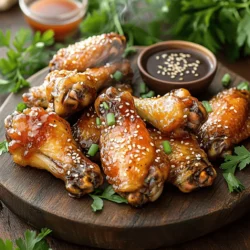 - 2 lbs chicken wings - 1/4 cup honey - 1/4 cup sriracha sauce - 2 tablespoons soy sauce - 1 tablespoon apple cider vinegar - Spices: garlic powder, ginger powder, smoked paprika, salt, black pepper To make sweet and spicy chicken wings, you need fresh chicken wings. Choose wings that look plump and juicy. The honey adds sweetness while the sriracha brings the heat. Soy sauce gives umami flavor. Apple cider vinegar adds a tangy touch. Garlic powder and ginger powder enhance the taste. Smoked paprika provides a nice smokiness. Don’t forget to season with salt and black pepper for balance. - Sesame seeds - Chopped green onions Garnishing your wings makes them look even better. Sesame seeds add crunch and a nutty flavor. Chopped green onions bring bright color and freshness. These simple touches can elevate your dish and make it more appealing. You can sprinkle them right before serving to keep the crunch. For the full recipe, check out the detailed instructions! Start by seasoning the chicken wings with salt and black pepper. This simple step adds flavor. Next, pat them dry with paper towels. Dry wings help achieve that perfect crispy texture. In a bowl, combine honey, sriracha sauce, soy sauce, apple cider vinegar, garlic powder, ginger powder, and smoked paprika. Whisk these ingredients together until smooth. This sauce brings the sweet heat that makes these wings so tasty. Pour half of the sauce over the wings. Make sure each wing gets coated well. For the best flavor, let the wings marinate. I recommend at least 30 minutes at room temperature. You can also refrigerate them for up to 2 hours. Preheat your oven to 400°F (200°C). Line a baking sheet with parchment paper for easy cleanup. Arrange the marinated wings in a single layer on the sheet. Bake for 40-45 minutes. Flip the wings halfway through for even cooking. They should be golden brown and crispy. In the last 10 minutes of baking, brush the remaining sauce over the wings. This creates a beautiful glaze. Return the wings to the oven to let the sauce caramelize. Once the wings are done, take them out and let them rest for a couple of minutes. This helps the juices settle. For presentation, serve your wings on a large platter. Garnish with sesame seeds and chopped green onions for color. Pair with crunchy celery sticks and your favorite dip for a great meal! For the full recipe, check out the detailed instructions above. To get crispy wings, you need to dry them well. After washing, use paper towels to pat them dry. This step helps remove extra moisture, which can make them soggy. Next, set your oven to 400°F (200°C). This hot temperature gives your wings a nice crunch. Bake them for 40 to 45 minutes. Be sure to flip them halfway for even crispiness. Want to boost the flavor? You can add more spices. Try cayenne pepper for heat or smoked paprika for a deeper flavor. If you want a twist, swap the sriracha for a BBQ sauce or teriyaki. Each sauce gives the wings a new taste. Mix and match until you find your favorite! You can cook wings in different ways. Grilling adds a smoky flavor, while frying makes them crispy fast. If you grill, keep an eye on the time. Usually, they take about 20 to 25 minutes. For frying, cook them for 10 to 12 minutes until golden brown. Adjust your cooking time based on the method you choose. Remember, for the full recipe, check out the details earlier in this article. Enjoy experimenting! {{image_4}} You can switch up the flavors of your sweet and spicy chicken wings. Here are two tasty ideas: - Honey BBQ Sauce Alternative: Replace the sriracha with your favorite BBQ sauce. Mix in honey for sweetness. This gives you a rich and smoky flavor. - Spicy Garlic Wings Option: Add minced garlic and extra sriracha to the sauce. This brings a bold and zesty kick to the wings. There are many ways to cook these wings. Here are two popular methods: - Air Fryer Instructions: Preheat your air fryer to 375°F (190°C). Arrange wings in a single layer. Cook for 25-30 minutes, flipping halfway through. This makes them crispy and juicy. - Slow Cooker Method: Place the marinated wings in the slow cooker. Cook on low for 4-5 hours or high for 2-3 hours. This method makes the wings tender and full of flavor. You can make these wings fit different diets with a few easy swaps: - Gluten-Free Options: Use tamari instead of regular soy sauce. This keeps the wings gluten-free without losing flavor. - Low-Sugar Alternatives: Swap honey for a sugar-free syrup. This cuts down the sugar while keeping the sweet taste. Experiment with these variations to find your favorite flavor! For the full recipe, check out the Sweet and Spicy Chicken Wings section. After enjoying your sweet and spicy chicken wings, let them cool down. Place them in the fridge within two hours. This helps keep them fresh. Use an airtight container to store the wings. This will prevent them from drying out or absorbing other smells in the fridge. When you're ready to enjoy the leftovers, reheating is key. First, preheat your oven to 350°F (175°C). Place the wings on a baking sheet lined with foil. Heat them for about 10-15 minutes. This helps them regain their crispiness. Avoid using a microwave, as it can make the wings soggy. To store wings for a longer time, freezing is a great option. Make sure the wings are completely cool before freezing. Place them in a freezer-safe bag or container. Remove as much air as possible to prevent freezer burn. When you’re ready to eat, thaw the wings in the fridge overnight. Reheat them in the oven using the same method mentioned earlier for the best results. For the full recipe, check out the Sweet and Spicy Chicken Wings section. Enjoy every bite! To make sweet and spicy wings in an air fryer, follow these simple steps: 1. Prep the Wings: Dry the wings with paper towels. Season with salt and pepper. 2. Make the Sauce: In a bowl, mix honey, sriracha, soy sauce, apple cider vinegar, garlic powder, ginger powder, and smoked paprika. 3. Marinate: Coat the wings with half the sauce and let them sit for 30 minutes. 4. Preheat Air Fryer: Set the air fryer to 400°F (200°C). 5. Cook the Wings: Place wings in the air fryer basket. Cook for 25-30 minutes, flipping halfway through. 6. Glaze: Brush the remaining sauce on the wings in the last 5 minutes of cooking. 7. Serve: Let them cool slightly, then enjoy! Yes, you can use frozen chicken wings. Here’s how: 1. Thaw: Thaw the wings in the fridge overnight or use the microwave's defrost setting. 2. Prep and Season: Once thawed, dry them with paper towels. Season as usual. 3. Cook: Follow the same cooking steps as fresh wings, but increase the cooking time by about 5-10 minutes. Here are some great sides to enjoy with sweet and spicy chicken wings: - Celery Sticks: Crunchy and refreshing. - Carrot Sticks: Sweet and colorful. - Ranch Dressing: For dipping and cooling down the spice. - Blue Cheese Dressing: A classic pairing. - Coleslaw: Creamy and tangy to balance the heat. Cooked wings can be stored in the fridge for about 3-4 days. Here are some tips: - Cool them down: Let the wings sit at room temperature for no more than two hours before refrigerating. - Use Airtight Containers: This helps keep them fresh. - Reheat Safely: Make sure to heat them until hot before eating. For the full recipe, check out the Sweet and Spicy Chicken Wings section! This blog post covered how to make sweet and spicy chicken wings. You learned about the key ingredients, step-by-step cooking instructions, and useful tips. I shared variations to try and storage tips for leftovers. For tasty wings, focus on seasoning and cooking time. Experiment with your favorite flavors. Make this dish your own by using different sauces or spices. Enjoy your new favorite recipe!