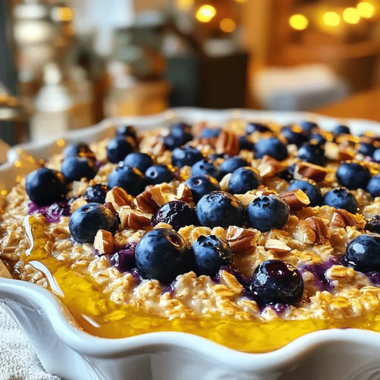 - 2 cups rolled oats - 1 cup fresh or frozen blueberries - 1 medium ripe banana, mashed - 2 cups almond milk (or any milk of your choice) - 1/4 cup maple syrup (or honey as a substitute) - 1/4 cup almond butter (or peanut butter) - 2 teaspoons baking powder - 1 teaspoon pure vanilla extract - 1 teaspoon ground cinnamon - 1/4 teaspoon sea salt - 1/4 cup chopped nuts (walnuts or pecans) (optional) - Extra blueberries for garnish (optional) Gathering the right ingredients is key to this recipe. The rolled oats serve as a hearty base. They provide fiber and keep you full. Fresh or frozen blueberries add a burst of flavor and antioxidants. A ripe banana gives natural sweetness and binds the mixture. Almond milk or any milk of your choice keeps it creamy. Maple syrup adds sweetness but you can use honey as well. Almond butter gives a nutty taste, though peanut butter works too. Baking powder helps it rise, while vanilla extract and cinnamon add warmth. Sea salt balances the flavors. If you like, add chopped nuts for crunch. You can also top it with extra blueberries for a beautiful finish. Each serving gives you a healthy dose of energy. It contains about 180 calories, with 7 grams of fat. You also get 6 grams of protein and 30 grams of carbohydrates. Fiber content is around 4 grams per serving. This makes it a filling snack or breakfast option. If you want to change things up, consider using different sweeteners. Coconut sugar or agave syrup can work well. For the nut butter, any kind will do, like cashew or sunflower. If you need a gluten-free option, use certified gluten-free oats. This recipe is flexible, so feel free to experiment with what you like! For the full recipe, check out the [Full Recipe]. - Preheat oven to 350°F (175°C). - Grease a 9x9 inch baking dish. Start by turning on your oven. A warm oven helps the oatmeal bake rise nicely. Use a small amount of cooking spray or coconut oil to grease your baking dish. This step ensures it won’t stick. - Combine oats, baking powder, cinnamon, and salt. In a large bowl, mix the oats, baking powder, ground cinnamon, and sea salt. This blend gives the dish a great texture and flavor. Stir it well so everything combines evenly. - Whisk together banana, almond milk, syrup, almond butter, and vanilla. In another bowl, mash the ripe banana. Add the almond milk, maple syrup, almond butter, and vanilla extract. Whisk them together until smooth. This mix adds moisture and sweetness to the bake. - Incorporate wet mixture into dry ingredients and fold in blueberries. Now, pour the wet mixture into the bowl with dry ingredients. Gently stir until just combined. It’s important not to overmix. Then, fold in the blueberries carefully. This keeps them whole and tasty. - Spread mixture in baking dish and add nuts. - Bake for 30-35 minutes and check with a toothpick. Transfer the mixture to your greased baking dish. Spread it evenly. If you like, sprinkle some chopped nuts on top for crunch. Now, place it in the oven and bake for 30 to 35 minutes. Use a toothpick to check if it’s done. It should come out clean when the bake is ready. - Cool for 10 minutes before slicing. - Tips for presentation. Once baked, take it out of the oven. Let it cool for about 10 minutes. This cooling time helps set the bake. After cooling, slice it into squares. For a lovely touch, serve it warm with extra blueberries on top and a drizzle of maple syrup. Enjoy your delicious blueberry oatmeal bake! To get the best texture, avoid overmixing. Mix the dry ingredients first. In a separate bowl, blend the wet ingredients well. When you combine both, stir gently. This keeps the oats fluffy and light. Fold in the blueberries with care. This way, they stay whole and juicy. You can add spices to boost flavor. Ground nutmeg pairs well with cinnamon. You might also try cardamom for a unique twist. If you want more sweetness, consider using agave syrup instead of maple syrup. You can also mix in chocolate chips or shredded coconut for extra fun. Bake at 350°F (175°C) for 30-35 minutes. Check for doneness using a toothpick. If it comes out clean, it’s ready. If you want a firmer texture, add a few extra minutes. Keep an eye on the top; it should be golden brown. {{image_4}} You can change up the flavor of your blueberry oatmeal bake. Add chocolate chips for a sweet twist. Dried fruits, like cranberries or apricots, also work well. Nuts can add extra crunch. Try adding coconut flakes for a tropical feel. Each addition makes your bake special. If you want a vegan option, simply replace the almond milk with a plant-based milk. Use maple syrup instead of honey. You can swap almond butter for sunflower seed butter for a nut-free version. For gluten-free needs, use certified gluten-free oats. This way, everyone can enjoy it. Serving your oatmeal bake is fun! Pair it with a dollop of yogurt for creaminess. Nut butter adds a rich texture and flavor. Fresh fruit on top adds color and taste. You can drizzle more maple syrup for extra sweetness. These ideas make your dish even better. To keep your Blueberry Oatmeal Bake fresh, let it cool first. Then, cut it into squares. Place the squares in an airtight container. You can store them in the fridge for up to 5 days. If you want to keep them longer, freeze the squares. Wrap each piece in plastic wrap before placing them in a freezer bag. This helps prevent freezer burn. When you're ready to enjoy your leftovers, you can reheat them easily. For the best texture, use an oven or toaster oven. Preheat it to 350°F (175°C). Place the square on a baking sheet and warm for about 10 minutes. If you're in a hurry, use the microwave. Heat it for 30 seconds to 1 minute, checking to ensure it's warm throughout. In the fridge, your Blueberry Oatmeal Bake stays good for about 5 days. If you freeze it, it can last for up to 3 months. Just be sure to label your container with the date. This way, you know when to use it by. Eating it within these time frames ensures the best flavor and texture. Yes, you can use quick oats. However, the texture will change. Quick oats cook faster and absorb more liquid. This may make the bake softer and less chewy. If you prefer a firmer texture, stick to rolled oats. To make this recipe gluten-free, choose certified gluten-free oats. Regular oats may contain gluten from cross-contamination. Many brands now offer gluten-free options that are safe to use. Just check the label before buying. Absolutely! Frozen blueberries work well in this recipe. Just toss them straight into the mix without thawing. This helps them hold their shape better during baking. You may need to bake a bit longer to ensure everything is cooked through. You can serve your oatmeal bake with various toppings. Here are some ideas: - A dollop of Greek yogurt - A drizzle of honey or maple syrup - Fresh fruit like banana slices or more blueberries - A sprinkle of nuts for crunch This blog post covers a delicious recipe using simple ingredients. You learned how to combine oats, fruit, and nut butter to make a tasty dish. We shared tips for baking, storing, and serving, plus variations to try. Remember, cooking should be fun and creative. Feel free to adjust ingredients to suit your taste. Enjoy your baking adventure!