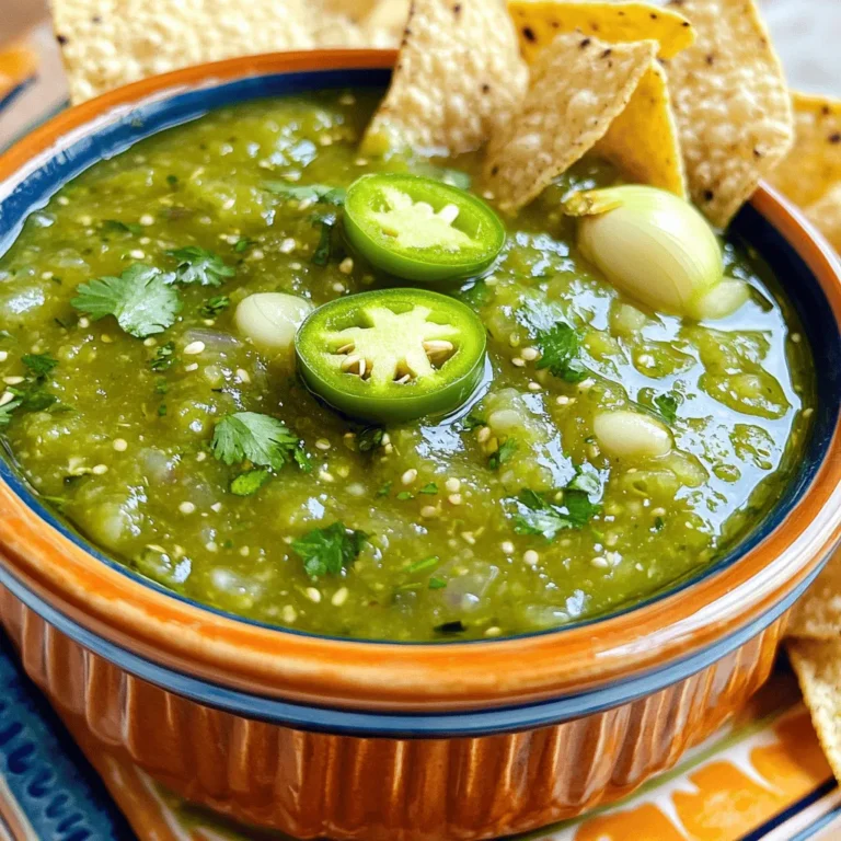 When making homemade salsa verde, fresh ingredients are key. Here’s what you will need: - 10 tomatillos, husked and rinsed - 1 jalapeño, stemmed and halved - 1 small onion, quartered - 2 cloves garlic, peeled - 1/2 cup fresh cilantro, finely chopped - 1 tablespoon lime juice - Salt, to taste - 1 tablespoon olive oil (optional) Each ingredient adds a unique flavor. Tomatillos give a tangy base. Jalapeños add heat, so adjust to your taste. The onion and garlic provide depth. Fresh cilantro brings brightness. Lime juice adds a zesty kick. Salt enhances all the flavors. Olive oil can make the salsa smoother, but it is not a must. These ingredients create a fresh and vibrant salsa verde. You can easily find them at your local market. For the full recipe, check out the [Full Recipe]. 1. Preheat the oven to 425°F (220°C). This heat helps to roast the veggies well. 2. Arrange the tomatillos, jalapeño, onion, and garlic on a baking sheet. Keep them in a single layer. 3. Roast them for 15-20 minutes until soft and charred. This process boosts their flavor. 1. Once roasted, let the vegetables cool for a few minutes. This makes them safe to handle. 2. In a blender or food processor, combine the cooled veggies. Add the cilantro for a fresh taste. 3. Squeeze in lime juice, and sprinkle salt to taste. If you want, add olive oil for creaminess. 1. Blend the mixture to your preferred texture. You can make it smooth or leave it chunky. 2. Taste your salsa verde and adjust the seasoning as needed. Add more lime juice or salt if desired. 3. Transfer your vibrant salsa into a bowl. Let it sit for at least 30 minutes. This resting time helps the flavors meld beautifully together. For the full recipe, check out the detailed cooking steps above! You can adjust your salsa verde to fit your taste. Start with the jalapeño. If you want it spicy, add more jalapeño. For a milder salsa, use less or remove the seeds. Next, think about lime juice. Adding more lime juice gives your salsa a zesty kick. This brightens the flavors. Don’t stop there! You can add fresh herbs, like mint or parsley. These add a unique touch and fresh flavor. Experiment until you find your favorite mix. Serving is key to enjoying your salsa. Use a colorful bowl to make it pop. This makes your dish look even more appealing. Garnish with fresh cilantro on top. This adds a nice touch and enhances the flavor. Salsa verde goes well with many foods. Serve it with crispy tortilla chips for a crunchy snack. It also pairs great with grilled meats, adding a fresh burst to your meal. For the full recipe, check out [Full Recipe]. {{image_4}} You can add a fun twist to your salsa verde. Diced pineapple or mango brings sweetness. This sweet touch pairs well with the tomatillos. For more flavor, try adding roasted peppers. Roasted peppers give your salsa a smoky taste. This combination makes your salsa unique and refreshing. Want to switch things up? Substitute tomatillos with green tomatoes. This change gives a different taste while keeping it fresh. You can also experiment with herbs. Try adding parsley or mint for a fresh kick. These herbs can brighten your salsa and add depth. If you love heat, increase the jalapeño amount. You can add serrano peppers for extra spice. This will make your salsa verde really pack a punch! You can also include spices like cumin or coriander. These spices add warmth and complexity to your dish. Adjust these ingredients to fit your taste. For the full recipe, check out the [Full Recipe]. To keep your homemade salsa verde fresh, store it in an airtight container. This will help maintain its bright flavors. The salsa is best consumed within 5-7 days. After that, it may lose its taste and texture. If you want to save some for later, freeze your salsa. Portion it into freezer bags or containers. Make sure to leave some space, as liquids expand when frozen. When ready to eat, thaw it in the fridge overnight. It’s a quick way to have fresh salsa on hand! Always check your salsa before using it. Look for off-odors or any discoloration. If you see mold, it's best to discard the salsa. Trust your senses; they can help you avoid eating spoiled food. Enjoy your zesty salsa verde with peace of mind! Salsa verde is a green sauce made from fresh tomatillos. It has a bright, tangy flavor and a little heat from jalapeño. The basic ingredients include: - 10 tomatillos, husked and rinsed - 1 jalapeño, stemmed and halved - 1 small onion, quartered - 2 cloves garlic, peeled - 1/2 cup fresh cilantro, finely chopped - 1 tablespoon lime juice - Salt, to taste - 1 tablespoon olive oil (optional) This salsa is fresh, zesty, and perfect for many dishes. It pairs well with tacos, grilled meats, or even chips. Yes, you can make salsa verde ahead of time. I recommend preparing it a day before you need it. Store it in an airtight container in the fridge. This allows the flavors to blend well. Just give it a good stir before serving. Homemade salsa verde lasts about 5-7 days in the fridge. Be sure to keep it in an airtight container to maintain freshness. If you want to keep it longer, you can freeze it. It will last up to 3 months in the freezer. Salsa verde is very versatile. Here are some great ideas: - Use it as a dip with tortilla chips. - Spoon it over grilled chicken or fish. - Drizzle it on tacos or burritos. - Pair it with roasted vegetables for a fresh twist. Feel free to get creative with how you use salsa verde! It can add a burst of flavor to many meals. For the full recipe, check out the zesty homemade salsa verde section above. Salsa verde is easy to make and full of flavor. We covered the ingredients and steps needed for a tasty batch. You can adjust spice and add unique flavors to fit your taste. Remember to store it right to keep it fresh. Don’t hesitate to try variations, like fruit-infused options or spicy twists. Enjoy your salsa with chips or grilled meats. I hope you have fun making it!