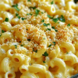 - 2 cups elbow macaroni - 4 cups shredded sharp cheddar cheese - 1 cup shredded mozzarella cheese - 1/2 cup grated Parmesan cheese - 4 tablespoons unsalted butter - 1/4 cup all-purpose flour - 4 cups milk (whole or 2%) - 1 teaspoon garlic powder - 1 teaspoon onion powder - 1/2 teaspoon smoked paprika - Salt and pepper to taste - 1 cup breadcrumbs (preferably Panko for added crunch) - 2 tablespoons fresh parsley, chopped (for garnish) When I create baked macaroni and cheese, I start with these ingredients. Each one plays a key role in making the dish rich and creamy. If you want to change up the flavor, try different cheeses. Gouda or Gruyère can add a nice twist. If you prefer a lighter option, use low-fat cheese. For those who need gluten-free options, look for gluten-free pasta. Most brands offer elbow macaroni that works well. Just be sure to cook it carefully, as gluten-free pasta can be softer. Use the [Full Recipe] for more details on how to combine these ingredients into a delicious meal. - Preheat your oven to 350°F (175°C). This is the perfect temperature for baking. - Bring a large pot of salted water to a boil. Add 2 cups of elbow macaroni. Cook according to the package. Aim for al dente, which means firm but not hard. Once cooked, drain the pasta and set it aside. - Melt 4 tablespoons of unsalted butter in a large saucepan over medium heat. Wait until the butter is bubbly. - Slowly whisk in 1/4 cup of all-purpose flour to make a roux. Cook for one minute to remove the raw taste of flour. - Gradually pour in 4 cups of milk while whisking. Keep whisking for about 5-7 minutes until the sauce thickens to a creamy consistency. This is key for a rich cheese sauce. - Reduce the heat to low. Stir in 3 cups of sharp cheddar cheese, 1 cup of mozzarella, and 1/2 cup of grated Parmesan cheese. Keep stirring until the cheese melts and the sauce is smooth. - Gently fold the cooked macaroni into the cheese sauce. Make sure each piece is well-coated. - Pour the mixture into a greased 9x13 inch baking dish, spreading it evenly. - Sprinkle the remaining cheese on top. Add 1 cup of breadcrumbs for a crunchy finish. - Bake in the preheated oven for 25-30 minutes. Look for a golden brown top and bubbly edges. This means it's done. Use these steps to create a creamy and delicious baked macaroni and cheese. For the full recipe, check out the details above. Enjoy! To get that rich, creamy texture, focus on your cheese. Use fresh cheese instead of pre-shredded. Pre-shredded cheese often has additives that prevent melting well. For a smooth melt, combine sharp cheddar and mozzarella. The sharpness adds flavor, while mozzarella gives stretch. Timing is key when cooking the pasta. Always cook the elbow macaroni until it is al dente. This means it should be firm to the bite. The pasta will continue to cook in the oven. If overcooked, it can become mushy in your baked dish. Spices can lift your mac and cheese to new heights. I recommend adding a touch of smoked paprika for warmth. Garlic powder and onion powder also add depth. For a kick, try a pinch of cayenne pepper. Adjust the seasoning by tasting as you go. This helps create a flavor that suits your palate. You can also mix in extras like cooked bacon, sautéed onions, or steamed broccoli. These ingredients add flavor and nutrition. Don’t be afraid to play with flavors until you find the right balance. Serving mac and cheese can be both fun and stylish. You can serve it straight from the baking dish for a cozy feel. For a fancier look, scoop individual portions onto plates. Garnishing is key for visual appeal. A sprinkle of fresh parsley adds color and freshness. You might also drizzle a little olive oil on top for shine. A dash of smoked paprika can add a pop of color, too. These small touches can make your dish look as good as it tastes! For the full recipe, be sure to check out the entire guide. {{image_4}} You can easily change the flavor of your baked macaroni and cheese. Adding proteins like bacon or chicken makes it heartier. Simply cook the bacon until crispy, then crumble it into the dish. For chicken, use cooked, shredded pieces mixed right into the cheese sauce. This adds a lovely depth of flavor. Vegetables bring nutrition and color. Think about adding broccoli, spinach, or peas. Steam the veggies lightly before mixing them in. This way, they stay bright and tasty in your dish. Need a vegan or dairy-free option? You can use plant-based cheeses made from nuts or soy. Substitute milk with almond or oat milk for a creamy base. This keeps the dish rich without dairy. For gluten-free needs, swap regular pasta for gluten-free elbow macaroni. There are many great brands available. You can also use gluten-free flour for your roux. Baked macaroni and cheese can take on flavors from around the world. Try adding Italian spices like oregano and basil for a Mediterranean twist. You can mix in sun-dried tomatoes for a burst of flavor. For a Mexican version, add jalapeños, cumin, and pepper jack cheese. Top it with crushed tortilla chips for crunch. This gives your mac and cheese a fun, spicy kick. Each variation makes the dish unique and exciting. Try different ingredients to find your favorite twist on this classic comfort food. Explore the Full Recipe to discover how to create these delicious variations. To keep your baked macaroni and cheese fresh, store it in the fridge. Place it in an airtight container. This helps maintain its creamy texture. It's best to eat leftovers within three to four days. When reheating, use the oven if you can. Preheat it to 350°F (175°C). Place the mac and cheese in a baking dish. Add a splash of milk to keep it moist. Cover with foil to prevent drying. Heat for about 20 minutes, or until hot. This method keeps it creamy and delicious. If you want to save leftovers longer, you can freeze baked macaroni and cheese. First, let it cool to room temperature. Then, place it in an airtight container or freezer bag. Make sure to remove as much air as possible. This helps avoid freezer burn. For best results, eat it within two to three months. When you're ready to eat, thaw it in the fridge overnight. You can also use the microwave for a quick thaw. Reheat it in the oven for the best texture. Just like before, add some milk and cover it to keep it creamy. Now you have a plan for enjoying your rich and creamy delight at any time! How long does baked macaroni and cheese last in the fridge? Baked macaroni and cheese lasts about three to five days in the fridge. Store it in an airtight container. This keeps it fresh and tasty for your next meal. Can you make baked macaroni and cheese ahead of time? Yes, you can make it ahead of time. Prepare the dish and store it in the fridge before baking. Just cover it well. When ready, bake it straight from the fridge, adding a few extra minutes to the cook time. Can I use pre-shredded cheese? Yes, you can use pre-shredded cheese. It saves time and works well. However, fresh cheese melts better and tastes richer. So, choose based on your needs. How do I prevent mac and cheese from drying out? To prevent drying, add a bit more milk before baking. Cover the dish with foil while it bakes. This keeps the steam in, making it creamy and moist. What is the best type of baking dish to use? A 9x13 inch baking dish is ideal for this recipe. It allows even baking and gives a good crust on top. For best results, use a glass or ceramic dish. Do I need a specific type of pasta for this recipe? Elbow macaroni is the classic choice. It holds cheese well and cooks evenly. You can also try cavatappi or shells if you like. They add fun shapes to your dish. We've covered all you need for a great baked mac and cheese. You learned the key ingredients, simple steps, and variations to make it your own. Remember to choose a pasta that cooks well and to melt your cheese just right. These tips will help you serve up a creamy dish everyone will love. Keep experimenting with flavors and enjoy your cooking journey! Your baked mac and cheese will shine at every meal.
