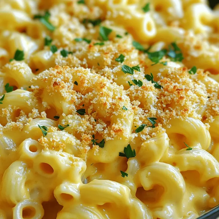 - 2 cups elbow macaroni - 4 cups shredded sharp cheddar cheese - 1 cup shredded mozzarella cheese - 1/2 cup grated Parmesan cheese - 4 tablespoons unsalted butter - 1/4 cup all-purpose flour - 4 cups milk (whole or 2%) - 1 teaspoon garlic powder - 1 teaspoon onion powder - 1/2 teaspoon smoked paprika - Salt and pepper to taste - 1 cup breadcrumbs (preferably Panko for added crunch) - 2 tablespoons fresh parsley, chopped (for garnish) When I create baked macaroni and cheese, I start with these ingredients. Each one plays a key role in making the dish rich and creamy. If you want to change up the flavor, try different cheeses. Gouda or Gruyère can add a nice twist. If you prefer a lighter option, use low-fat cheese. For those who need gluten-free options, look for gluten-free pasta. Most brands offer elbow macaroni that works well. Just be sure to cook it carefully, as gluten-free pasta can be softer. Use the [Full Recipe] for more details on how to combine these ingredients into a delicious meal. - Preheat your oven to 350°F (175°C). This is the perfect temperature for baking. - Bring a large pot of salted water to a boil. Add 2 cups of elbow macaroni. Cook according to the package. Aim for al dente, which means firm but not hard. Once cooked, drain the pasta and set it aside. - Melt 4 tablespoons of unsalted butter in a large saucepan over medium heat. Wait until the butter is bubbly. - Slowly whisk in 1/4 cup of all-purpose flour to make a roux. Cook for one minute to remove the raw taste of flour. - Gradually pour in 4 cups of milk while whisking. Keep whisking for about 5-7 minutes until the sauce thickens to a creamy consistency. This is key for a rich cheese sauce. - Reduce the heat to low. Stir in 3 cups of sharp cheddar cheese, 1 cup of mozzarella, and 1/2 cup of grated Parmesan cheese. Keep stirring until the cheese melts and the sauce is smooth. - Gently fold the cooked macaroni into the cheese sauce. Make sure each piece is well-coated. - Pour the mixture into a greased 9x13 inch baking dish, spreading it evenly. - Sprinkle the remaining cheese on top. Add 1 cup of breadcrumbs for a crunchy finish. - Bake in the preheated oven for 25-30 minutes. Look for a golden brown top and bubbly edges. This means it's done. Use these steps to create a creamy and delicious baked macaroni and cheese. For the full recipe, check out the details above. Enjoy! To get that rich, creamy texture, focus on your cheese. Use fresh cheese instead of pre-shredded. Pre-shredded cheese often has additives that prevent melting well. For a smooth melt, combine sharp cheddar and mozzarella. The sharpness adds flavor, while mozzarella gives stretch. Timing is key when cooking the pasta. Always cook the elbow macaroni until it is al dente. This means it should be firm to the bite. The pasta will continue to cook in the oven. If overcooked, it can become mushy in your baked dish. Spices can lift your mac and cheese to new heights. I recommend adding a touch of smoked paprika for warmth. Garlic powder and onion powder also add depth. For a kick, try a pinch of cayenne pepper. Adjust the seasoning by tasting as you go. This helps create a flavor that suits your palate. You can also mix in extras like cooked bacon, sautéed onions, or steamed broccoli. These ingredients add flavor and nutrition. Don’t be afraid to play with flavors until you find the right balance. Serving mac and cheese can be both fun and stylish. You can serve it straight from the baking dish for a cozy feel. For a fancier look, scoop individual portions onto plates. Garnishing is key for visual appeal. A sprinkle of fresh parsley adds color and freshness. You might also drizzle a little olive oil on top for shine. A dash of smoked paprika can add a pop of color, too. These small touches can make your dish look as good as it tastes! For the full recipe, be sure to check out the entire guide. {{image_4}} You can easily change the flavor of your baked macaroni and cheese. Adding proteins like bacon or chicken makes it heartier. Simply cook the bacon until crispy, then crumble it into the dish. For chicken, use cooked, shredded pieces mixed right into the cheese sauce. This adds a lovely depth of flavor. Vegetables bring nutrition and color. Think about adding broccoli, spinach, or peas. Steam the veggies lightly before mixing them in. This way, they stay bright and tasty in your dish. Need a vegan or dairy-free option? You can use plant-based cheeses made from nuts or soy. Substitute milk with almond or oat milk for a creamy base. This keeps the dish rich without dairy. For gluten-free needs, swap regular pasta for gluten-free elbow macaroni. There are many great brands available. You can also use gluten-free flour for your roux. Baked macaroni and cheese can take on flavors from around the world. Try adding Italian spices like oregano and basil for a Mediterranean twist. You can mix in sun-dried tomatoes for a burst of flavor. For a Mexican version, add jalapeños, cumin, and pepper jack cheese. Top it with crushed tortilla chips for crunch. This gives your mac and cheese a fun, spicy kick. Each variation makes the dish unique and exciting. Try different ingredients to find your favorite twist on this classic comfort food. Explore the Full Recipe to discover how to create these delicious variations. To keep your baked macaroni and cheese fresh, store it in the fridge. Place it in an airtight container. This helps maintain its creamy texture. It's best to eat leftovers within three to four days. When reheating, use the oven if you can. Preheat it to 350°F (175°C). Place the mac and cheese in a baking dish. Add a splash of milk to keep it moist. Cover with foil to prevent drying. Heat for about 20 minutes, or until hot. This method keeps it creamy and delicious. If you want to save leftovers longer, you can freeze baked macaroni and cheese. First, let it cool to room temperature. Then, place it in an airtight container or freezer bag. Make sure to remove as much air as possible. This helps avoid freezer burn. For best results, eat it within two to three months. When you're ready to eat, thaw it in the fridge overnight. You can also use the microwave for a quick thaw. Reheat it in the oven for the best texture. Just like before, add some milk and cover it to keep it creamy. Now you have a plan for enjoying your rich and creamy delight at any time! How long does baked macaroni and cheese last in the fridge? Baked macaroni and cheese lasts about three to five days in the fridge. Store it in an airtight container. This keeps it fresh and tasty for your next meal. Can you make baked macaroni and cheese ahead of time? Yes, you can make it ahead of time. Prepare the dish and store it in the fridge before baking. Just cover it well. When ready, bake it straight from the fridge, adding a few extra minutes to the cook time. Can I use pre-shredded cheese? Yes, you can use pre-shredded cheese. It saves time and works well. However, fresh cheese melts better and tastes richer. So, choose based on your needs. How do I prevent mac and cheese from drying out? To prevent drying, add a bit more milk before baking. Cover the dish with foil while it bakes. This keeps the steam in, making it creamy and moist. What is the best type of baking dish to use? A 9x13 inch baking dish is ideal for this recipe. It allows even baking and gives a good crust on top. For best results, use a glass or ceramic dish. Do I need a specific type of pasta for this recipe? Elbow macaroni is the classic choice. It holds cheese well and cooks evenly. You can also try cavatappi or shells if you like. They add fun shapes to your dish. We've covered all you need for a great baked mac and cheese. You learned the key ingredients, simple steps, and variations to make it your own. Remember to choose a pasta that cooks well and to melt your cheese just right. These tips will help you serve up a creamy dish everyone will love. Keep experimenting with flavors and enjoy your cooking journey! Your baked mac and cheese will shine at every meal.