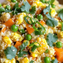- 1 medium head of cauliflower (or 4 cups pre-riced cauliflower) - 1 cup frozen mixed vegetables - 3 green onions - 2 cloves garlic - 2 large eggs - 3 tablespoons soy sauce - 1 tablespoon sesame oil - 1 tablespoon olive or avocado oil - Salt and black pepper - 1 teaspoon grated fresh ginger - Fresh cilantro leaves or sesame seeds for garnish Cauliflower fried rice is a smart choice for a healthy meal. It tastes great and is easy to make. You will need a head of cauliflower to start. You can also use pre-riced cauliflower if you want to save time. This riced cauliflower serves as a perfect base for your dish. Next, gather your colorful mixed vegetables. Frozen mixed vegetables save you prep time and add fun flavors. Green onions add a fresh crunch. Garlic gives a nice aroma. You will also need two eggs for protein. They help bind the dish together. For flavor, you will need soy sauce and sesame oil. They add that classic fried rice taste. Olive or avocado oil works well for cooking. Don’t forget salt and pepper to enhance all the flavors. If you want to boost the flavor even more, consider adding fresh ginger. It adds a nice zing. For a finishing touch, garnish your dish with cilantro or sesame seeds. This adds color and a pop of flavor. Check out the Full Recipe for details on how to put it all together! - Step 1: Prepare the cauliflower If you're using a whole head, cut it into florets. Use a food processor to pulse the florets. Aim for a rice-like texture. If you have pre-riced cauliflower, just set it aside. - Step 2: Heat the oil In a large skillet or wok, pour in olive or avocado oil. Heat it over medium heat until it shimmers. - Step 3: Sauté aromatics Add the minced garlic to the hot oil. If you like ginger, toss it in now. Sauté for about 30 seconds until fragrant, but don’t let it burn. - Step 4: Cook the vegetables Stir in the frozen mixed vegetables. Cook for about 3-4 minutes until tender and heated through. - Step 5: Scramble the eggs Push the vegetable mix to one side of the skillet. Pour the beaten eggs into the empty space. Scramble the eggs until fully set, then mix them with the veggies. - Step 6: Add cauliflower rice Pour the riced cauliflower into the skillet. Stir all the ingredients together. Cook for an additional 5-7 minutes until the cauliflower is tender and golden. - Step 7: Season the mixture Add the soy sauce and sesame oil. Stir thoroughly to coat everything evenly. Taste and season with salt and black pepper if needed. - Step 8: Finish with green onions Sprinkle the sliced green onions on top. Mix gently to spread them throughout the fried rice. - Step 9: Serve hot Remove the skillet from the heat. Serve your cauliflower fried rice hot. For extra flavor, garnish with fresh cilantro leaves or a sprinkle of sesame seeds. Enjoy this tasty dish! For more details, check the Full Recipe. To rice cauliflower, you can use a food processor or a box grater. If you use a food processor, pulse the florets until they look like rice. Be careful not to over-process them. This can turn your cauliflower mushy. Using a box grater gives you more control, but it takes longer. For the best texture, cook the cauliflower for about 5 to 7 minutes. You want it tender but not mushy. Stir it often to ensure even cooking. Fresh herbs can really boost the flavor of your dish. Try adding cilantro or basil just before serving. These herbs add freshness and brightness. You can also use alternative sauces. If you want a kick, try sriracha or teriyaki sauce instead of soy sauce. Cauliflower is low in calories and high in nutrients. It is a great source of vitamins C and K. It also has antioxidants that can benefit your health. One big plus is that cauliflower is low in carbs. This makes it a great choice for anyone on a low-carb diet. It can replace traditional rice without losing flavor or satisfaction. Enjoy your delicious and healthy cauliflower fried rice with these tips! {{image_4}} You can boost the protein in your cauliflower fried rice. Try adding chicken, shrimp, or tofu. These choices add flavor and texture. If you want to make them even tastier, marinate your proteins before cooking. Use soy sauce, garlic, and ginger for a simple marinade. Let them soak for at least 30 minutes. This step makes a big difference. Don’t be afraid to switch up the veggies. You can use many different vegetables in your fried rice. Some great options include bell peppers, broccoli, or zucchini. Think about what's in season, too! Fresh, seasonal vegetables often taste better and are more nutritious. Mix and match based on what you like or have on hand. If you need to make dietary changes, cauliflower fried rice is very flexible. For gluten-free options, use tamari instead of soy sauce. This swap keeps the flavor while meeting your needs. If you're vegan, skip the eggs. You can add more veggies or an extra serving of tofu for protein. The dish remains tasty and filling without the eggs. For the full recipe, check out the Cauliflower Fried Rice section. To store leftover cauliflower fried rice, place it in an airtight container. This keeps the rice fresh and prevents odors. Your fried rice will stay good for about 3 to 5 days in the fridge. Make sure it cools down to room temperature before sealing it. This helps avoid moisture buildup, which can make it soggy. If you want to keep your cauliflower fried rice longer, freezing is a great option. Place the cooled fried rice in a freezer-safe bag or container. Try to remove as much air as possible to prevent freezer burn. It can last for about 2 to 3 months in the freezer. To thaw, simply move the container to the fridge for several hours or overnight. You can also use the microwave on the defrost setting. This is quick but may make the rice a bit wet. When you’re ready to enjoy your cauliflower fried rice, reheat it in a skillet over medium heat. This method brings back the texture. Stir frequently to heat it evenly. If it seems dry, add a splash of water or soy sauce. To avoid sogginess, do not cover the pan while reheating. This helps steam escape and keeps the rice from getting mushy. Enjoy your meal, knowing it can taste just as good as the first time! You can rice cauliflower in two easy ways. First, use a food processor. Cut the cauliflower into small florets. Place them in the processor. Pulse until they look like rice. Second, use a box grater. Grate the florets on the large holes. Both methods work well. I suggest the food processor for speed. Yes, you can prepare cauliflower fried rice ahead of time. Cook it fully and let it cool. Store it in an airtight container in the fridge. It will stay fresh for about three days. To reheat, use a skillet over medium heat. Add a splash of water to keep it from drying out. One common mistake is overcooking the cauliflower. It can turn mushy and lose its texture. Another mistake is using too much liquid, which makes the dish watery. Stick to the recipe for the right amount of soy sauce. This keeps your fried rice tasty and firm. Yes, cauliflower fried rice is keto-friendly. A cup of riced cauliflower has about 5 grams of carbs. This is much lower than regular rice, which has around 45 grams. It fits well in a low-carb diet. Enjoy it without guilt while keeping your carb count low! Cauliflower fried rice is a tasty and healthy dish. We covered essential ingredients, step-by-step cooking methods, and tips to ensure flavor and texture. You can customize it with proteins or veggies to suit your taste. Proper storage helps maintain freshness, and reheating ensures it stays delicious. This dish is a great low-carb option, perfect for meal prep. Enjoy your culinary adventure with cauliflower fried rice! It's simple, fun, and satisfying. Keep experimenting with different flavors to make it your own. Happy cooking!