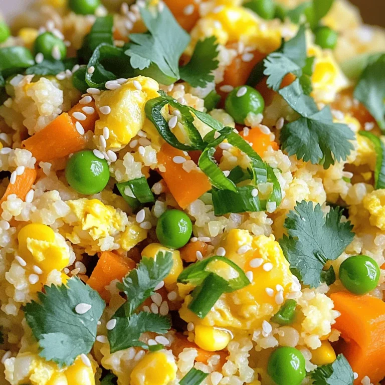 - 1 medium head of cauliflower (or 4 cups pre-riced cauliflower) - 1 cup frozen mixed vegetables - 3 green onions - 2 cloves garlic - 2 large eggs - 3 tablespoons soy sauce - 1 tablespoon sesame oil - 1 tablespoon olive or avocado oil - Salt and black pepper - 1 teaspoon grated fresh ginger - Fresh cilantro leaves or sesame seeds for garnish Cauliflower fried rice is a smart choice for a healthy meal. It tastes great and is easy to make. You will need a head of cauliflower to start. You can also use pre-riced cauliflower if you want to save time. This riced cauliflower serves as a perfect base for your dish. Next, gather your colorful mixed vegetables. Frozen mixed vegetables save you prep time and add fun flavors. Green onions add a fresh crunch. Garlic gives a nice aroma. You will also need two eggs for protein. They help bind the dish together. For flavor, you will need soy sauce and sesame oil. They add that classic fried rice taste. Olive or avocado oil works well for cooking. Don’t forget salt and pepper to enhance all the flavors. If you want to boost the flavor even more, consider adding fresh ginger. It adds a nice zing. For a finishing touch, garnish your dish with cilantro or sesame seeds. This adds color and a pop of flavor. Check out the Full Recipe for details on how to put it all together! - Step 1: Prepare the cauliflower If you're using a whole head, cut it into florets. Use a food processor to pulse the florets. Aim for a rice-like texture. If you have pre-riced cauliflower, just set it aside. - Step 2: Heat the oil In a large skillet or wok, pour in olive or avocado oil. Heat it over medium heat until it shimmers. - Step 3: Sauté aromatics Add the minced garlic to the hot oil. If you like ginger, toss it in now. Sauté for about 30 seconds until fragrant, but don’t let it burn. - Step 4: Cook the vegetables Stir in the frozen mixed vegetables. Cook for about 3-4 minutes until tender and heated through. - Step 5: Scramble the eggs Push the vegetable mix to one side of the skillet. Pour the beaten eggs into the empty space. Scramble the eggs until fully set, then mix them with the veggies. - Step 6: Add cauliflower rice Pour the riced cauliflower into the skillet. Stir all the ingredients together. Cook for an additional 5-7 minutes until the cauliflower is tender and golden. - Step 7: Season the mixture Add the soy sauce and sesame oil. Stir thoroughly to coat everything evenly. Taste and season with salt and black pepper if needed. - Step 8: Finish with green onions Sprinkle the sliced green onions on top. Mix gently to spread them throughout the fried rice. - Step 9: Serve hot Remove the skillet from the heat. Serve your cauliflower fried rice hot. For extra flavor, garnish with fresh cilantro leaves or a sprinkle of sesame seeds. Enjoy this tasty dish! For more details, check the Full Recipe. To rice cauliflower, you can use a food processor or a box grater. If you use a food processor, pulse the florets until they look like rice. Be careful not to over-process them. This can turn your cauliflower mushy. Using a box grater gives you more control, but it takes longer. For the best texture, cook the cauliflower for about 5 to 7 minutes. You want it tender but not mushy. Stir it often to ensure even cooking. Fresh herbs can really boost the flavor of your dish. Try adding cilantro or basil just before serving. These herbs add freshness and brightness. You can also use alternative sauces. If you want a kick, try sriracha or teriyaki sauce instead of soy sauce. Cauliflower is low in calories and high in nutrients. It is a great source of vitamins C and K. It also has antioxidants that can benefit your health. One big plus is that cauliflower is low in carbs. This makes it a great choice for anyone on a low-carb diet. It can replace traditional rice without losing flavor or satisfaction. Enjoy your delicious and healthy cauliflower fried rice with these tips! {{image_4}} You can boost the protein in your cauliflower fried rice. Try adding chicken, shrimp, or tofu. These choices add flavor and texture. If you want to make them even tastier, marinate your proteins before cooking. Use soy sauce, garlic, and ginger for a simple marinade. Let them soak for at least 30 minutes. This step makes a big difference. Don’t be afraid to switch up the veggies. You can use many different vegetables in your fried rice. Some great options include bell peppers, broccoli, or zucchini. Think about what's in season, too! Fresh, seasonal vegetables often taste better and are more nutritious. Mix and match based on what you like or have on hand. If you need to make dietary changes, cauliflower fried rice is very flexible. For gluten-free options, use tamari instead of soy sauce. This swap keeps the flavor while meeting your needs. If you're vegan, skip the eggs. You can add more veggies or an extra serving of tofu for protein. The dish remains tasty and filling without the eggs. For the full recipe, check out the Cauliflower Fried Rice section. To store leftover cauliflower fried rice, place it in an airtight container. This keeps the rice fresh and prevents odors. Your fried rice will stay good for about 3 to 5 days in the fridge. Make sure it cools down to room temperature before sealing it. This helps avoid moisture buildup, which can make it soggy. If you want to keep your cauliflower fried rice longer, freezing is a great option. Place the cooled fried rice in a freezer-safe bag or container. Try to remove as much air as possible to prevent freezer burn. It can last for about 2 to 3 months in the freezer. To thaw, simply move the container to the fridge for several hours or overnight. You can also use the microwave on the defrost setting. This is quick but may make the rice a bit wet. When you’re ready to enjoy your cauliflower fried rice, reheat it in a skillet over medium heat. This method brings back the texture. Stir frequently to heat it evenly. If it seems dry, add a splash of water or soy sauce. To avoid sogginess, do not cover the pan while reheating. This helps steam escape and keeps the rice from getting mushy. Enjoy your meal, knowing it can taste just as good as the first time! You can rice cauliflower in two easy ways. First, use a food processor. Cut the cauliflower into small florets. Place them in the processor. Pulse until they look like rice. Second, use a box grater. Grate the florets on the large holes. Both methods work well. I suggest the food processor for speed. Yes, you can prepare cauliflower fried rice ahead of time. Cook it fully and let it cool. Store it in an airtight container in the fridge. It will stay fresh for about three days. To reheat, use a skillet over medium heat. Add a splash of water to keep it from drying out. One common mistake is overcooking the cauliflower. It can turn mushy and lose its texture. Another mistake is using too much liquid, which makes the dish watery. Stick to the recipe for the right amount of soy sauce. This keeps your fried rice tasty and firm. Yes, cauliflower fried rice is keto-friendly. A cup of riced cauliflower has about 5 grams of carbs. This is much lower than regular rice, which has around 45 grams. It fits well in a low-carb diet. Enjoy it without guilt while keeping your carb count low! Cauliflower fried rice is a tasty and healthy dish. We covered essential ingredients, step-by-step cooking methods, and tips to ensure flavor and texture. You can customize it with proteins or veggies to suit your taste. Proper storage helps maintain freshness, and reheating ensures it stays delicious. This dish is a great low-carb option, perfect for meal prep. Enjoy your culinary adventure with cauliflower fried rice! It's simple, fun, and satisfying. Keep experimenting with different flavors to make it your own. Happy cooking!