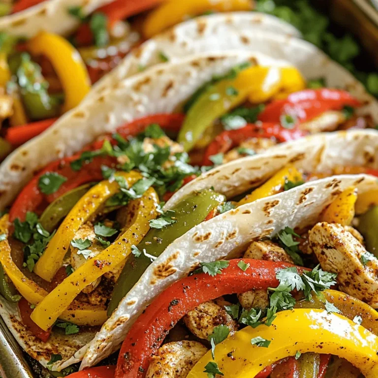 To make the best sheet pan fajitas, gather these fresh and tasty ingredients. The right mix will bring out bold flavors in every bite. - Chicken Breast and Vegetables - 1 lb chicken breast, thinly sliced - 1 red bell pepper, sliced into strips - 1 yellow bell pepper, sliced into strips - 1 green bell pepper, sliced into strips - 1 red onion, sliced into thin wedges - Spices and Seasonings - 3 tablespoons olive oil - 2 teaspoons chili powder - 1 teaspoon ground cumin - 1 teaspoon garlic powder - 1 teaspoon onion powder - 1 teaspoon smoked paprika - Salt and freshly ground black pepper, to taste - Tortillas and Garnishes - Fresh cilantro, finely chopped (for garnish) - Tortillas (small, corn or flour, for serving) These ingredients form the base of your fajitas. Fresh veggies and juicy chicken blend perfectly with spices. This combination ensures each bite bursts with flavor. You can find the detailed cooking steps in the Full Recipe. Enjoy cooking! - Preheat the Oven Start by preheating your oven to 425°F (220°C). This step is key for cooking the fajitas evenly. - Prepare the Chicken and Vegetables In a big bowl, add the thinly sliced chicken. Then, toss in the red, yellow, and green bell peppers. Add the red onion next. Mix all the ingredients well. This ensures every bite is flavorful. - Mix the Seasoning In a small bowl, whisk together olive oil, chili powder, ground cumin, garlic powder, onion powder, and smoked paprika. Don’t forget to add salt and pepper. This blend will make your fajitas pop with taste. - Coat and Arrange on Sheet Pan Pour the seasoning mix over the chicken and veggies. Use your hands or a spatula to coat everything well. Spread the mixture on a large sheet pan. Make sure it’s in a single layer to cook evenly. - Bake and Stir Place the sheet pan in the oven. Bake for 20-25 minutes. Halfway through, take it out and stir gently. This step helps the chicken cook through and the veggies caramelize. - Final Touches Before Serving Once done, take the pan out of the oven. Let it cool for a couple of minutes. Warm your tortillas in a skillet or microwave. Spoon the fajita mix into the tortillas and top with fresh cilantro. Enjoy your sizzling sheet pan fajitas! For more details, check the Full Recipe. - Ensuring Even Cooking To achieve even cooking, cut your chicken and veggies into uniform pieces. This way, they all cook at the same rate. Spread them out on the sheet pan in a single layer. Don't overcrowd the pan; this helps everything roast nicely. - Flavor Enhancements To boost flavor, marinate the chicken for at least 30 minutes before cooking. This extra time allows the spices to penetrate the meat. You can also add lime juice or diced jalapeños for a zesty kick. Fresh herbs, like cilantro, add brightness when serving. - Best Tortilla Options Use small corn or flour tortillas, depending on your taste. Corn tortillas offer a more traditional flavor, while flour tortillas are softer. Warm them up before serving to make them more pliable. - Presentation Ideas Serve the fajitas on a large platter. Arrange the tortillas nearby for easy access. Add lime wedges and extra cilantro for color and flavor. Encourage guests to build their own fajitas. This makes for a fun and interactive meal. For the complete recipe, check out the [Full Recipe]. {{image_4}} You can swap the chicken for other proteins. Try beef, shrimp, or tofu. Each option brings a unique taste. For beef, use flank steak, sliced thin. For shrimp, choose large, deveined pieces. Tofu works well, too; just press and cube it before cooking. Feel free to mix up the veggies. Zucchini, mushrooms, or corn are great choices. You can also use sweet potatoes for a hearty touch. Each veggie adds its own flavor and texture, making your fajitas fun and fresh. Want more heat? Add sliced jalapeños or a pinch of cayenne pepper. If you prefer milder fajitas, skip the spicy elements. You can also use a taco seasoning mix for a different flavor punch. Try different marinades for new flavors. A lime juice and honey mix adds sweetness. You can also use soy sauce and ginger for an Asian twist. Each marinade creates a unique taste, making every meal exciting. For the full recipe, check out Sizzling Sheet Pan Fajitas. Refrigeration Guidelines After enjoying your sheet pan fajitas, store leftovers in an airtight container. Keep them in the fridge for up to three days. Make sure to let the fajitas cool first. This prevents extra moisture inside the container. Freezing Instructions To freeze, place the cooled fajitas in a freezer-safe bag. Remove as much air as possible before sealing. They can last up to three months in the freezer. When you're ready, thaw them overnight in the fridge before reheating. Best Methods for Freshness For best results, reheat your fajitas in the oven. Preheat it to 350°F (175°C). Spread the fajitas on a baking sheet and warm for about 10-15 minutes. This keeps the chicken juicy and the veggies crisp. You can also use the microwave. Place the fajitas on a microwave-safe plate; cover with a damp paper towel. Heat in 30-second bursts until warm. This method is quick but may not keep the same texture as the oven. Remember, enjoy your fajitas fresh for the best taste! For the full recipe, check out the details above. How to make Sheet Pan Fajitas? To make Sheet Pan Fajitas, start by preheating your oven to 425°F (220°C). Slice 1 lb of chicken breast and your favorite bell peppers and onion. Mix olive oil and spices in a bowl, then toss everything together. Spread it on a sheet pan and bake for 20-25 minutes. Can I make these fajitas vegetarian? Yes, you can easily make these fajitas vegetarian. Just replace the chicken with sliced mushrooms or zucchini. Use the same spices and bake as usual. You will still get great flavor and texture. What sides pair well with Fajitas? Fajitas taste great with sides like rice, beans, or guacamole. You can also serve them with a fresh salad or corn on the cob. These add color and taste to your meal. Can I use frozen chicken? Using frozen chicken is not the best choice. It may not cook evenly. If you must use frozen chicken, ensure it fully thaws before cooking. This helps it cook properly and stay juicy. How long do leftovers last? Leftovers can last 3-4 days in the fridge. Store them in an airtight container. When you want to eat them again, just reheat in the oven or microwave. They will still taste delicious! This blog post covers sheet pan fajitas, from ingredients to serving tips. You learned about chicken, vegetables, and spices. I shared step-by-step instructions for prep and cooking. Tips included ensuring even cooking and best tortilla options. We also discussed variations for flavors and ingredients. As you dive into making these fajitas, remember to store leftovers properly for freshness. Now you have all the tools to enjoy delicious fajitas at home. Get cooking, and savor every bite!