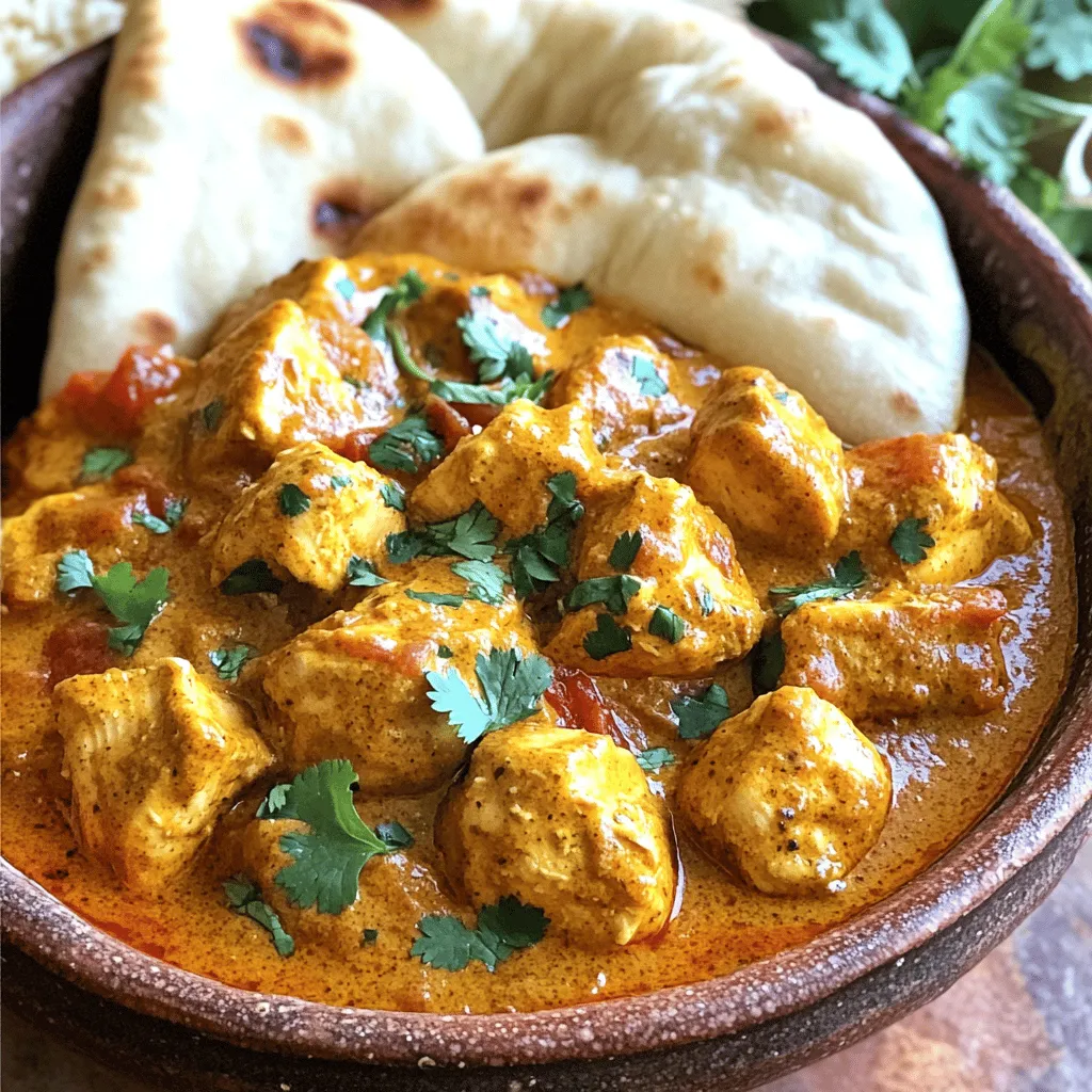 To make a tasty chicken tikka masala, gather these key ingredients: - 1.5 lbs boneless, skinless chicken thighs, diced - 1 cup plain yogurt - 2 tablespoons fresh lemon juice - 2 tablespoons garam masala - 1 tablespoon ground cumin - 1 teaspoon turmeric powder - 1 teaspoon smoked paprika - 1 teaspoon salt - 1/2 teaspoon freshly ground black pepper - 2 tablespoons vegetable oil - 1 medium onion, finely chopped - 4 cloves garlic, minced - 1 tablespoon fresh ginger, minced - 1 can (14 oz) crushed tomatoes - 1 cup creamy coconut milk - Fresh cilantro leaves, chopped, for garnish These ingredients create a rich and satisfying dish. The chicken thighs stay juicy and tender, while the yogurt adds creaminess and flavor. The spices are the heart of this dish. They give it depth and warmth. The marinade includes: - Garam masala: This spice blend brings warmth and complexity. - Ground cumin: Adds a nice earthy flavor. - Turmeric: Gives a bright color and a hint of bitterness. - Smoked paprika: Adds a subtle smokiness. - Black pepper: Provides a little heat. Mix these spices with yogurt and lemon juice. This marinade helps the chicken soak up all those flavors. Marinate for at least 30 minutes, but overnight is best for full flavor. While chicken tikka masala shines on its own, garnishes can elevate your dish. Here are some ideas: - Fresh cilantro: Sprinkle on top for a fresh finish. - Sliced green chilies: Add for an extra kick. - Cream or yogurt drizzle: For added creaminess. Serve your chicken tikka masala with sides like: - Fluffy steamed rice: It soaks up the sauce well. - Warm naan: Perfect for scooping up the chicken. These options enhance your meal. They make each bite even more enjoyable. Check out the Full Recipe for more details on preparation! First, grab a medium mixing bowl. In this bowl, mix together: - 1 cup plain yogurt - 2 tablespoons fresh lemon juice - 2 tablespoons garam masala - 1 tablespoon ground cumin - 1 teaspoon turmeric powder - 1 teaspoon smoked paprika - 1 teaspoon salt - 1/2 teaspoon freshly ground black pepper Whisk these ingredients until they blend well. Next, take 1.5 lbs of boneless, skinless chicken thighs. Dice them into bite-sized pieces and add them to the marinade. Make sure each piece gets coated. Cover the bowl and let it sit for at least 30 minutes. For better taste, refrigerate it overnight. Now, turn on your Instant Pot and set it to 'Sauté' mode. Once it heats up, pour in 2 tablespoons of vegetable oil. After a moment, add 1 finely chopped medium onion. Sauté this for about 5 minutes. You want it to be soft and translucent. Next, mix in 4 minced garlic cloves and 1 tablespoon of minced fresh ginger. Sauté this for another minute. You will smell the lovely aroma. Now, add the marinated chicken and all the marinade to the pot. Cook for about 3-5 minutes, stirring now and then, until the chicken is brown and no longer pink. After that, pour in 1 can of crushed tomatoes and 1 cup of creamy coconut milk. Stir well to combine everything into a tasty sauce. Cancel the sauté mode. Secure the lid and set your Instant Pot to 'Pressure Cook' on high for 10 minutes. When the cooking is done, let the pressure release naturally for 5 minutes. Then, carefully switch the valve to quick release to let out any remaining steam. Open the lid and stir the chicken tikka masala gently. Taste it and add more salt if you think it needs it. If the sauce is too thick, add a splash of water or more coconut milk. Now, serve your Chicken Tikka Masala hot. Top with chopped fresh cilantro. Pair it with fluffy steamed rice or warm naan for the best meal. To see the full recipe, check out the details above. Enjoy your cooking! For the best flavor, marinate your chicken for at least 30 minutes. However, for deeper taste, let it sit overnight. Marinating allows the spices to soak in. The yogurt also tenderizes the chicken, making it juicy. You can easily adjust the spice levels in this dish. For a mild version, reduce the garam masala and skip the smoked paprika. If you like it spicy, add more garam masala or include chili powder. You can also toss in fresh chilies for extra heat. Taste as you go to find your perfect balance. One common mistake is not using enough marinade. Ensure each piece of chicken gets coated well. Another mistake is skipping the natural pressure release. It helps the flavors meld better. Lastly, don’t rush the sautéing step. This builds flavor in the base. Follow these tips for the best Instant Pot Chicken Tikka Masala. For the full recipe, check the details above. {{image_4}} You can easily switch chicken for tofu or paneer. Both options soak up flavors well. Tofu gives a nice texture. Use firm tofu for best results. Cube it the same size as chicken. For paneer, cut it into bite-sized pieces too. Add them to the marinade just like chicken. Cook them until they are golden. This makes your dish hearty and filling. Want to try a seafood twist? You can use fish or shrimp instead of chicken. Choose firm fish like salmon or cod. Cut it into chunks to match the chicken size. Shrimp is also a great choice. Just peel and devein them before cooking. Add seafood later in the cooking process. This will keep it tender and juicy. Both options add a new layer of flavor to your meal. You can give your Chicken Tikka Masala a unique twist with nuts or dried fruits. Adding cashews or almonds brings a nice crunch. You can toast them in the pot before cooking. Dried fruits like raisins or apricots add sweetness. Toss them in with the sauce for a rich taste. These additions create a delightful mix of flavors and textures. It makes the dish even more interesting! To store leftover chicken tikka masala, let it cool first. Place it in an airtight container. Make sure to seal it well. You can keep it in the fridge for about 3 to 4 days. This helps maintain its great taste and texture. If you want to enjoy it later, freezing is a good option. If you want to freeze chicken tikka masala, use a freezer-safe container. Store it in portions for easy use later. It can last for up to 3 months in the freezer. Be sure to label the container with the date. This way, you will know when to use it. When you’re ready to eat the chicken tikka masala, thaw it in the fridge overnight. You can reheat it on the stove over low heat. Stir it often to keep it from sticking. You can also use the microwave. Heat it in short bursts, stirring in between. If it seems thick, add a splash of water or coconut milk to keep it creamy. Enjoy your meal! Yes, you can use chicken breast. Chicken breast cooks faster than thighs. It will still taste good. However, it may be less juicy. Thighs have more fat, which adds flavor. If you prefer breast, cut it into small pieces. Adjust the cooking time slightly if needed. Chicken Tikka Masala pairs well with many sides. Here are some options: - Fluffy steamed rice - Warm naan bread - Roasted vegetables - Fresh salad - Cool cucumber raita Each option adds flavor and texture to your meal. Rice and naan soak up the sauce well. To make this dish gluten-free, use gluten-free naan or rice. Ensure all spices are gluten-free too. Most spices are safe, but check labels. Avoid using any soy sauce or ingredients with gluten. This way, you can enjoy Chicken Tikka Masala without worry. For the full recipe, check the detailed steps above. In this blog post, we covered how to make Chicken Tikka Masala in an Instant Pot. We explored essential ingredients, spices, and optional garnishes. You learned step-by-step instructions to prepare and cook the dish. I shared tips on marination and spice levels. We even looked at tasty variations and smart storage tips. Embrace this recipe for flavorful meals. With practice, you will master it easily!