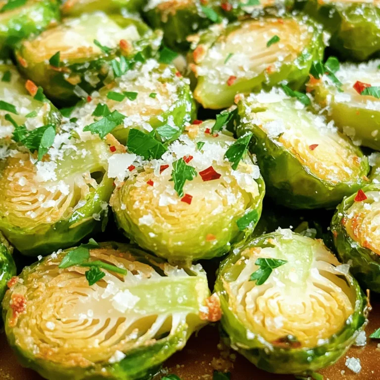 - 1 lb Brussels sprouts, trimmed and halved - 4 cloves garlic, minced - 3 tablespoons olive oil - 1/2 cup Parmesan cheese, freshly grated - 1 teaspoon garlic powder - 1/2 teaspoon red pepper flakes (optional) - Sea salt and black pepper to taste - Fresh parsley for garnish (optional) Using fresh ingredients makes a big difference. Brussels sprouts bring a lovely crunch. Garlic adds wonderful flavor, while Parmesan gives a cheesy touch. The olive oil helps everything roast well. I often add red pepper flakes for a little kick, but you can skip them if you prefer. Fresh parsley adds a nice pop of color and freshness at the end. - Mixing bowl - Baking sheet - Parchment paper or cooking spray - Spatula Having the right tools makes cooking easier. A mixing bowl helps you combine everything well. A baking sheet is perfect for roasting. Lining it with parchment paper keeps the sprouts from sticking. A spatula helps you toss the Brussels sprouts, ensuring even coating with those tasty seasonings. For the full recipe, check out the section above! - Preheat the oven to 400°F (200°C). - Trim and halve the Brussels sprouts. - In a bowl, mix the Brussels sprouts with minced garlic, olive oil, garlic powder, red pepper flakes, sea salt, and black pepper. - Toss well to coat the sprouts evenly. - Spread the Brussels sprouts on a baking sheet in one layer, cut sides down. - Roast for 20 minutes, until they start to soften and brown. - Take the baking sheet out and sprinkle the grated Parmesan cheese over the sprouts. - Return the baking sheet to the oven and roast for an extra 10-15 minutes, until golden brown and crispy. Enjoy the full recipe for more details! Roasting Brussels sprouts right makes a big difference. Use a single layer on the baking sheet. This helps them roast evenly. Place the cut sides down for that perfect brown edge. Turning them halfway can also help. For crispy edges, roast at a high heat. Aim for 400°F (200°C). This temperature works magic, making them golden and crunchy. You can easily boost the flavor of your Brussels sprouts. Lemon juice adds a bright zing. Try drizzling some balsamic vinegar too for a sweet twist. If you like spice, add more red pepper flakes. Adjust the amount based on your taste. A hint of smoked paprika can also add depth. Experimenting is key! Serving your dish well makes it even more appetizing. Use a stylish bowl to show off those roasted sprouts. Drizzle a bit of olive oil on top for shine. A lemon wedge on the side adds a pop of color. Fresh parsley makes a lovely garnish too. It not only looks nice but adds freshness. Consider using a warm serving dish to keep them hot longer. {{image_4}} You can switch up the cheese for this dish. Asiago offers a nice, sharp taste. Cheddar can add a creamy texture and rich flavor. For those avoiding dairy, try vegan cheese. Brands like Daiya or nutritional yeast give a great cheesy vibe without the milk. Brussels sprouts are fantastic, but you can add more veggies. Carrots bring sweetness and color. Radishes add a nice crunch and peppery bite. Don’t forget about nuts or seeds! Almonds or pumpkin seeds can give a delightful crunch and boost nutrition. Changing herbs can give new life to your dish. Thyme has a lovely earthy taste, while rosemary adds a bold flavor. For a touch of sweetness, consider honey or maple syrup. If you like heat, throw in some chili flakes or sriracha. These changes make this dish exciting and versatile. For the full recipe, check out the main article. To keep your Garlic Parmesan Roasted Brussels Sprouts fresh, store them in an airtight container. Place them in the fridge after they cool down. They can last for about 3 to 5 days. Just make sure to seal the container tightly to avoid moisture. To enjoy your leftovers, reheating them properly is key. The oven is your best friend here. Preheat it to 350°F (175°C). Spread the sprouts on a baking sheet and heat for about 10 minutes. This way, they stay crispy. If you’re short on time, you can use the microwave. But be careful! Microwaving can make them soggy. If you choose this method, heat them in short bursts. Check every 30 seconds until warm. Enjoy the crunch again! For crispy Brussels sprouts, roast them for 30 to 35 minutes. Start with 20 minutes at 400°F (200°C) to let them soften. Then, add Parmesan and roast for another 10 to 15 minutes. This gives you that nice golden brown color and crunch. Yes, you can use frozen Brussels sprouts! But you need to change your cooking time. First, thaw them and drain any excess water. Then, roast them for about 5 to 10 minutes longer than fresh ones. This helps them cook through and get crispy. Garlic Parmesan Roasted Brussels sprouts go great with many dishes. Pair them with baked chicken or grilled fish for a tasty meal. They also work well as a side for steak or pork chops. You can even serve them with pasta for a veggie boost. For more ideas, check the Full Recipe for tips on sides! Roasting Brussels sprouts is simple and fun. You learned about key ingredients and tools, and I shared easy steps to roast them perfectly. Tips for flavor and presentation can elevate your dish. You can also explore variations with different cheeses and add-ins. Lastly, I covered how to store and reheat leftovers. Enjoy making these crispy, tasty Brussels sprouts!