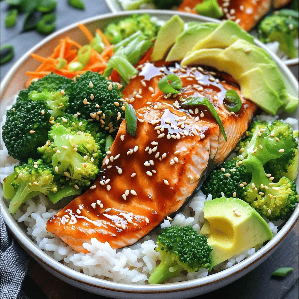 To make the teriyaki salmon bowls, you need: - 2 salmon fillets (approximately 6 oz each) - 1/4 cup low-sodium soy sauce - 2 tablespoons honey or maple syrup - 1 tablespoon rice vinegar - 1 tablespoon sesame oil - 1 teaspoon freshly grated ginger - 2 garlic cloves, minced - 1 cup cooked jasmine rice - 1 cup steamed broccoli florets - 1/2 cup shredded carrots - 1 avocado, sliced - 1 tablespoon sesame seeds, for garnish - 2 green onions, chopped, for garnish These ingredients create a flavorful dish that balances sweet and savory notes. You can add a few items to enhance the bowl’s look and taste: - Lime wedges for a zesty kick - Fresh cilantro leaves for added freshness - Red pepper flakes for a spicy touch These garnishes make your bowls even more appealing and tasty. If you lack some ingredients, don't worry! Here are some ideas: - Replace salmon with chicken or tofu for a different protein. - Use tamari instead of soy sauce for a gluten-free option. - Swap jasmine rice with brown rice or quinoa for a healthier grain. - Try agave syrup if you don’t have honey or maple syrup. These substitutions keep the dish tasty while catering to your needs and preferences. To start, make the teriyaki sauce. In a small bowl, mix the soy sauce, honey, rice vinegar, sesame oil, grated ginger, and minced garlic. Whisk everything together until it’s smooth. This sauce adds a sweet and savory kick to your salmon. You can save half of the sauce for later. Next, it’s time to marinate the salmon. Place the salmon fillets in a shallow dish or a resealable bag. Pour half of the teriyaki sauce over the fillets. Make sure each fillet is well-coated. Cover the dish with plastic wrap or seal the bag. Let it sit in the fridge for at least 15 minutes. Marinating helps the salmon soak up all that yummy flavor. Now, let’s cook the salmon. Heat a non-stick skillet or grill pan over medium-high heat. Once it’s hot, take the salmon out of the marinade, and throw away any leftover sauce. Place the fillets in the pan. Cook each side for about 4 to 5 minutes. You know it’s done when the salmon flakes easily with a fork. Finally, assemble your bowls. In two serving bowls, put the cooked jasmine rice as the base. On top of the rice, arrange the steamed broccoli, shredded carrots, and sliced avocado. Carefully place a salmon fillet on each bowl. Drizzle the remaining teriyaki sauce over the salmon and veggies for extra flavor. Finish by sprinkling sesame seeds and chopped green onions on top. For the full recipe, check out the detailed instructions provided earlier. Enjoy your colorful and tasty teriyaki salmon bowls! To cook salmon just right, use a non-stick skillet. Heat it to medium-high. This helps to sear the fish nicely. Cook the salmon for about 4 to 5 minutes on each side. You want it to flake easily with a fork. If you like it less cooked, check it earlier. Fresh salmon has a rich flavor, so don’t overcook it. When serving Teriyaki Salmon Bowls, think about color and texture. Start with a base of fluffy jasmine rice. Add vibrant steamed broccoli and crunchy shredded carrots. Sliced avocado gives a creamy touch. You can also add pickled vegetables for a tangy bite. For a final touch, sprinkle sesame seeds and green onions. This adds flavor and makes the dish look great. Drizzling extra teriyaki sauce boosts the taste. After cooking, save some sauce from marinating. Spoon it over the salmon and veggies. This adds a sweet and salty kick. If you want more heat, add a dash of chili oil. This small step makes a big difference in flavor. For more options, try different sauces or garnishes. It’s fun to mix and match! For the complete recipe, check out the Full Recipe section above. {{image_4}} If you want a plant-based option, try tofu. Tofu soaks up flavor well. Use firm tofu for the best texture. Press it to remove extra water. Cut it into cubes and marinate in the teriyaki sauce just like the salmon. Cook it in the same way and enjoy the tasty results. Chicken is also a great choice. Use boneless, skinless chicken thighs or breasts. Marinate and cook until they reach a safe internal temperature. Both options keep the dish flavorful and satisfying. While broccoli and carrots are classic choices, feel free to mix it up. Snow peas, bell peppers, and bok choy add a crunch and color. You can also try zucchini or snap peas for a fresh twist. Just make sure to steam or sauté them until tender. This allows the veggies to blend well with the teriyaki flavor. Use whatever you have on hand or what is in season for the best taste. For a low-carb meal, skip the rice. Instead, use cauliflower rice. It’s easy to prepare. Simply pulse cauliflower florets in a food processor until they resemble rice. You can also sauté it for a few minutes. To make it gluten-free, choose a gluten-free soy sauce or tamari. This keeps all the flavors intact while accommodating dietary needs. Enjoy your teriyaki salmon bowls with these simple swaps! To store your leftover teriyaki salmon bowls, place them in an airtight container. Make sure the salmon, rice, and veggies are all included. This helps keep everything fresh. You can keep the bowls in the fridge for up to three days. Storing them separately can help maintain the texture of the rice and veggies. When you're ready to enjoy your leftovers, take them out of the fridge. You can use a microwave or a skillet to reheat them. If using a microwave, place the bowl in for about 1-2 minutes. Stir halfway through for even heating. If using a skillet, heat over medium heat. Add a splash of water to help steam the veggies, and cover with a lid. This helps keep everything moist. If you want to save your teriyaki salmon bowls for longer, freezing is a great option. Place the bowls in a freezer-safe container. Make sure to leave some space at the top because food expands when frozen. They can stay fresh for up to two months. To thaw, move the container to the fridge overnight. Reheat as mentioned above. Enjoy your delicious meal again! If you need a soy sauce substitute, try tamari or coconut aminos. Both options have a similar flavor but are gluten-free. You can also use liquid aminos, which give a nice taste too. If you want a sweeter option, try using teriyaki sauce. Just keep in mind that it may change the flavor a bit. Marinate the salmon for at least 15 minutes. This time allows the fish to absorb the teriyaki flavors. You can let it sit for up to an hour for a stronger taste. Just don’t marinate for too long, as the acid from the marinade can make the salmon mushy. Yes, you can prepare some parts ahead of time. Cook the rice and steam the veggies early in the day. You can also marinate the salmon in the morning. Just cook the salmon right before you serve the bowls to keep it fresh. The best way to cook salmon for these bowls is to pan-sear it in a non-stick skillet. Heat the pan over medium-high heat. Cook each side for 4-5 minutes until it flakes easily. This method keeps the fish moist and full of flavor. You can also grill the salmon if you prefer a smoky taste. For the full recipe, check out the earlier section! This blog covered how to make teriyaki salmon bowls from scratch. You learned about the main ingredients and optional garnishes. The guide also included how to prepare the teriyaki sauce and marinate the salmon. I shared tips for perfect cooking and ideas for variations. Don't forget to store leftovers properly for later! Whether you make it traditional or switch to tofu, have fun with this dish. Cooking should be enjoyable, so get creative and try out new flavors. Enjoy your teriyaki salmon bowls!