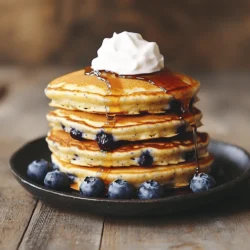 - 1 cup all-purpose flour: This is the base for your pancakes. It gives them structure. - 1 tablespoon granulated sugar: This adds sweetness and helps the pancakes brown. - 1 tablespoon baking powder: This is key for making your pancakes light and fluffy. - 1/2 teaspoon fine sea salt: This enhances the flavors in your pancakes. - 1 cup whole milk: It adds moisture. You can use almond or oat milk if preferred. - 1 large egg: It binds the ingredients together and adds richness. - 2 tablespoons unsalted butter: This adds flavor and moisture. Use coconut oil for a dairy-free option. - 1 teaspoon pure vanilla extract: This gives a lovely aroma and taste. - 1 cup fresh blueberries: They add natural sweetness and vibrant color. Frozen blueberries work too; just thaw and drain them. - Additional butter or oil: For greasing the pan to prevent sticking. - Maple syrup and whipped cream: These are optional but make for a delicious topping. - Always choose fresh blueberries; look for plump, firm ones. - For flour, choose unbleached all-purpose for better flavor. - Buy organic milk and eggs for the best quality and taste. - If possible, get local butter for freshness. - To make gluten-free pancakes, swap all-purpose flour for gluten-free flour. - Use almond milk or coconut milk for a dairy-free version of this recipe. - Replace sugar with honey or maple syrup for a natural sweetener option. Using these tips, you can create the perfect fluffy pancakes with blueberries that fit your taste and dietary needs. Enjoy every bite! To make fluffy pancakes, start with your dry ingredients. Measure 1 cup of all-purpose flour, 1 tablespoon of granulated sugar, 1 tablespoon of baking powder, and 1/2 teaspoon of fine sea salt. Place these in a large mixing bowl. Whisk them together until no lumps remain. This helps the pancakes rise. Next, prepare your wet ingredients. In another bowl, combine 1 cup of whole milk, 1 large egg at room temperature, 2 tablespoons of melted unsalted butter, and 1 teaspoon of pure vanilla extract. Whisk until smooth. Mixing wet ingredients well ensures a uniform batter. Now, it’s time to cook! Preheat your non-stick skillet over medium heat. You want it hot but not smoking. Lightly grease the skillet with butter or oil. For each pancake, pour about 1/4 cup of batter onto the skillet. Watch for bubbles to form on the surface. This process takes about 2-3 minutes. When the edges look set, it’s time to flip. Use a spatula and carefully turn the pancake over. Cook for another 1-2 minutes until golden brown. Once cooked, transfer pancakes to a warm plate. If you’re making more, keep them warm in an oven set to low heat. For serving, stack the pancakes high. Garnish with extra blueberries and a sprinkle of powdered sugar. Drizzle with maple syrup or top with whipped cream for a treat. Enjoy your fluffy blueberry pancakes! For the full recipe, refer to the section above. To make fluffy pancakes, do not overmix the batter. Mixing too much breaks the bubbles that create fluffiness. Stir the batter gently until you see a few lumps. This will help keep your pancakes light and airy. Use the right amounts of ingredients too. The baking powder helps the pancakes rise. If you want taller pancakes, add a little extra baking powder. When choosing blueberries, fresh is best. They are juicy and burst with flavor. If you use frozen blueberries, thaw and drain them first. This keeps the batter from turning purple. To avoid bursting your blueberries, fold them in gently. Do not stir too hard or too fast. This keeps the berries whole and adds nice pops of flavor in every bite. For cooking, choose a non-stick skillet or griddle. This helps the pancakes cook evenly and slide off easily. Preheat it on medium heat before adding batter. Keep your surface well greased with butter or oil. This prevents sticking and helps the pancakes brown nicely. If the surface gets too hot, lower the heat to avoid burning. {{image_4}} You can change the fruits in this recipe. Bananas or strawberries work well. Both fruits add sweetness and flavor. If you need gluten-free pancakes, use almond flour or oat flour. For dairy-free options, try almond milk or oat milk. These swaps keep the pancakes tasty for everyone. You can add spices to make your pancakes special. A hint of lemon zest brightens the flavor. A sprinkle of cinnamon brings warmth. You can also mix in nuts or seeds. Chopped walnuts or sunflower seeds add crunch and make the pancakes even better. Pancakes don't have to be sweet. You can make savory pancakes too. Add cheese and herbs for a fun change. You can serve pancakes stacked high with fresh fruit on top. Drizzle honey or syrup for a sweet touch. You can add yogurt on the side for a creamy finish. Don't forget to explore the Full Recipe for more ideas! To keep your pancakes fresh, let them cool on a wire rack. This helps avoid sogginess. Once cooled, stack them with parchment paper in between each pancake. Use an airtight container for storage. This method keeps them from sticking together. Store them in the fridge for up to three days. You can reheat pancakes in several ways. The microwave is quick but may make them soggy. Heat each pancake for about 20 seconds. For a crispier texture, use a skillet. Heat the skillet on low and add a little butter. Place the pancake in the skillet for about one minute on each side. Toasting is another option. Just pop them in the toaster for a couple of minutes. This keeps them fluffy and warm. To freeze pancakes, stack them with parchment paper. Wrap the stack tightly in plastic wrap, then place it in a freezer bag. This method prevents freezer burn. They can stay fresh for up to three months. When you want to eat them, take them out and let them thaw in the fridge overnight. You can also heat them straight from frozen using the microwave or skillet. This way, you enjoy warm, fluffy pancakes anytime. What makes pancakes fluffy? Pancakes get fluffy from the leavening agents in the batter. In this recipe, baking powder is key. It creates air pockets when mixed with wet ingredients, helping the pancakes rise. The secret is to not overmix. This keeps the batter light and airy. Small lumps are okay! They help make the pancakes tender. Can I make the batter ahead of time? Yes, you can make the batter ahead. Just mix it and cover it. Store it in the fridge for up to 2 hours. If you wait longer, the pancakes might not be as fluffy. The baking powder loses its power over time. When ready to cook, give it a gentle stir. Why are my pancakes too flat? Flat pancakes often mean the batter is overmixed or the baking powder is old. Overmixing breaks down the air bubbles, making them dense. Check your baking powder for freshness. If it’s old, buy new. A good rule is to replace baking powder every six months. How do I fix overcooked pancakes? If pancakes become too brown, lower the heat next time. You want a medium heat for golden pancakes. If they are already overcooked, try serving them with toppings. Maple syrup or whipped cream can help with dryness. What goes well with blueberry pancakes? Blueberry pancakes pair well with maple syrup and whipped cream. Fresh fruit like strawberries or bananas also adds a nice touch. For a twist, try yogurt or a sprinkle of nuts for crunch. Can I add toppings to the batter? Absolutely! You can add toppings like chocolate chips or nuts right into the batter. Just fold them in gently. This gives your pancakes a fun surprise in every bite. Enjoy experimenting with flavors! This article covered the key steps to making perfect pancakes. We discussed ingredients, preparation, cooking, and storage. You learned how to create fluffy textures and flavorful variations. Whether you prefer fresh fruit or unique spices, you can customize your pancakes to suit your taste. Remember, practice makes perfect. Keep experimenting with different techniques until you find your ideal pancake recipe. Enjoy your cooking and share your delicious results!