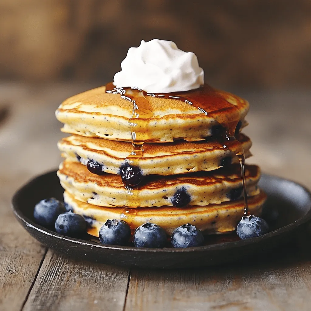 - 1 cup all-purpose flour: This is the base for your pancakes. It gives them structure. - 1 tablespoon granulated sugar: This adds sweetness and helps the pancakes brown. - 1 tablespoon baking powder: This is key for making your pancakes light and fluffy. - 1/2 teaspoon fine sea salt: This enhances the flavors in your pancakes. - 1 cup whole milk: It adds moisture. You can use almond or oat milk if preferred. - 1 large egg: It binds the ingredients together and adds richness. - 2 tablespoons unsalted butter: This adds flavor and moisture. Use coconut oil for a dairy-free option. - 1 teaspoon pure vanilla extract: This gives a lovely aroma and taste. - 1 cup fresh blueberries: They add natural sweetness and vibrant color. Frozen blueberries work too; just thaw and drain them. - Additional butter or oil: For greasing the pan to prevent sticking. - Maple syrup and whipped cream: These are optional but make for a delicious topping. - Always choose fresh blueberries; look for plump, firm ones. - For flour, choose unbleached all-purpose for better flavor. - Buy organic milk and eggs for the best quality and taste. - If possible, get local butter for freshness. - To make gluten-free pancakes, swap all-purpose flour for gluten-free flour. - Use almond milk or coconut milk for a dairy-free version of this recipe. - Replace sugar with honey or maple syrup for a natural sweetener option. Using these tips, you can create the perfect fluffy pancakes with blueberries that fit your taste and dietary needs. Enjoy every bite! To make fluffy pancakes, start with your dry ingredients. Measure 1 cup of all-purpose flour, 1 tablespoon of granulated sugar, 1 tablespoon of baking powder, and 1/2 teaspoon of fine sea salt. Place these in a large mixing bowl. Whisk them together until no lumps remain. This helps the pancakes rise. Next, prepare your wet ingredients. In another bowl, combine 1 cup of whole milk, 1 large egg at room temperature, 2 tablespoons of melted unsalted butter, and 1 teaspoon of pure vanilla extract. Whisk until smooth. Mixing wet ingredients well ensures a uniform batter. Now, it’s time to cook! Preheat your non-stick skillet over medium heat. You want it hot but not smoking. Lightly grease the skillet with butter or oil. For each pancake, pour about 1/4 cup of batter onto the skillet. Watch for bubbles to form on the surface. This process takes about 2-3 minutes. When the edges look set, it’s time to flip. Use a spatula and carefully turn the pancake over. Cook for another 1-2 minutes until golden brown. Once cooked, transfer pancakes to a warm plate. If you’re making more, keep them warm in an oven set to low heat. For serving, stack the pancakes high. Garnish with extra blueberries and a sprinkle of powdered sugar. Drizzle with maple syrup or top with whipped cream for a treat. Enjoy your fluffy blueberry pancakes! For the full recipe, refer to the section above. To make fluffy pancakes, do not overmix the batter. Mixing too much breaks the bubbles that create fluffiness. Stir the batter gently until you see a few lumps. This will help keep your pancakes light and airy. Use the right amounts of ingredients too. The baking powder helps the pancakes rise. If you want taller pancakes, add a little extra baking powder. When choosing blueberries, fresh is best. They are juicy and burst with flavor. If you use frozen blueberries, thaw and drain them first. This keeps the batter from turning purple. To avoid bursting your blueberries, fold them in gently. Do not stir too hard or too fast. This keeps the berries whole and adds nice pops of flavor in every bite. For cooking, choose a non-stick skillet or griddle. This helps the pancakes cook evenly and slide off easily. Preheat it on medium heat before adding batter. Keep your surface well greased with butter or oil. This prevents sticking and helps the pancakes brown nicely. If the surface gets too hot, lower the heat to avoid burning. {{image_4}} You can change the fruits in this recipe. Bananas or strawberries work well. Both fruits add sweetness and flavor. If you need gluten-free pancakes, use almond flour or oat flour. For dairy-free options, try almond milk or oat milk. These swaps keep the pancakes tasty for everyone. You can add spices to make your pancakes special. A hint of lemon zest brightens the flavor. A sprinkle of cinnamon brings warmth. You can also mix in nuts or seeds. Chopped walnuts or sunflower seeds add crunch and make the pancakes even better. Pancakes don't have to be sweet. You can make savory pancakes too. Add cheese and herbs for a fun change. You can serve pancakes stacked high with fresh fruit on top. Drizzle honey or syrup for a sweet touch. You can add yogurt on the side for a creamy finish. Don't forget to explore the Full Recipe for more ideas! To keep your pancakes fresh, let them cool on a wire rack. This helps avoid sogginess. Once cooled, stack them with parchment paper in between each pancake. Use an airtight container for storage. This method keeps them from sticking together. Store them in the fridge for up to three days. You can reheat pancakes in several ways. The microwave is quick but may make them soggy. Heat each pancake for about 20 seconds. For a crispier texture, use a skillet. Heat the skillet on low and add a little butter. Place the pancake in the skillet for about one minute on each side. Toasting is another option. Just pop them in the toaster for a couple of minutes. This keeps them fluffy and warm. To freeze pancakes, stack them with parchment paper. Wrap the stack tightly in plastic wrap, then place it in a freezer bag. This method prevents freezer burn. They can stay fresh for up to three months. When you want to eat them, take them out and let them thaw in the fridge overnight. You can also heat them straight from frozen using the microwave or skillet. This way, you enjoy warm, fluffy pancakes anytime. What makes pancakes fluffy? Pancakes get fluffy from the leavening agents in the batter. In this recipe, baking powder is key. It creates air pockets when mixed with wet ingredients, helping the pancakes rise. The secret is to not overmix. This keeps the batter light and airy. Small lumps are okay! They help make the pancakes tender. Can I make the batter ahead of time? Yes, you can make the batter ahead. Just mix it and cover it. Store it in the fridge for up to 2 hours. If you wait longer, the pancakes might not be as fluffy. The baking powder loses its power over time. When ready to cook, give it a gentle stir. Why are my pancakes too flat? Flat pancakes often mean the batter is overmixed or the baking powder is old. Overmixing breaks down the air bubbles, making them dense. Check your baking powder for freshness. If it’s old, buy new. A good rule is to replace baking powder every six months. How do I fix overcooked pancakes? If pancakes become too brown, lower the heat next time. You want a medium heat for golden pancakes. If they are already overcooked, try serving them with toppings. Maple syrup or whipped cream can help with dryness. What goes well with blueberry pancakes? Blueberry pancakes pair well with maple syrup and whipped cream. Fresh fruit like strawberries or bananas also adds a nice touch. For a twist, try yogurt or a sprinkle of nuts for crunch. Can I add toppings to the batter? Absolutely! You can add toppings like chocolate chips or nuts right into the batter. Just fold them in gently. This gives your pancakes a fun surprise in every bite. Enjoy experimenting with flavors! This article covered the key steps to making perfect pancakes. We discussed ingredients, preparation, cooking, and storage. You learned how to create fluffy textures and flavorful variations. Whether you prefer fresh fruit or unique spices, you can customize your pancakes to suit your taste. Remember, practice makes perfect. Keep experimenting with different techniques until you find your ideal pancake recipe. Enjoy your cooking and share your delicious results!