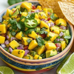 For a fresh and tasty mango salsa with avocado, gather these ingredients: - Ripe mango (peeled and diced) - Ripe avocado (diced) - Red onion (finely chopped) - Red bell pepper (diced) - Jalapeño pepper (minced) - Fresh cilantro (roughly chopped) - Fresh limes (juiced) - Extra virgin olive oil - Salt and freshly cracked black pepper Each ingredient plays a key role. The mango adds sweetness, while the avocado gives creaminess. The red onion and bell pepper offer crunch and color. Jalapeño adds a spicy kick. Fresh cilantro brightens the flavor, and lime juice brings in acidity. Olive oil helps blend all the flavors together. Salt and pepper enhance the taste, making it all pop. This recipe is not just about flavors; it also packs in nutrition. Mango is rich in vitamins A and C. Avocado provides healthy fats and fiber. Together, they create a salsa that is both healthful and delicious. For the complete cooking steps, check out the Full Recipe. 1. In a medium bowl, combine the diced mango, avocado, red onion, red bell pepper, and jalapeño. 2. Carefully add the chopped cilantro. Use a spatula to gently fold the mix. This keeps the avocado pieces intact. 3. In a small bowl, whisk together the lime juice and olive oil until fully mixed. 4. Drizzle the lime and oil dressing over the salsa mixture. 1. Season the salsa with salt and freshly cracked black pepper. Stir gently to blend the flavors. 2. Let the salsa marinate at room temperature for at least 15 minutes. This helps the flavors mix and taste better. For the full recipe, check out the detailed instructions. Enjoy making this fresh and vibrant mango salsa with avocado! To choose a ripe mango, look for one that feels slightly soft when you press it. The skin should have a vibrant color, often yellow or red, depending on the type. A ripe mango will also have a sweet, fruity aroma at the stem end. Avoid any that feel too hard or have dark spots. When it comes to avocados, check for a slight give when you squeeze them gently. The skin should be dark green or black, depending on the variety. If it feels firm, it is not ripe yet. A few brown spots are fine, but avoid any with large dark patches or wrinkles. To dice mangoes without waste, start by cutting off the cheeks from the pit. Hold the mango upright, slice down along the pit, and then carefully dice the flesh in a grid pattern before scooping it out. For jalapeños, use a sharp knife. Cut off the stem and slice it in half lengthwise. Use a spoon to remove the seeds and ribs, which hold most of the heat. Then, chop the halves into small pieces. Always wash your hands after handling jalapeños to avoid irritation. {{image_4}} You can switch up the peppers in this salsa. Try using green bell peppers for a milder taste. For more heat, use a serrano pepper instead of jalapeño. You can also add fruits like pineapple or peach. These fruits add sweetness and extra flavor. Diced pineapple gives a nice tropical twist. Chopped peaches can make it juicy and fresh. This mango salsa fits many diets. To make it vegan, ensure your olive oil is pure and fresh. The salsa is naturally gluten-free, so it’s great for gluten-sensitive folks. Serve it with corn chips or on top of grilled meats. If you want a light meal, add it to salads or grain bowls. This makes the dish versatile for everyone. For the full recipe, check out the details above. To keep your mango salsa fresh, choose the right container. I recommend using an airtight container. This helps keep out air and moisture. Glass or plastic containers work well. Make sure to store the salsa in the refrigerator. It can last about 3 to 5 days. If you see any signs of spoilage, it's best to throw it away. If you want to save salsa for later, you can freeze it. To freeze fresh salsa, divide it into smaller portions. This makes it easy to thaw just what you need. Use freezer-safe bags or containers. Leave some space in the container for the salsa to expand as it freezes. When you’re ready to use it, thaw the salsa in the fridge overnight. You can also use the microwave for quick thawing. Just heat it on low power for a short time. After thawing, stir the salsa well before serving. The texture may change slightly, but the flavor stays great! For the full recipe, check back to enjoy this delicious twist on salsa. Yes, you can! Make the mango salsa a few hours before serving. This gives the flavors time to blend. Just keep it covered in the fridge until you are ready to serve. Fresh salsa tastes best when made close to serving time, but it still holds up well. Mango salsa will last about 2 to 3 days in the fridge. Store it in an airtight container for the best results. If you notice that the avocado starts to brown, you can add more lime juice to slow this process. You can use frozen mango if fresh mango is not available. Just let it thaw completely and drain any excess liquid. Frozen mango may be softer but will still add great flavor to your salsa. Mango salsa pairs well with many dishes. Enjoy it with tortilla chips for a crunchy snack. You can also serve it on tacos, grilled chicken, or fish. The fresh flavors of the salsa enhance any meal. Check out the Full Recipe for more ideas! Mango salsa brings vibrant flavors to any dish. You learned about the fresh ingredients, step-by-step prep, and tips for the best results. I shared ideas for fun variations, storage options, and answered common questions. Creating this salsa is easy, tasty, and versatile. Enjoying it with friends makes it even better. Make this dish your own, and experiment with flavors. You’ll impress everyone at your next gathering. Happy salsa making!