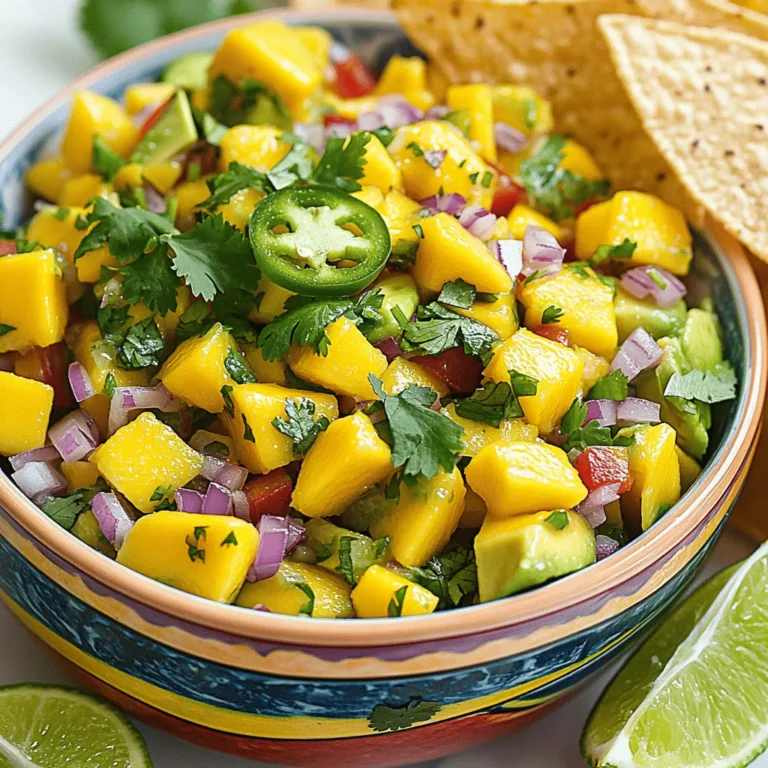 For a fresh and tasty mango salsa with avocado, gather these ingredients: - Ripe mango (peeled and diced) - Ripe avocado (diced) - Red onion (finely chopped) - Red bell pepper (diced) - Jalapeño pepper (minced) - Fresh cilantro (roughly chopped) - Fresh limes (juiced) - Extra virgin olive oil - Salt and freshly cracked black pepper Each ingredient plays a key role. The mango adds sweetness, while the avocado gives creaminess. The red onion and bell pepper offer crunch and color. Jalapeño adds a spicy kick. Fresh cilantro brightens the flavor, and lime juice brings in acidity. Olive oil helps blend all the flavors together. Salt and pepper enhance the taste, making it all pop. This recipe is not just about flavors; it also packs in nutrition. Mango is rich in vitamins A and C. Avocado provides healthy fats and fiber. Together, they create a salsa that is both healthful and delicious. For the complete cooking steps, check out the Full Recipe. 1. In a medium bowl, combine the diced mango, avocado, red onion, red bell pepper, and jalapeño. 2. Carefully add the chopped cilantro. Use a spatula to gently fold the mix. This keeps the avocado pieces intact. 3. In a small bowl, whisk together the lime juice and olive oil until fully mixed. 4. Drizzle the lime and oil dressing over the salsa mixture. 1. Season the salsa with salt and freshly cracked black pepper. Stir gently to blend the flavors. 2. Let the salsa marinate at room temperature for at least 15 minutes. This helps the flavors mix and taste better. For the full recipe, check out the detailed instructions. Enjoy making this fresh and vibrant mango salsa with avocado! To choose a ripe mango, look for one that feels slightly soft when you press it. The skin should have a vibrant color, often yellow or red, depending on the type. A ripe mango will also have a sweet, fruity aroma at the stem end. Avoid any that feel too hard or have dark spots. When it comes to avocados, check for a slight give when you squeeze them gently. The skin should be dark green or black, depending on the variety. If it feels firm, it is not ripe yet. A few brown spots are fine, but avoid any with large dark patches or wrinkles. To dice mangoes without waste, start by cutting off the cheeks from the pit. Hold the mango upright, slice down along the pit, and then carefully dice the flesh in a grid pattern before scooping it out. For jalapeños, use a sharp knife. Cut off the stem and slice it in half lengthwise. Use a spoon to remove the seeds and ribs, which hold most of the heat. Then, chop the halves into small pieces. Always wash your hands after handling jalapeños to avoid irritation. {{image_4}} You can switch up the peppers in this salsa. Try using green bell peppers for a milder taste. For more heat, use a serrano pepper instead of jalapeño. You can also add fruits like pineapple or peach. These fruits add sweetness and extra flavor. Diced pineapple gives a nice tropical twist. Chopped peaches can make it juicy and fresh. This mango salsa fits many diets. To make it vegan, ensure your olive oil is pure and fresh. The salsa is naturally gluten-free, so it’s great for gluten-sensitive folks. Serve it with corn chips or on top of grilled meats. If you want a light meal, add it to salads or grain bowls. This makes the dish versatile for everyone. For the full recipe, check out the details above. To keep your mango salsa fresh, choose the right container. I recommend using an airtight container. This helps keep out air and moisture. Glass or plastic containers work well. Make sure to store the salsa in the refrigerator. It can last about 3 to 5 days. If you see any signs of spoilage, it's best to throw it away. If you want to save salsa for later, you can freeze it. To freeze fresh salsa, divide it into smaller portions. This makes it easy to thaw just what you need. Use freezer-safe bags or containers. Leave some space in the container for the salsa to expand as it freezes. When you’re ready to use it, thaw the salsa in the fridge overnight. You can also use the microwave for quick thawing. Just heat it on low power for a short time. After thawing, stir the salsa well before serving. The texture may change slightly, but the flavor stays great! For the full recipe, check back to enjoy this delicious twist on salsa. Yes, you can! Make the mango salsa a few hours before serving. This gives the flavors time to blend. Just keep it covered in the fridge until you are ready to serve. Fresh salsa tastes best when made close to serving time, but it still holds up well. Mango salsa will last about 2 to 3 days in the fridge. Store it in an airtight container for the best results. If you notice that the avocado starts to brown, you can add more lime juice to slow this process. You can use frozen mango if fresh mango is not available. Just let it thaw completely and drain any excess liquid. Frozen mango may be softer but will still add great flavor to your salsa. Mango salsa pairs well with many dishes. Enjoy it with tortilla chips for a crunchy snack. You can also serve it on tacos, grilled chicken, or fish. The fresh flavors of the salsa enhance any meal. Check out the Full Recipe for more ideas! Mango salsa brings vibrant flavors to any dish. You learned about the fresh ingredients, step-by-step prep, and tips for the best results. I shared ideas for fun variations, storage options, and answered common questions. Creating this salsa is easy, tasty, and versatile. Enjoying it with friends makes it even better. Make this dish your own, and experiment with flavors. You’ll impress everyone at your next gathering. Happy salsa making!