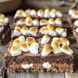 To make S'mores Brownie Bars, gather these ingredients: - 1 cup unsalted butter, melted - 1 cup granulated sugar - 1 cup brown sugar, packed - 4 large eggs - 2 teaspoons vanilla extract - 1 cup all-purpose flour - 1 cup unsweetened cocoa powder - 1 teaspoon baking powder - 1/2 teaspoon salt - 1 cup mini marshmallows (plus extra for topping) - 1 cup graham cracker crumbs (plus extra for topping) - 1 cup semi-sweet or milk chocolate chips These ingredients come together to create a rich, gooey treat. Each one plays a key role in the final flavor and texture. You can make a few swaps if needed: - Butter: Use coconut oil or margarine for a dairy-free option. - Granulated Sugar: Coconut sugar or honey works as a sweetener. - Eggs: Try unsweetened applesauce or a flax egg for a vegan choice. - All-Purpose Flour: Use almond flour or oat flour for a gluten-free version. - Chocolate Chips: Swap for dark chocolate or white chocolate chips for a twist. These substitutions can help you tailor the recipe to your needs without losing flavor. To elevate your S'mores Brownie Bars, consider these extras: - Peanut Butter: Swirl in melted peanut butter for a nutty flavor. - Caramel Sauce: Drizzle over the top for added sweetness. - Crushed Nuts: Add walnuts or pecans for a crunchy texture. - Mint Extract: A few drops can give a refreshing taste. Feel free to mix and match these toppings to create your perfect S'mores Brownie Bars. Check the Full Recipe for more details! 1. Preheat the oven to 350°F (175°C). Grease a 9x13 inch baking pan or line it with parchment paper. 2. Mix the wet ingredients: In a large bowl, combine melted butter with granulated sugar and brown sugar. Whisk until smooth. 3. Add the eggs: Incorporate the eggs one at a time. Mix well after each addition. Stir in vanilla extract until smooth. 4. Combine dry ingredients: In another bowl, sift together flour, cocoa powder, baking powder, and salt. 5. Fold dry into wet: Gently mix the dry ingredients into the wet mix. Stop when no flour streaks remain. Avoid overmixing. 6. Add graham crackers and chocolate: Fold in graham cracker crumbs and chocolate chips. Then, mix in mini marshmallows. 7. Pour into the pan: Spread the brownie batter evenly into the prepared pan using a spatula. 8. Bake: Place the pan in the oven and bake for 25-30 minutes. Check for doneness with a toothpick. 9. Add toppings: Once baked, sprinkle more mini marshmallows and graham crumbs on top. 10. Broil: Switch the oven to broil. Toast the marshmallows for 1-2 minutes. Keep a close eye to avoid burning! 11. Cool down: Take the pan out and let it cool for at least 10 minutes before cutting. 12. Serve: Cut into squares. Enjoy warm or at room temperature. Mixing properly is key to great brownie bars. When you whisk the butter and sugars, aim for a creamy texture. This helps to create a nice structure. Adding eggs one by one lets them mix well, which leads to a smooth batter. When combining dry ingredients, sifting helps prevent lumps. Finally, folding in ingredients gently keeps the batter light. Overmixing can lead to tough bars, so be gentle! Baking time can vary slightly based on your oven. The bars should bake for 25-30 minutes. To check doneness, insert a toothpick into the center. If it comes out with a few moist crumbs, they are done! If the toothpick is wet with batter, they need more time. Keep an eye on them, as every oven is different. Perfect brownie bars should look firm around the edges but slightly soft in the center. To make perfect S'mores Brownie Bars, follow these tips. Use room temperature eggs. This helps the batter mix better. Ensure your butter is melted but not too hot. Hot butter can cook the eggs. Also, mix your batter gently. Overmixing can lead to tough bars. For the best texture, use good quality chocolate chips. They melt nicely and add rich flavor. Balance the sweetness with a pinch of salt. This enhances the chocolate taste. Adding mini marshmallows gives a gooey texture. Use enough graham cracker crumbs for that classic s'mores crunch. Avoid these common mistakes. First, do not skip the mixing steps. Each one builds flavor and texture. Second, don’t open the oven door too early. This can cause your bars to sink. Lastly, let the bars cool before cutting. Cutting too soon can make a big mess. For the full recipe, check the link above! {{image_4}} You can add fun twists to S'mores Brownie Bars. Try peanut butter chips for a nutty kick. You can also mix in crushed pretzels for a salty crunch. For a fruity touch, add raspberries or strawberries. These changes can make your bars stand out! If you need gluten-free bars, swap all-purpose flour for gluten-free flour. You can also use almond flour for a nutty flavor. For a vegan version, replace eggs with flax eggs or applesauce. Use dairy-free chocolate chips and vegan butter. These swaps keep the taste delicious! Experiment with different chocolates! Use dark chocolate for a rich taste. White chocolate adds sweetness. You can even mix chocolates for depth. Top your bars with toasted coconut or nuts for extra flavor. These ideas help you create a unique dessert every time! To keep your S'mores Brownie Bars fresh, store them in an airtight container. This will prevent them from drying out. You can layer them with parchment paper to avoid sticking. If you want them to stay extra fresh, refrigerate them. Just remember to let them cool completely before storing. If you want to enjoy your S'mores Brownie Bars warm, you can reheat them. Place one or two bars on a microwave-safe plate. Heat them for about 10 to 15 seconds. This will warm them up without making them too soft. For a crispy top, you can also pop them in the oven at 350°F for about five minutes. When stored correctly, S'mores Brownie Bars can last up to a week at room temperature. If you keep them in the fridge, they can last up to two weeks. You can also freeze them for longer storage. Wrap each bar in plastic wrap, then place them in a freezer bag. They can last for up to three months in the freezer. Just remember to thaw them in the fridge overnight before enjoying! To cut brownie bars neatly, let them cool first. Cooling helps firm up the bars. Use a sharp knife for clean cuts. For best results, dip the knife in hot water. Wipe the knife after each cut to keep edges smooth. This method gives you perfect squares and a nice look. Yes, you can make the batter ahead of time. Just store it in the fridge for up to two days. When ready to bake, let it sit at room temperature for about 30 minutes. Then, pour it into your pan and bake as usual. This saves time and adds convenience to your baking! To prevent sticking, grease your pan well with butter or cooking spray. You can also line the pan with parchment paper. Leave some overhang on the sides. This makes it easy to lift the brownies out later. If you follow these steps, your brownies will come out perfectly! This guide on S'mores Brownie Bars covers all the essentials. We explored ingredients, cooking instructions, tips, and variations. You learned how to perfect your recipe while avoiding common mistakes. Plus, we discussed storage methods to keep your treats fresh. These brownie bars are simple to make and fun to share. Enjoy experimenting with flavors and toppings. Happy baking, and may your bars always turn out delicious!