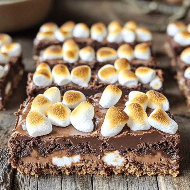 To make S'mores Brownie Bars, gather these ingredients: - 1 cup unsalted butter, melted - 1 cup granulated sugar - 1 cup brown sugar, packed - 4 large eggs - 2 teaspoons vanilla extract - 1 cup all-purpose flour - 1 cup unsweetened cocoa powder - 1 teaspoon baking powder - 1/2 teaspoon salt - 1 cup mini marshmallows (plus extra for topping) - 1 cup graham cracker crumbs (plus extra for topping) - 1 cup semi-sweet or milk chocolate chips These ingredients come together to create a rich, gooey treat. Each one plays a key role in the final flavor and texture. You can make a few swaps if needed: - Butter: Use coconut oil or margarine for a dairy-free option. - Granulated Sugar: Coconut sugar or honey works as a sweetener. - Eggs: Try unsweetened applesauce or a flax egg for a vegan choice. - All-Purpose Flour: Use almond flour or oat flour for a gluten-free version. - Chocolate Chips: Swap for dark chocolate or white chocolate chips for a twist. These substitutions can help you tailor the recipe to your needs without losing flavor. To elevate your S'mores Brownie Bars, consider these extras: - Peanut Butter: Swirl in melted peanut butter for a nutty flavor. - Caramel Sauce: Drizzle over the top for added sweetness. - Crushed Nuts: Add walnuts or pecans for a crunchy texture. - Mint Extract: A few drops can give a refreshing taste. Feel free to mix and match these toppings to create your perfect S'mores Brownie Bars. Check the Full Recipe for more details! 1. Preheat the oven to 350°F (175°C). Grease a 9x13 inch baking pan or line it with parchment paper. 2. Mix the wet ingredients: In a large bowl, combine melted butter with granulated sugar and brown sugar. Whisk until smooth. 3. Add the eggs: Incorporate the eggs one at a time. Mix well after each addition. Stir in vanilla extract until smooth. 4. Combine dry ingredients: In another bowl, sift together flour, cocoa powder, baking powder, and salt. 5. Fold dry into wet: Gently mix the dry ingredients into the wet mix. Stop when no flour streaks remain. Avoid overmixing. 6. Add graham crackers and chocolate: Fold in graham cracker crumbs and chocolate chips. Then, mix in mini marshmallows. 7. Pour into the pan: Spread the brownie batter evenly into the prepared pan using a spatula. 8. Bake: Place the pan in the oven and bake for 25-30 minutes. Check for doneness with a toothpick. 9. Add toppings: Once baked, sprinkle more mini marshmallows and graham crumbs on top. 10. Broil: Switch the oven to broil. Toast the marshmallows for 1-2 minutes. Keep a close eye to avoid burning! 11. Cool down: Take the pan out and let it cool for at least 10 minutes before cutting. 12. Serve: Cut into squares. Enjoy warm or at room temperature. Mixing properly is key to great brownie bars. When you whisk the butter and sugars, aim for a creamy texture. This helps to create a nice structure. Adding eggs one by one lets them mix well, which leads to a smooth batter. When combining dry ingredients, sifting helps prevent lumps. Finally, folding in ingredients gently keeps the batter light. Overmixing can lead to tough bars, so be gentle! Baking time can vary slightly based on your oven. The bars should bake for 25-30 minutes. To check doneness, insert a toothpick into the center. If it comes out with a few moist crumbs, they are done! If the toothpick is wet with batter, they need more time. Keep an eye on them, as every oven is different. Perfect brownie bars should look firm around the edges but slightly soft in the center. To make perfect S'mores Brownie Bars, follow these tips. Use room temperature eggs. This helps the batter mix better. Ensure your butter is melted but not too hot. Hot butter can cook the eggs. Also, mix your batter gently. Overmixing can lead to tough bars. For the best texture, use good quality chocolate chips. They melt nicely and add rich flavor. Balance the sweetness with a pinch of salt. This enhances the chocolate taste. Adding mini marshmallows gives a gooey texture. Use enough graham cracker crumbs for that classic s'mores crunch. Avoid these common mistakes. First, do not skip the mixing steps. Each one builds flavor and texture. Second, don’t open the oven door too early. This can cause your bars to sink. Lastly, let the bars cool before cutting. Cutting too soon can make a big mess. For the full recipe, check the link above! {{image_4}} You can add fun twists to S'mores Brownie Bars. Try peanut butter chips for a nutty kick. You can also mix in crushed pretzels for a salty crunch. For a fruity touch, add raspberries or strawberries. These changes can make your bars stand out! If you need gluten-free bars, swap all-purpose flour for gluten-free flour. You can also use almond flour for a nutty flavor. For a vegan version, replace eggs with flax eggs or applesauce. Use dairy-free chocolate chips and vegan butter. These swaps keep the taste delicious! Experiment with different chocolates! Use dark chocolate for a rich taste. White chocolate adds sweetness. You can even mix chocolates for depth. Top your bars with toasted coconut or nuts for extra flavor. These ideas help you create a unique dessert every time! To keep your S'mores Brownie Bars fresh, store them in an airtight container. This will prevent them from drying out. You can layer them with parchment paper to avoid sticking. If you want them to stay extra fresh, refrigerate them. Just remember to let them cool completely before storing. If you want to enjoy your S'mores Brownie Bars warm, you can reheat them. Place one or two bars on a microwave-safe plate. Heat them for about 10 to 15 seconds. This will warm them up without making them too soft. For a crispy top, you can also pop them in the oven at 350°F for about five minutes. When stored correctly, S'mores Brownie Bars can last up to a week at room temperature. If you keep them in the fridge, they can last up to two weeks. You can also freeze them for longer storage. Wrap each bar in plastic wrap, then place them in a freezer bag. They can last for up to three months in the freezer. Just remember to thaw them in the fridge overnight before enjoying! To cut brownie bars neatly, let them cool first. Cooling helps firm up the bars. Use a sharp knife for clean cuts. For best results, dip the knife in hot water. Wipe the knife after each cut to keep edges smooth. This method gives you perfect squares and a nice look. Yes, you can make the batter ahead of time. Just store it in the fridge for up to two days. When ready to bake, let it sit at room temperature for about 30 minutes. Then, pour it into your pan and bake as usual. This saves time and adds convenience to your baking! To prevent sticking, grease your pan well with butter or cooking spray. You can also line the pan with parchment paper. Leave some overhang on the sides. This makes it easy to lift the brownies out later. If you follow these steps, your brownies will come out perfectly! This guide on S'mores Brownie Bars covers all the essentials. We explored ingredients, cooking instructions, tips, and variations. You learned how to perfect your recipe while avoiding common mistakes. Plus, we discussed storage methods to keep your treats fresh. These brownie bars are simple to make and fun to share. Enjoy experimenting with flavors and toppings. Happy baking, and may your bars always turn out delicious!