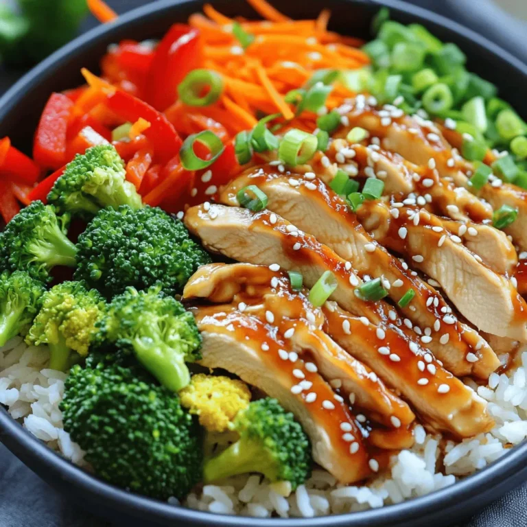 Chicken and Sauce Components - 2 boneless, skinless chicken breasts, cut into thin strips - 1 cup teriyaki sauce (store-bought or homemade) - 1 tablespoon sesame oil Vegetable Selections - 1 cup broccoli florets, washed and trimmed - 1 red bell pepper, sliced into thin strips - 1 cup shredded carrots, preferably fresh - 2 green onions, finely chopped - 1 tablespoon sesame seeds, toasted if possible Rice Requirements - 2 cups jasmine rice, cooked and fluffily prepared - Salt and black pepper to taste When making teriyaki chicken bowls, the ingredients are key. The chicken and sauce form the base. You can use fresh chicken breasts for the best flavor. The teriyaki sauce can be homemade or store-bought, depending on your time and taste. Sesame oil adds a nice touch of richness. For the vegetables, you want a mix that’s bright and crunchy. Broccoli, bell pepper, and carrots give good color and texture. Green onions and sesame seeds add extra flavor and crunch. Finally, jasmine rice serves as the perfect base. Cook it well to keep it fluffy. This combination of ingredients makes for a dish that looks and tastes great. For the full recipe, check out the details above. Marination Process To make the chicken tasty, we first marinate it. Take your sliced chicken and place it in a bowl. Pour half of the teriyaki sauce over the chicken. Mix it well so each piece gets coated. Cover the bowl with plastic wrap. Put it in the fridge for at least 20 minutes. This helps the chicken absorb the flavors. Cooking Techniques After marinating, heat the sesame oil in a skillet over medium-high heat. When the oil is hot, add the marinated chicken. Cook the chicken for about 5-7 minutes. Stir it often so it cooks evenly. You want the chicken to be golden brown and fully cooked. Lightly sprinkle salt and black pepper to boost the flavor. Stir-Frying Techniques Use the same skillet for the vegetables. Do not wash it; this keeps the chicken flavor. Add the broccoli, red bell pepper, and shredded carrots. Stir-fry these veggies for about 3-5 minutes. You want them to be tender but still have a little crunch. This keeps their color and nutrients. Timing for Tenderness Keep an eye on the veggies while cooking. You want them to soften but not turn mushy. Stir-frying at the right time ensures they taste fresh and look bright. This adds a lovely contrast to the chicken. Layering Components Start assembling your bowls with cooked jasmine rice. Place a generous scoop of rice at the bottom. Next, add the teriyaki chicken and the colorful vegetables on top. This creates a beautiful layer of flavors and textures. Garnishing Tips Finish by adding chopped green onions and toasted sesame seeds. This adds a burst of flavor and a nice crunch. For extra flair, drizzle a bit of teriyaki sauce over the top. This makes your bowl look even more appetizing. Enjoy creating your mouthwatering teriyaki chicken bowls! For the full recipe, visit the main recipe section. Homemade vs. Store-Bought Sauce You can use store-bought teriyaki sauce for quick meals. It saves time and still tastes great. However, homemade sauce can give you a richer flavor. To make your own, mix soy sauce, sugar, garlic, and ginger. Adjust the ingredients to match your taste. Adjusting Sweetness Levels If you like a sweeter taste, add more sugar or honey. If you prefer a savory kick, reduce the sugar. Experiment until you find your perfect balance. Sweetness can change the whole dish! Grilling vs. Stir-Frying Grilling your chicken adds a unique smoky flavor. It gives the dish a nice char. Stir-frying is faster and keeps the chicken juicy. Both methods work well, so choose one based on your mood or equipment. Instant Pot or Slow Cooker Options Using an Instant Pot can save time. Cook the chicken in a few minutes and still get great flavor. A slow cooker is perfect for meal prep. Just set it in the morning and enjoy later. Both methods make meal time easier. Remember, you can find the full recipe to guide you through making these delicious teriyaki chicken bowls! {{image_4}} Gluten-Free Options You can easily make this dish gluten-free. Just use gluten-free soy sauce or tamari instead of regular teriyaki sauce. Check the labels to ensure all ingredients are gluten-free. This small swap keeps the flavor while making it safe for those with gluten allergies. Vegan Substitutes For a vegan version, replace chicken with tofu or tempeh. Marinate the tofu in the same teriyaki sauce. Use extra firm tofu for better texture. You can also add more vegetables to boost flavors and nutrients. Think about mushrooms, snap peas, or zucchini for a lovely mix. Alternative Vegetables Feel free to get creative with your veggies. Instead of broccoli, try bok choy or snap peas. You can also use carrots, zucchini, or bell peppers for color and crunch. This keeps your bowl fresh and exciting each time you make it. Different Protein Choices Switch up the protein to suit your taste. You can use shrimp, beef, or even seitan for a plant-based option. Each protein brings its own flavor and texture. Adjust the cooking time based on what you choose. Chicken cooks quickly, while beef may need a bit longer. For the full recipe, check the details above. - Under Refrigeration: Store your teriyaki chicken bowls in airtight containers. This keeps the flavors fresh. Place them in the fridge within two hours of cooking. They can last for about three to four days. Make sure to separate the rice from the chicken and veggies if possible. This helps keep everything at its best. - Freezing Tips: For longer storage, freeze the chicken and veggies together. Use freezer-safe bags or containers. Remove as much air as possible to avoid freezer burn. These bowls can stay good for up to three months. Label them with the date for easy tracking. Thaw in the fridge overnight before reheating. - Best Methods for Leftovers: The microwave is quick and easy. Heat in short bursts, stirring in between. This helps to heat evenly. If you prefer, you can reheat on the stovetop. Just add a splash of water or broth to avoid drying out. Heat over medium-low until warmed through. - Flavor Retention Techniques: To keep the flavors strong, add a dash of fresh teriyaki sauce when reheating. This adds moisture and taste. You can also sprinkle fresh green onions or sesame seeds before serving. This little touch enhances the dish and makes it feel fresh again. How Do You Make Homemade Teriyaki Sauce? Making teriyaki sauce at home is simple. You need soy sauce, honey, garlic, and ginger. Mix these in a pot over medium heat. Stir until the honey dissolves. Let it simmer for a few minutes to thicken. This homemade sauce tastes fresh and rich, perfect for your chicken. Can I Use Other Types of Rice? Yes, you can use other rice types! Brown rice adds a nutty flavor. Sushi rice gives a sticky texture. Quinoa is a great gluten-free option too. Each type will change the dish a bit, but all work well with teriyaki chicken. What Are the Best Sides to Serve with Teriyaki Chicken Bowls? Great sides include steamed edamame, cucumber salad, and miso soup. You can also serve pickled vegetables for a crunchy bite. Each side complements the chicken’s flavor and adds color to your meal. Can I Prep the Chicken Ahead of Time? Absolutely! You can marinate the chicken the night before. Just keep it in the fridge until you’re ready to cook. This saves time and boosts flavor, making your meal even better. How Long Do Leftovers Last? Leftovers last about three to four days in the fridge. Store them in an airtight container to keep them fresh. Reheat in the microwave or on the stove for a quick meal anytime. You learned about making tasty teriyaki chicken bowls. We covered the right ingredients, cooking steps, and tips for extra flavor. You can also adjust recipes for diets or try new ingredients. Storing and reheating leftovers is easy with proper techniques. Embrace these ideas to make your own delicious teriyaki bowls at home. With practice, you'll impress friends and family with your cooking skills. Enjoy each bite and have fun in the kitchen!