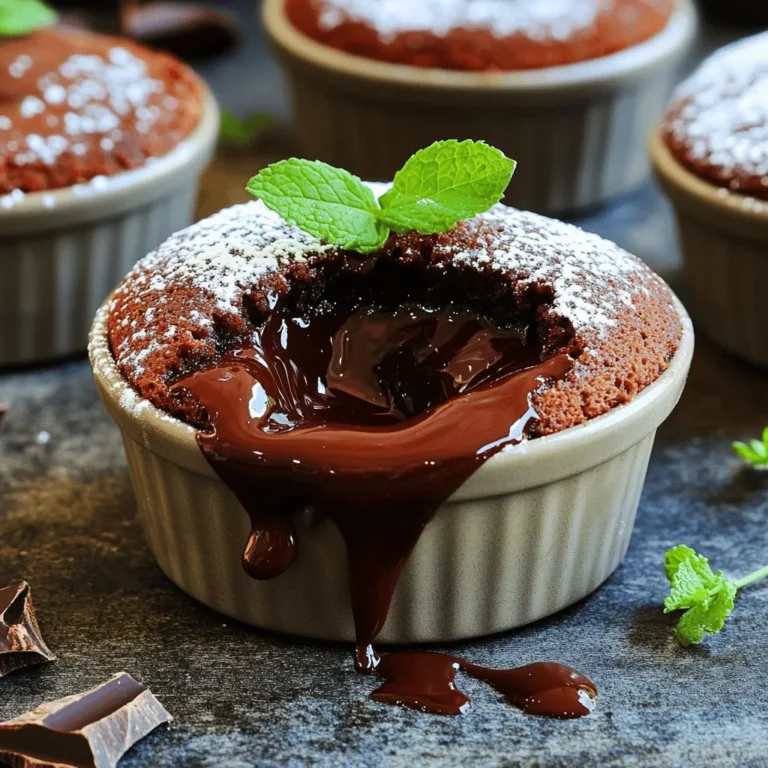 To make the easiest chocolate lava cake, gather these simple yet rich ingredients: - 1/2 cup (1 stick) unsalted butter - 1 cup high-quality dark chocolate (70% cocoa or higher), chopped into small pieces - 1 cup powdered sugar - 2 large eggs - 2 egg yolks - 1 teaspoon pure vanilla extract - 1/2 cup all-purpose flour - A pinch of fine sea salt - Non-stick cooking spray or softened butter for greasing ramekins - Unsweetened cocoa powder for dusting Each ingredient plays a key role. The unsalted butter and dark chocolate create the rich base. Powdered sugar adds sweetness and smoothness. Eggs and yolks provide structure and moisture. Vanilla boosts flavor, while flour gives just the right texture. A pinch of salt enhances all the flavors. Make sure to use high-quality chocolate for the best taste. This recipe is all about making a special treat with simple items you may already have. You can find the full recipe with instructions that make this dessert a breeze to prepare. Gather these ingredients, and you'll be ready to create a dessert that impresses everyone! - Preheat your oven to 425°F (220°C). - Grease four ramekins with cooking spray or softened butter. - Dust the inside of each ramekin with cocoa powder to prevent sticking. - In a bowl, combine chopped dark chocolate and unsalted butter. - Microwave the mixture in 30-second intervals. Stir well after each interval until smooth. - Add powdered sugar to the melted chocolate and butter. Stir until it dissolves. - Next, add eggs and vanilla extract. Whisk until the mixture is uniform. - Carefully fold in all-purpose flour and a pinch of salt until just mixed. - Divide the batter evenly among the prepared ramekins. Fill them about three-quarters full. - Bake in the preheated oven for 12-14 minutes. The edges should be firm, and the center should jiggle slightly. Each step is key to making the easiest chocolate lava cake. For the full recipe, check the earlier section. To get that perfect molten center, timing is key. Bake the cakes for 12-14 minutes. Watch them closely. The edges should be set, but the center must be soft. If you bake too long, you lose the gooeyness. To check for doneness, use a toothpick. Insert it into the edge of the cake. If it comes out clean, the cake is done. If it has batter on it, bake a minute more. These cakes are best served warm. The chocolate flows out when you cut into them. Pair them with a scoop of vanilla ice cream. Fresh berries also add a nice touch. For a beautiful presentation, dust the cakes with powdered sugar. You can add fresh mint leaves on top. Drizzling chocolate sauce can make it look fancy and delicious. One common mistake is overmixing the batter. This can make the cakes tough. Mix just until the ingredients are combined. Another mistake is baking at the wrong temperature. Make sure your oven is at 425°F (220°C). An incorrect temp can ruin the texture. Trust me, sticking to the right heat is crucial for that perfect lava cake. For more details, check out the Full Recipe. {{image_4}} You can change the taste of your chocolate lava cake easily. Adding espresso or coffee gives it a rich flavor. Just mix in about a tablespoon of brewed coffee into the batter. You will love the depth it brings. Another fun twist is orange zest or mint. Grate a little orange peel or add fresh mint leaves to the mix. It adds a nice, fresh touch to the cake. If you need a gluten-free dessert, you can use almond flour instead of all-purpose flour. It works great and keeps the cake moist. For those who want a dairy-free option, swap the butter for coconut oil. Melt it just like the butter. This keeps the cake rich and tasty without dairy. When it comes to serving, you can get creative. Pair your lava cake with different ice creams, like vanilla or mint chocolate chip. You can also drizzle it with chocolate sauce or caramel for extra sweetness. Fresh seasonal fruit, like berries or sliced bananas, adds a nice contrast. This not only looks great but also balances the rich chocolate. For the full recipe, check out the recipe card above. Happy baking! To keep your leftover chocolate lava cake fresh, store it in the fridge. Place the cooled cakes in an airtight container. This helps retain moisture and flavor. They will stay good for up to three days. When you're ready to enjoy them again, reheat them. To reheat, use the microwave. Heat each cake for about 20-30 seconds. Check if they are warm in the center. Be cautious not to overheat, or the center will lose its gooey texture. You want that perfect molten center! You can freeze both unbaked and baked lava cakes. For unbaked cakes, prepare them as usual but don’t bake. Instead, cover the ramekins with plastic wrap. Freeze them for up to three months. If you have baked lava cakes, let them cool completely. Wrap each cake in plastic wrap and then foil. This double layer protects them from freezer burn. Baked cakes can also freeze for up to three months. To thaw, move the cakes from the freezer to the fridge for several hours. For a quick thaw, leave them at room temperature for about 30 minutes. When ready to bake, preheat the oven to 425°F (220°C). Bake the unbaked cakes for the same time as the fresh ones. For baked cakes, reheat them in the microwave, just like before. Enjoy that warm, rich chocolate! For the full recipe, check the earlier section. Use high-quality dark chocolate, 70% cocoa or higher. Brands like Ghirardelli, Guittard, or Valrhona work great. These chocolates melt smoothly and provide rich flavor. I prefer Ghirardelli for its perfect balance of sweetness and bitterness. Good chocolate makes a big difference in taste. Yes, you can prep the batter ahead. Just fill the ramekins and cover them with plastic wrap. Store them in the fridge for up to 24 hours. When you're ready, bake them straight from the fridge. Just add a minute or two to baking time. Look for firm edges and a soft center. The center should jiggle slightly but not be liquid. A toothpick inserted should come out with a few moist crumbs, not wet batter. This means the cake is ready to serve. Yes, but adjust the baking time. Smaller ramekins may need less time, while larger ones may need more. Start checking for doneness a few minutes early to avoid overcooking. Remember, the goal is that gooey center! This blog post detailed how to make a delicious lava cake from scratch. I shared key ingredients, simple steps, and tips for success. Remember, timing is crucial for that perfect molten center. Experiment with flavors and dietary needs to make it your own. Store leftovers properly and enjoy them later. With these steps, you will create a treat that impresses any guest. Enjoy baking, and trust the process!
