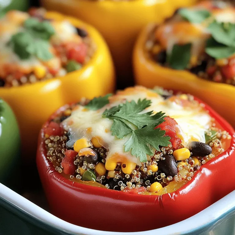 - 4 large bell peppers (assorted colors) - 1 cup cooked quinoa - 1 can (15 oz) black beans - 1 cup corn kernels - 1 small red onion - 2 cloves garlic - Spices (ground cumin, smoked paprika, chili powder) - 1 cup diced tomatoes - 1 cup shredded cheese - Salt and pepper - Fresh cilantro or parsley Stuffed bell peppers with quinoa are fun to make and eat. You can mix and match colors of the bell peppers to make your dish pop. I love using red, yellow, and green peppers for a vibrant look. Quinoa is a great base for this recipe. It is a healthy grain packed with protein. The black beans add more protein and fiber. You can use canned beans for ease. Just rinse them before adding to your mix. Corn gives a sweet crunch to the filling. I often use frozen corn since it is quick and easy. Fresh or canned corn works fine too. Onions and garlic add depth to the flavor. Sauté them in a little oil until they soften. This step makes a big difference. Don’t forget the spices! Ground cumin, smoked paprika, and chili powder create a warm, rich flavor profile. Adjust them to your taste. Tomatoes keep the filling moist and add freshness. You can use fresh or canned tomatoes, depending on what you have. Cheese is the final touch. I like to use a mix of cheddar or a Mexican blend. It melts beautifully and adds creaminess. Finally, add salt and pepper to enhance all the flavors. You can find the Full Recipe for step-by-step guidance on creating this delicious dish. Enjoy your cooking! - Preheat the oven to 375°F (190°C). - Prepare the bell peppers by slicing off the tops and removing the seeds. - In a skillet, sauté the red onion and garlic until soft. - Add cooked quinoa, black beans, corn, diced tomatoes, and spices. - Fold in half a cup of cheese into the filling. - Stuff the mixture into the bell peppers until full. - Place the stuffed peppers in a greased baking dish. - Cover the dish and bake for 25 minutes. - Uncover and bake for an additional 10-15 minutes, until tender. For the detailed ingredient list and instructions, check the Full Recipe. To make your stuffed bell peppers taste great, start with sautéing. Heat a small amount of olive oil in a skillet. Add diced red onion and minced garlic. Sauté them until the onion softens and smells sweet. This step brings out the flavors. Choosing the right cheese matters too. I recommend using cheddar or a Mexican blend. These cheeses melt well and add a rich taste. Sprinkle some on top before baking for a delightful crust. For a fun and vibrant display, serve the stuffed peppers on a large platter. Arrange them in a circle to create a feast for the eyes. Add a sprinkle of fresh cilantro or parsley on top to brighten up the dish. This small touch makes the meal look even more inviting. You can also place lime wedges around the platter. This adds a pop of color and gives your guests a chance to enhance the flavor. Pairing bright colors with fresh herbs makes for a stunning presentation! {{image_4}} You can easily switch up the grains in your stuffed bell peppers. Instead of quinoa, try using rice or couscous. Both options will provide a different texture and flavor. Protein is another area for creativity. You can use chicken, turkey, or even tofu. Each protein adds its own taste. This allows you to tailor the dish to your liking. Customizing spices can change up the entire dish. Add more cumin for a warm flavor or extra chili powder for heat. You can also use Italian herbs for a different twist. Don’t forget about vegetables! Adding mushrooms, zucchini, or spinach can enhance the dish. These veggies bring more nutrients and color to your stuffed peppers. To store your stuffed bell peppers, let them cool first. Place them in an airtight container. This keeps the flavors fresh and the peppers safe. They will last in the fridge for about 3 to 5 days. If you want to enjoy them later, follow these steps. You can freeze stuffed peppers for longer storage. First, let them cool completely. Wrap each pepper tightly in plastic wrap. Then, place them in a freezer-safe bag. They will stay good for about 3 months in the freezer. To thaw, move them to the fridge overnight. For reheating, place them in a preheated oven at 350°F (175°C). Heat them for about 20 to 30 minutes until hot. You can also use a microwave for faster reheating. Just remember to add a splash of water to keep them moist. Following these tips will help you enjoy your quinoa-stuffed peppers later. If you want to see all the steps for making these delicious meals, check out the Full Recipe. To ensure tender bell peppers, start by baking them at the right temperature. Preheat your oven to 375°F (190°C). Cutting the tops off helps them cook evenly. You can also cover them with foil for the first part of baking. This keeps moisture in and softens the peppers well. After 25 minutes, remove the foil for a golden finish. If you want softer peppers, bake them longer. Yes, you can prepare stuffed peppers ahead of time. Start by cooking the filling and stuffing the peppers. Place them in a baking dish and cover with foil. Store them in the fridge for up to 24 hours. When ready to bake, add a few extra minutes to the cooking time. This gives them time to warm through. You can also freeze uncooked stuffed peppers. Just thaw them in the fridge before baking. Stuffed bell peppers pair well with many sides. A fresh salad adds great crunch and color. You might enjoy rice or quinoa on the side for extra texture. Some people like to serve them with bread rolls or garlic bread for dipping. A dollop of sour cream or guacamole on top adds creaminess. These options enhance the meal and make it more filling. You can find the full recipe for these delicious stuffed bell peppers [here](#). This will guide you through each step with detailed instructions. Enjoy cooking! Stuffed bell peppers are a fun and healthy meal. We covered the best ingredients, step-by-step cooking, and tips for a great finish. Remember to add your favorite spices and herbs for extra flavor. With the right prep and storage, these peppers can shine on your table. Feel free to try out variations, and don’t forget to enjoy leftovers. You now have all the tools for a tasty dish that family and friends will love. Happy cooking!