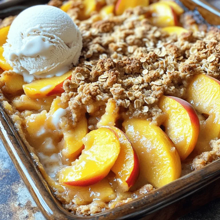 Using fresh peaches makes this dish shine. Choose ripe peaches that feel slightly soft. Their sweetness enhances the crisp. You will need about six peaches for the recipe. Don't skip the lemon juice; it brightens the flavor. Ground cinnamon and nutmeg add warmth and spice. Measuring your ingredients correctly is key. Use a dry measuring cup for the flour and oats. Level off the top with a straight edge for accuracy. For sugar, scoop it in and level it off too. When measuring butter, melt it first for easy pouring. If you don't have peaches, you can use nectarines or plums. Both fruits work well. For a healthier twist, try using less sugar or a sugar substitute. Almond flour can replace all-purpose flour if you need a gluten-free option. Chopped almonds can replace pecans for a different crunch. You can find the full recipe [here]. Start with six ripe peaches. Peel and slice them into thin pieces. Place the slices in a large bowl. Add half a cup of granulated sugar, one tablespoon of fresh lemon juice, one teaspoon of ground cinnamon, and a quarter teaspoon of ground nutmeg. Gently toss the peaches until they are well coated. This mix brings out the peach flavor. Once mixed, pour the peach filling into a greased 9x13-inch baking dish. Spread it out evenly for even cooking. In another bowl, combine one cup of rolled oats, one cup of all-purpose flour, and half a cup of packed brown sugar. Melt half a cup of unsalted butter and pour it into the bowl. Add a quarter teaspoon of sea salt. Mix everything until it forms a crumbly texture. If you want extra crunch, fold in half a cup of chopped pecans. This topping adds a nice contrast to the soft peaches. Preheat your oven to 350°F (175°C). Sprinkle the oat topping evenly over the peach filling. Make sure it covers all the peaches. Place the baking dish in the oven and bake for 30 to 35 minutes. You want the top to turn golden brown and the peach juices to bubble around the edges. Once done, remove the crisp from the oven and let it cool for about 10 minutes. This cooling time helps the filling set, making each bite a delight. For the full recipe, check out the detailed steps above! To make the best peach crisp, you need ripe peaches. Look for peaches that feel soft when you gently squeeze them. They should have a sweet aroma. Avoid any peaches with bruises or dark spots. Yellow and orange colors show good ripeness. If your peaches are hard, let them sit at room temperature for a few days. To boost the flavor, add a splash of vanilla extract to the peach filling. You can mix in some fresh or frozen berries for an extra zing. Using brown sugar in the topping gives it a richer taste. A sprinkle of sea salt will bring out the sweetness of the peaches. For crunch, add chopped nuts like pecans or almonds. Serve the Peachy Paradise Crisp warm, right from the oven. A scoop of vanilla ice cream on top makes it extra special. You can also add whipped cream for a lighter touch. For a pretty look, drizzle caramel or chocolate sauce over the top. Garnish with fresh mint leaves for a pop of color. This makes your dessert look as good as it tastes! {{image_4}} You can make a gluten-free peach crisp easily. Just swap all-purpose flour with almond flour or a gluten-free blend. Use gluten-free oats to keep it safe for everyone. This way, you still get a crunchy topping and tasty peaches. Your friends will love it, and they won’t notice the difference! Want to spice things up? You can add a pinch of ginger or allspice for a warm twist. Try mixing in some cardamom for a unique taste. Each spice brings its own flavor, making the crisp even more exciting. Don’t be afraid to experiment! Peach crisp is great, but you can use other fruits too. Apples, berries, or cherries work well. Mix two or three fruits for a fun flavor blend. Each fruit will add its own sweetness and tartness. This makes your crisp special each time you bake it! After enjoying your peach crisp, store any leftovers in an airtight container. This keeps the crisp fresh and tasty. Place it in the fridge for up to three days. Make sure to let it cool before sealing it. You can freeze peach crisp for later enjoyment. First, let it cool completely. Then, cut it into portions. Wrap each piece in plastic wrap and then place them in a freezer-safe bag. It can last up to three months in the freezer. When ready to eat, thaw it overnight in the fridge. To reheat peach crisp, preheat your oven to 350°F (175°C). Place the crisp in an oven-safe dish. Cover it with foil to keep it moist. Heat for about 15 to 20 minutes, or until warm. You can also microwave single portions for about 30 seconds. Enjoy it warm, maybe with a scoop of ice cream! For the full recipe, check out the Peachy Paradise Crisp. Peach crisp will last in the fridge for about 3 to 5 days. Make sure to cover it well. This keeps the crisp fresh and tasty. You might notice the topping gets a bit soft after a day. If you want that crunch, reheat it in the oven for a few minutes. Yes, you can make peach crisp ahead of time. You can prepare the filling and the topping separately. Store them in the fridge until you are ready to bake. Bake it fresh when you want to serve it. This keeps the topping nice and crisp. The best way to serve peach crisp is warm from the oven. It pairs wonderfully with vanilla ice cream. The cold ice cream melts over the warm crisp, creating a great mix. You can also add whipped cream for extra creaminess. Drizzling caramel sauce on top is a nice touch too! For the full recipe, check out the Peachy Paradise Crisp. We explored how to make a delicious peach crisp. Fresh ingredients lead to great taste. Accurate measurements and smart substitutes keep your recipe on track. I shared easy steps for prepping, making, and baking your dish. Plus, tips help you pick the best peaches and serve it nicely. Try the variations for unique flavors, and follow the storage tips to keep leftovers fresh. With these insights, you’ll impress anyone with your peach crisp skills. Enjoy your baking!