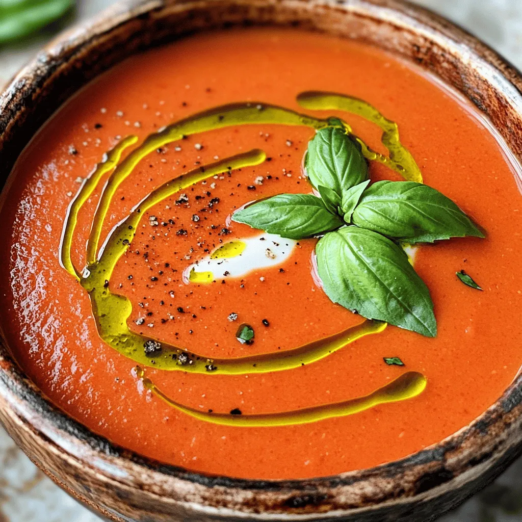 - 4 cups fresh ripe tomatoes, chopped (or 2 cans of peeled whole tomatoes) - 1 medium onion, finely diced - 3 cloves garlic, minced - 2 cups low-sodium vegetable broth - 1 cup heavy cream (or for a dairy-free alternative, use coconut cream) - 1/4 cup fresh basil leaves, roughly chopped - 2 tablespoons extra virgin olive oil - 1 teaspoon sugar (optional, to balance acidity) - Extra virgin olive oil - Salt and freshly cracked black pepper to taste For this creamy tomato basil soup, the main ingredients create a rich and tasty base. Fresh ripe tomatoes bring sweetness and flavor. If fresh tomatoes are not in season, canned whole tomatoes work great too. Onion and garlic add depth and warmth to the soup. They create a strong aroma when sautéed. Fresh basil gives a bright, herbal note that makes the soup feel fresh and vibrant. I use vegetable broth for a savory backdrop. The heavy cream adds richness, while coconut cream gives a nice dairy-free option. The optional sugar can balance out any acidity in the tomatoes, making the soup taste just right. Salt and freshly cracked black pepper are key to adjusting the flavor. These seasonings help bring all the ingredients together. Check out the [Full Recipe] for the detailed steps and tips to make your soup perfect! 1. Sauté the Onion and Garlic: Start by heating olive oil in a large pot over medium heat. Add the finely diced onion. Cook for about 5 minutes. The onion should be soft and slightly golden. Then, add the minced garlic. Cook for one more minute. Stir continuously until the garlic smells great but does not burn. 2. Incorporate Tomatoes and Broth: Next, add the chopped fresh tomatoes to the pot. If you use canned tomatoes, crush them gently as you add them. Pour in the vegetable broth. Stir everything together. This mixture forms the base of your creamy tomato basil soup. 3. Simmer the Soup for Flavor Development: Bring the mixture to a gentle simmer. Keep the heat low if needed. Let it cook uncovered for about 20 minutes. This step helps all the flavors blend together. 4. Blending Techniques for Desired Texture: After simmering, turn off the heat. Use an immersion blender to puree the soup until smooth. If you prefer some texture, blend only half of it. This gives a nice contrast in your soup. 5. Stir in Cream and Basil: Place the pot back on low heat. Slowly add the heavy cream or coconut cream. Then, stir in the roughly chopped basil leaves. Warm the soup for about 5 minutes. Be sure it does not boil. 6. Adjust Seasonings to Taste: Now, taste your creamy tomato basil bliss. You might want to add sugar, salt, or freshly cracked black pepper. Adjust these to enhance the flavor just the way you like it. You can find the full recipe for more detailed steps. For a dairy-free option, you can use coconut cream instead of heavy cream. It gives a nice richness while keeping it vegan. If you use canned tomatoes, choose whole peeled tomatoes for better flavor. They taste fresher than diced ones. Balancing acidity is key in a tomato soup. Adding a touch of sugar helps cut the acidity. Start with a teaspoon and taste as you go. For seasoning, always use fresh salt and cracked black pepper. It makes a big difference in taste. I recommend using a large pot for the soup. A heavy-bottomed pot helps distribute heat evenly. An immersion blender is perfect for blending. It saves time and makes clean-up easy. Remember to taste the soup as you cook. Adjust flavors until you love it. {{image_4}} If you want your creamy tomato basil soup even richer, consider adding cheese. You can mix in grated Parmesan or creamy goat cheese. Both options melt well and give a great flavor boost. This extra touch makes the soup truly indulgent. Now, let’s talk about cream. Heavy cream adds a velvety texture that feels luxurious. Coconut cream, on the other hand, offers a dairy-free alternative. It has a unique taste that pairs well with tomatoes. Both options make your soup taste rich and smooth. Choose what fits your needs best. Incorporating seasonal vegetables can enhance your soup. For example, adding zucchini or bell peppers can give it a fresh twist. You can also toss in some corn for sweetness. These additions not only boost nutrition but also add color and flavor. If you like spice, try making a spicy tomato basil soup. Add red pepper flakes or diced jalapeños to bring heat. This variation creates a whole new experience, perfect for those who enjoy a kick. Garnishing your soup can elevate its look. Fresh basil leaves on top add a pop of green. A drizzle of olive oil can also enhance the color and flavor. You might even sprinkle some croutons for crunch. When serving, pair your creamy tomato basil soup with crusty bread or a grilled cheese sandwich. These sides complement the soup perfectly and make for a comforting meal. For the full recipe, check out the [Full Recipe]. To keep your creamy tomato basil soup fresh, store it in an airtight container. Let the soup cool down before sealing it. This helps avoid moisture buildup. - Refrigeration: Place the container in the fridge. It stays good for about 3 to 4 days. - Freezing: If you want to store it longer, freezing works well. Use freezer-safe containers or bags. Leave some space at the top, as the soup will expand. It can last for about 2 to 3 months in the freezer. When you're ready to enjoy your soup again, reheating is key. You want to keep it creamy and smooth. - Stovetop Method: Pour the soup into a pot. Heat it over low to medium heat. Stir it often to avoid burning. - Microwave Method: Put the soup in a microwave-safe bowl. Cover it loosely to let steam escape. Heat for 1 to 2 minutes, stirring halfway through. Aim for a temperature of 165°F (74°C) for safe eating and the best flavor. Knowing how long your soup lasts is important for safety and taste. - In the Fridge: Your creamy tomato basil soup lasts about 3 to 4 days. - In the Freezer: It can be stored for 2 to 3 months. Just be sure to label your container with the date. This way, you always know when to use it. For the full recipe, check out [Full Recipe]. Enjoy your cooking! Yes, you can use dried basil. However, the flavor is different. Fresh basil has a bright, sweet taste. Dried basil is more intense and less fresh. If using dried basil, use about 1 teaspoon for every tablespoon of fresh. Add it earlier in the cooking process to release its flavor. This soup is not vegan because it contains heavy cream. To make it vegan, replace heavy cream with coconut cream. Use vegetable broth and ensure your tomatoes are canned in their juices. This will keep the flavors rich while making it plant-based. Creamy tomato basil soup pairs well with many dishes. Try it with a grilled cheese sandwich for a classic combo. You can also serve it with crusty bread for dipping. A light salad on the side adds freshness. For drinks, a glass of white wine or iced tea complements the soup nicely. Enjoy your meal with these simple sides! This blog post covered how to make a delicious creamy tomato basil soup. We started with the key ingredients, like fresh tomatoes and herbs. Then, we walked through the cooking steps from sautéing to blending. I shared tips for flavor, substitutions, and cooking tools. You also learned about variations, storage, and reheating methods. Now, you can create an amazing soup that warms the heart. Enjoy experimenting with flavors and making it your own!
