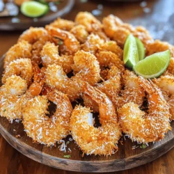 To make crispy coconut shrimp, gather these ingredients: - 1 pound large shrimp, peeled and deveined - 1 cup all-purpose flour - 2 large eggs, beaten - 1 cup shredded coconut (sweetened or unsweetened) - 1 cup Panko breadcrumbs - 1 teaspoon garlic powder - 1 teaspoon paprika - Salt and freshly cracked black pepper - Vegetable oil (about 1 inch deep) - Fresh lime wedges Start by rinsing the shrimp in cold water. Pat them dry with paper towels. This step is key for a crispy result. Season them with salt, black pepper, garlic powder, and paprika. Allow the shrimp to soak in these flavors. Next, set up your breading station. You need three bowls: one for flour, one for beaten eggs, and the last for a mix of shredded coconut and Panko. This method helps keep the mess down and makes for easier coating. You can swap the all-purpose flour for gluten-free flour if needed. For a lighter version, try using crushed cornflakes instead of Panko breadcrumbs. If you prefer a different flavor, consider adding cayenne pepper for some heat or try different spices like curry powder. This recipe is flexible, so feel free to get creative with the ingredients. For the coconut, you can use shredded, flaked, or even toasted coconut for added depth. The choice is yours! First, rinse the shrimp under cold water. After rinsing, dry them with paper towels. This step is key to getting a crispy texture. Next, season the shrimp. Use salt, black pepper, garlic powder, and paprika. Mix these spices evenly over the shrimp. Set them aside to soak in the flavors while you prepare the breading station. To bread the shrimp, set up three bowls. In the first bowl, add 1 cup of all-purpose flour. Next, pour 2 beaten eggs into the second bowl. In the third bowl, mix 1 cup of shredded coconut with 1 cup of Panko breadcrumbs. Make sure they are well combined for an even coating. This setup will help you coat each shrimp properly. Heat about 1 inch of vegetable oil in a large skillet over medium-high heat. The oil should shimmer when it’s hot enough, around 350°F (175°C). Carefully add the breaded shrimp to the hot oil. Avoid overcrowding the pan to ensure they fry evenly. Fry each shrimp for 2-3 minutes on each side. Look for a golden brown color and a crispy texture. Once done, use a slotted spoon to transfer them to a plate lined with paper towels. This helps remove excess oil. Serve your crispy coconut shrimp warm, with fresh lime wedges on the side for a zesty kick. For the full recipe, check the main article. To get that ideal crunch, use Panko breadcrumbs. They are lighter than regular crumbs. Mix them with shredded coconut for a great texture. When frying, do not overcrowd the pan. This helps each shrimp fry evenly. Keep the oil hot, around 350°F. If the oil is too cool, the shrimp will absorb it and turn soggy. Add more flavor to your shrimp by using spices. Garlic powder and paprika are great choices. You can also try adding a pinch of cayenne for a bit of heat. For a tropical twist, sprinkle some lime zest into the coconut mixture. This adds a fresh zing that pairs well with the shrimp. Serve your crispy coconut shrimp hot. Arrange them on a platter for a beautiful look. Fresh lime wedges are a must for squeezing over the shrimp. You can also serve them with a sweet chili sauce for dipping. This adds sweetness and a hint of spice, making every bite amazing. For a complete meal, pair your shrimp with a light salad or rice. For the full recipe, check out Crispy Coconut Shrimp 🦐🥥. Enjoy your cooking! {{image_4}} You can make coconut shrimp even better with a spicy dipping sauce. Mix together mayonnaise, sriracha, and lime juice. This sauce adds heat and zing. It pairs well with the sweetness of the shrimp. You can adjust the heat based on your taste. If you want more spice, add more sriracha. This sauce makes each bite exciting. Want a gluten-free option? Simply swap the all-purpose flour and Panko breadcrumbs for gluten-free versions. Use a gluten-free flour blend and gluten-free breadcrumbs. The process remains the same, and you still get that crispy texture. This way, everyone can enjoy delicious coconut shrimp without worry. If you prefer baking, you can still get those crispy results. Set your oven to 400°F (200°C). Prepare the shrimp as usual, but place them on a baking sheet lined with parchment paper. Spray them lightly with oil before baking. Bake for about 15-20 minutes, flipping halfway through. This method is healthier and still tasty. You can enjoy coconut shrimp without frying. For the full recipe, don’t forget to check out the complete list of ingredients and instructions. To keep leftover crispy coconut shrimp fresh, place them in an airtight container. Line the bottom with paper towels to absorb moisture. This helps maintain the shrimp's crunch. Store them in the fridge for up to three days. Avoid stacking the shrimp to prevent them from getting soggy. For the best results, reheat crispy coconut shrimp in the oven. Preheat your oven to 375°F (190°C). Place the shrimp on a baking sheet, spaced out evenly. Bake for about 10 minutes, or until they are warm and crispy again. If you don't have an oven, you can also use an air fryer. Set it to 350°F (175°C) for about 5 minutes. Both methods keep the shrimp crunchy. You can freeze crispy coconut shrimp for later enjoyment. First, let the shrimp cool completely. Then, arrange them in a single layer on a baking sheet. Freeze them for about an hour until solid. After that, transfer the shrimp to a freezer-safe bag or container. Remove as much air as possible. They will stay fresh for up to three months. When you want to eat them, thaw in the fridge overnight before reheating. For a complete guide on making this dish, check the Full Recipe. To make coconut shrimp crispy, you need to follow a few key steps. First, coat the shrimp well. Start with flour, then dip in egg, and finally coat with shredded coconut and Panko. This three-step process adds layers for crunch. Next, heat the oil properly. The oil should shimmer and be around 350°F (175°C). Fry in small batches. This helps keep the temperature steady, allowing the shrimp to fry evenly. Overcrowding can lead to soggy shrimp. Fry until golden brown for the best texture. Yes, you can use frozen shrimp for this recipe. Just remember to thaw them first. Place the shrimp in the fridge overnight or run them under cold water for quicker thawing. Pat them dry well before seasoning. This helps the coating stick better and keeps it crispy. Crispy coconut shrimp pairs well with many dips. A sweet and sour sauce adds a nice contrast. You could also try a tangy mango salsa for a fresh twist. Spicy aioli offers a creamy kick. If you like citrus, a zesty lime dipping sauce works great too. These options enhance the shrimp's flavor and make your dish even more enjoyable. You’ve learned about making coconut shrimp, from choosing the best ingredients to preparing them. Remember to keep your shrimp crispy and flavorful with the right techniques. You can customize the recipe to suit your tastes or dietary needs. Don’t forget tips for storage and reheating to enjoy later. Experiment with variations to keep things fresh. Now, it's your turn to make this dish and share it with friends and family! Enjoy creating delicious coconut shrimp that impress everyone.