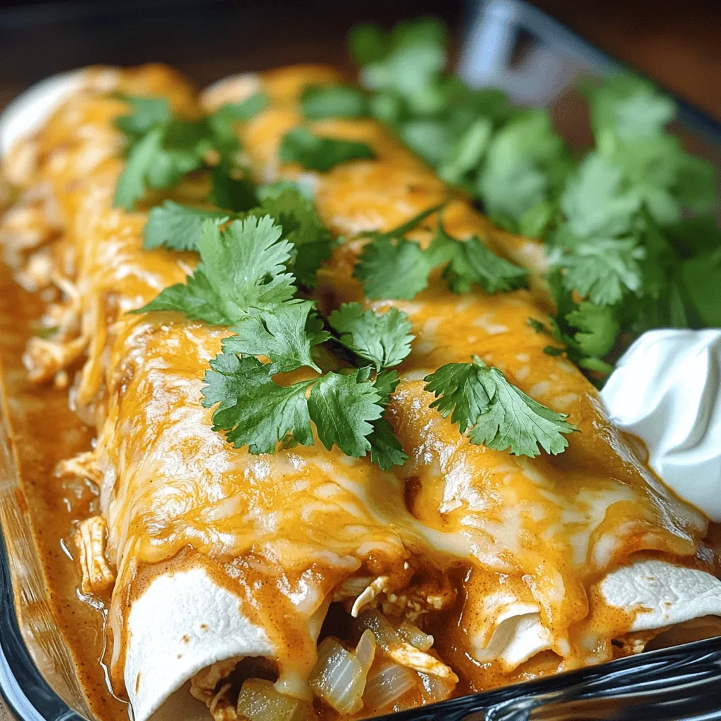 - Chicken and Tortillas - Use 2 cups of cooked, shredded chicken. It adds flavor and protein. - Choose 8 small flour tortillas. They are soft and easy to roll. - Cheese Varieties - Select 1 cup each of shredded cheddar and mozzarella cheese. These cheeses melt well and create a creamy texture. - Spices and Seasonings - Add 1 teaspoon of ground cumin and chili powder. These spices bring warmth and depth to the dish. - Use 1 small onion and 2 cloves of garlic. They add aroma and sweetness to the filling. - Garnishes for Serving - Fresh cilantro, chopped, works great as a garnish. It adds color and freshness. - Serve with sour cream for a creamy touch. It balances the spices well. - Suggested Sides for a Complete Meal - Pair your enchiladas with rice and beans. They make a hearty and satisfying meal. - Add a simple salad with lettuce, tomatoes, and a light dressing. It brings freshness to your plate. Preheat the Oven Start by preheating your oven to 350°F (175°C). This is a key step to ensure your enchiladas bake evenly and come out tasty. Sauteing Onions and Garlic Next, heat olive oil in a large skillet over medium heat. Add the finely chopped onion. Sauté until it looks soft and clear, about 3-4 minutes. Stir it often so it doesn’t burn. After that, add minced garlic along with ground cumin and chili powder. Cook this mix for one minute. You will smell a lovely aroma! Combining Chicken with Spices Now, add the shredded chicken to your skillet. Season it with salt and pepper. Pour in half of the enchilada sauce and mix well. This step lets the chicken soak up all those amazing flavors. Filling and Rolling Techniques To fill the tortillas, take one and put a scoop of the chicken mix and some cheese in the center. Roll it tightly, then place it seam-side down in a greased baking dish. Do this for all the tortillas. Arranging in Baking Dish Once you fill all the tortillas, pour the rest of the enchilada sauce over them. Spread it evenly. Don’t forget to sprinkle the reserved cheese on top! Cooking Time and Temperature Place the baking dish in your preheated oven. Bake for 20-25 minutes. You want the cheese to melt and get bubbly. It should be slightly golden on top. Tips for Achieving Perfectly Melted Cheese To get that perfect cheese melt, make sure your oven is at the right temperature. If you want extra crispness, you can broil the enchiladas for a minute or two at the end, but watch them closely. This process makes creating easy chicken enchiladas simple and fun. Enjoy your cooking! For the complete details, you can check the Full Recipe. - Overfilling Tortillas: This can lead to messy enchiladas. Use just enough filling to allow for easy rolling. If you overstuff, the tortillas may tear or spill out during baking. Keep it simple and manageable. - Not Seasoning Chicken Properly: Chicken should be flavorful. Always season it with salt and pepper. You can also add spices like cumin and chili powder. This makes the filling burst with taste. - Additional Spice Suggestions: If you love heat, add more chili powder or cayenne pepper. You can also mix in smoked paprika for a deeper flavor. Fresh lime juice adds a zesty kick, too. - Alternatives to Enchilada Sauce: If you want something different, try salsa verde or a creamy white sauce. BBQ sauce can give a sweet twist. Play with flavors to find what you love best. {{image_4}} You can change the protein in your enchiladas. Try using ground beef or turkey instead of chicken. For a vegetarian option, mix in black beans or lentils. Both choices taste great and give a nice twist to the recipe. If you need gluten-free options, choose corn tortillas. They hold up well and add a nice flavor. You can also find gluten-free flour tortillas at the store. These swaps keep your meal tasty and suitable for everyone. To mix up the flavor, add some fun ingredients. You can toss in diced bell peppers or chopped jalapeños for heat. Fresh corn adds a sweet crunch, while olives bring a salty touch. If you want something creamy, try drizzling a white sauce on top before baking. This sauce can be made with sour cream, cream cheese, or a mix of both. It makes your enchiladas rich and delicious. For more details, check the Full Recipe. To keep your easy chicken enchiladas fresh, use these tips: - Best Practices for Refrigeration: Let the enchiladas cool to room temperature. Place them in an airtight container. They can stay in the fridge for 3 to 4 days. Make sure to separate layers with parchment paper to avoid sticking. - Freezing Instructions: You can freeze enchiladas for up to 3 months. Wrap each enchilada in plastic wrap. Place them in a freezer-safe bag or container. Label the bag with the date for easy tracking. When you're ready to enjoy the leftovers, here’s how to heat them up: - Oven vs. Microwave Methods: The oven method gives the best results. Preheat the oven to 350°F (175°C). Place the enchiladas in an oven-safe dish, cover with foil, and heat for 20 minutes. For the microwave, place the enchiladas on a plate. Heat in 1-minute intervals until warm, but the texture may not be as good. - How to Keep Enchiladas Moist: To keep your enchiladas moist, add a splash of broth or extra enchilada sauce before reheating. Cover tightly with foil when using the oven. This traps steam and keeps them soft. To make enchiladas, combine cooked chicken, cheese, and spices in a tortilla. You can use homemade sauce or store-bought. Homemade sauce offers a fresh taste. To make it, mix tomatoes, spices, and broth. Cook until thick. This sauce can elevate your dish. Yes, you can make chicken enchiladas ahead of time. Prepare the enchiladas and place them in a baking dish. Cover and store in the fridge for up to two days. When ready to bake, pour on the sauce and add cheese. Enchiladas and burritos differ in size and sauce. Enchiladas use smaller tortillas, while burritos are larger and filled to the brim. Enchiladas are baked with sauce on top, while burritos are often wrapped and served without sauce. For detailed steps, check out the Cheesy Chicken Enchiladas Recipe. In this blog post, we covered how to make delicious chicken enchiladas. We discussed the main ingredients, the step-by-step process, and shared tips for perfecting your dish. Remember to avoid common mistakes, like overfilling tortillas. Don’t hesitate to swap in different proteins or sauces for variety. Enjoy your meal prep and feel confident serving these at dinner. With practice, you’ll master enchiladas that impress everyone at the table. Happy cooking!