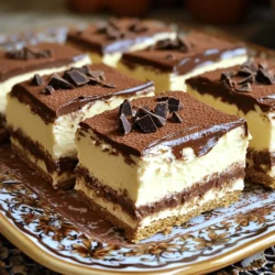 To make a No-Bake Chocolate Eclair Cake, you will need: - 1 box (14 oz) Graham crackers - 2 packages (3.4 oz each) instant vanilla pudding mix - 4 cups chilled milk - 1 container (8 oz) whipped topping (like Cool Whip) - 1 cup powdered sugar - 1/2 cup unsweetened cocoa powder - 1/2 cup unsalted butter, softened - 1 tablespoon pure vanilla extract - A pinch of salt You can easily swap some ingredients if needed. Here are a few ideas: - Graham crackers: You can use digestive biscuits or vanilla wafers for a different base. - Instant vanilla pudding: Try chocolate pudding for a richer flavor. - Whipped topping: If you prefer homemade, use heavy cream whipped to soft peaks. - Unsalted butter: Salted butter works too; just skip the added salt. - Powdered sugar: You can blend granulated sugar to make your own powdered sugar. To create this tasty dessert, gather these tools: - A spacious mixing bowl - A whisk for blending - A spatula for folding and spreading - A 9x13 inch baking pan for layering - Plastic wrap to cover the cake - A knife for cutting the cake into squares These ingredients and tools will help you make a delicious No-Bake Chocolate Eclair Cake. For the full recipe, check out the details above. Start by grabbing a big mixing bowl. Add the instant vanilla pudding mix and chilled milk. Whisk these together until they blend well. This step is important to avoid lumps. Let the mixture sit for about 2-3 minutes. It will thicken into a creamy pudding. Once it’s ready, take a spatula and gently fold in the whipped topping. This makes it light and fluffy. Set this vanilla pudding mixture aside for later. Now, let’s make the chocolate frosting. In a medium bowl, combine softened butter, powdered sugar, cocoa powder, vanilla extract, and a pinch of salt. Use a mixer to beat these ingredients together. Mix until fluffy and smooth. This frosting adds a rich, chocolatey flavor to your cake. Make sure it’s well mixed, so every bite is tasty. Now comes the fun part: layering! Start by lining the bottom of a 9x13-inch baking pan with a layer of Graham crackers. This forms a solid base. Next, spread half of the vanilla pudding mixture over the crackers. Smooth it out to cover evenly. Place another layer of Graham crackers on top of the pudding. Add the rest of the vanilla pudding mixture and smooth it again. Top this with one last layer of Graham crackers. Finally, spread the chocolate frosting over the last layer. Make sure it’s even and smooth. Cover the pan tightly with plastic wrap and chill it in the fridge for at least 4-6 hours. For best results, let it sit overnight. This lets all the flavors blend. When it’s time to serve, slice it into squares. Enjoy your delicious no-bake chocolate eclair cake! For the full recipe, check out the earlier section. To get the best texture for your cake, follow these steps: - Whisk the instant pudding mix with cold milk well. - Let it sit for 2-3 minutes to thicken. - Gently fold in the whipped topping. This keeps it light and fluffy. - Avoid over-mixing; this can make the mixture too runny. Here are some common errors that can ruin your cake: - Not letting the pudding thicken properly before mixing. - Skipping the cooling time in the fridge. This step is crucial. - Using warm milk instead of chilled milk, which can affect the pudding. - Overloading on frosting can make it too sweet. Balance is key! Making your cake look great adds to the joy of eating it: - Use a decorative platter to show off the layers. - Dust the top with cocoa powder for a nice touch. - Add chocolate shavings for a fun twist. - Serve with a dollop of whipped topping for extra flair. For a full recipe with detailed steps, check the [Full Recipe]. {{image_4}} You can brighten your No-Bake Chocolate Eclair Cake with fruits. Berries are a great choice. Strawberries, raspberries, or blueberries add color and taste. Just layer the fruit between the Graham crackers and pudding. You can also top the cake with fresh fruit before serving. This makes it look pretty and adds a fresh flavor. Think about mixing flavors for a unique twist. Try chocolate pudding instead of vanilla for a richer taste. You could also use coffee-flavored pudding for a mocha vibe. For a tropical touch, use coconut cream or pineapple pudding. Each option brings a new taste to the cake, keeping it exciting. You can make this cake fit different diets. For a gluten-free version, swap the Graham crackers for gluten-free cookies. There are many tasty options available. To make it dairy-free, use almond or coconut milk in the pudding. Also, choose a dairy-free whipped topping. These changes allow everyone to enjoy this dessert. Check the [Full Recipe] for more details on ingredients. After making your No-Bake Chocolate Eclair Cake, store it in the fridge. Cover the cake tightly with plastic wrap or foil. This keeps it fresh and prevents it from absorbing other flavors. The cake needs to chill for at least 4-6 hours, but overnight is best. This allows the layers to soften and blend well. If stored properly in the fridge, your cake will last for about 3-5 days. Keep an eye on it for any signs of spoilage. If you notice any off smells or changes in texture, it’s best to toss it. You can freeze the No-Bake Chocolate Eclair Cake, but it might change the texture. To freeze, cut the cake into pieces. Wrap each piece tightly in plastic wrap and then in foil. This helps avoid freezer burn. It can last for up to 2 months in the freezer. When ready to eat, thaw it in the fridge overnight. Enjoy the Full Recipe for all the details! Yes, you can use different types of pudding. Chocolate pudding will give a richer taste. You might also try butterscotch or banana pudding for a fun twist. Each option offers a unique flavor. Just remember to match the pudding with your favorite toppings. To make this cake ahead of time, prepare it a day in advance. Follow all the steps, then cover it tightly. Place it in the fridge overnight. The longer it chills, the better the flavors blend. This way, you save time on the day you want to serve it. You can serve this cake with fresh fruit like berries or sliced bananas. A scoop of vanilla ice cream pairs well too. For a special touch, drizzle chocolate or caramel sauce on top. These add flavor and make the dessert look stunning. You can make your own whipped cream if you prefer. Just whip heavy cream with a little sugar and vanilla. This adds a fresh taste and texture. If you use Cool Whip, it’s quick and easy, giving a nice creamy layer. Both options work well in this recipe. You've learned how to make a delicious No-Bake Chocolate Eclair Cake. We covered the key ingredients, simple steps, and helpful tips. You can add variations like fruits or alternative flavors to make it your own. Remember to store it correctly for the best taste later. Enjoy sharing this delightful cake at your next gathering! Your guests will love it, and you’ll feel proud of your creation. Keep experimenting and have fun in the kitchen!