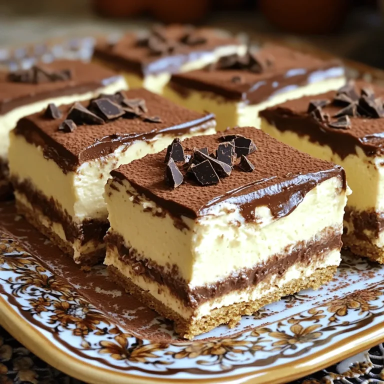 To make a No-Bake Chocolate Eclair Cake, you will need: - 1 box (14 oz) Graham crackers - 2 packages (3.4 oz each) instant vanilla pudding mix - 4 cups chilled milk - 1 container (8 oz) whipped topping (like Cool Whip) - 1 cup powdered sugar - 1/2 cup unsweetened cocoa powder - 1/2 cup unsalted butter, softened - 1 tablespoon pure vanilla extract - A pinch of salt You can easily swap some ingredients if needed. Here are a few ideas: - Graham crackers: You can use digestive biscuits or vanilla wafers for a different base. - Instant vanilla pudding: Try chocolate pudding for a richer flavor. - Whipped topping: If you prefer homemade, use heavy cream whipped to soft peaks. - Unsalted butter: Salted butter works too; just skip the added salt. - Powdered sugar: You can blend granulated sugar to make your own powdered sugar. To create this tasty dessert, gather these tools: - A spacious mixing bowl - A whisk for blending - A spatula for folding and spreading - A 9x13 inch baking pan for layering - Plastic wrap to cover the cake - A knife for cutting the cake into squares These ingredients and tools will help you make a delicious No-Bake Chocolate Eclair Cake. For the full recipe, check out the details above. Start by grabbing a big mixing bowl. Add the instant vanilla pudding mix and chilled milk. Whisk these together until they blend well. This step is important to avoid lumps. Let the mixture sit for about 2-3 minutes. It will thicken into a creamy pudding. Once it’s ready, take a spatula and gently fold in the whipped topping. This makes it light and fluffy. Set this vanilla pudding mixture aside for later. Now, let’s make the chocolate frosting. In a medium bowl, combine softened butter, powdered sugar, cocoa powder, vanilla extract, and a pinch of salt. Use a mixer to beat these ingredients together. Mix until fluffy and smooth. This frosting adds a rich, chocolatey flavor to your cake. Make sure it’s well mixed, so every bite is tasty. Now comes the fun part: layering! Start by lining the bottom of a 9x13-inch baking pan with a layer of Graham crackers. This forms a solid base. Next, spread half of the vanilla pudding mixture over the crackers. Smooth it out to cover evenly. Place another layer of Graham crackers on top of the pudding. Add the rest of the vanilla pudding mixture and smooth it again. Top this with one last layer of Graham crackers. Finally, spread the chocolate frosting over the last layer. Make sure it’s even and smooth. Cover the pan tightly with plastic wrap and chill it in the fridge for at least 4-6 hours. For best results, let it sit overnight. This lets all the flavors blend. When it’s time to serve, slice it into squares. Enjoy your delicious no-bake chocolate eclair cake! For the full recipe, check out the earlier section. To get the best texture for your cake, follow these steps: - Whisk the instant pudding mix with cold milk well. - Let it sit for 2-3 minutes to thicken. - Gently fold in the whipped topping. This keeps it light and fluffy. - Avoid over-mixing; this can make the mixture too runny. Here are some common errors that can ruin your cake: - Not letting the pudding thicken properly before mixing. - Skipping the cooling time in the fridge. This step is crucial. - Using warm milk instead of chilled milk, which can affect the pudding. - Overloading on frosting can make it too sweet. Balance is key! Making your cake look great adds to the joy of eating it: - Use a decorative platter to show off the layers. - Dust the top with cocoa powder for a nice touch. - Add chocolate shavings for a fun twist. - Serve with a dollop of whipped topping for extra flair. For a full recipe with detailed steps, check the [Full Recipe]. {{image_4}} You can brighten your No-Bake Chocolate Eclair Cake with fruits. Berries are a great choice. Strawberries, raspberries, or blueberries add color and taste. Just layer the fruit between the Graham crackers and pudding. You can also top the cake with fresh fruit before serving. This makes it look pretty and adds a fresh flavor. Think about mixing flavors for a unique twist. Try chocolate pudding instead of vanilla for a richer taste. You could also use coffee-flavored pudding for a mocha vibe. For a tropical touch, use coconut cream or pineapple pudding. Each option brings a new taste to the cake, keeping it exciting. You can make this cake fit different diets. For a gluten-free version, swap the Graham crackers for gluten-free cookies. There are many tasty options available. To make it dairy-free, use almond or coconut milk in the pudding. Also, choose a dairy-free whipped topping. These changes allow everyone to enjoy this dessert. Check the [Full Recipe] for more details on ingredients. After making your No-Bake Chocolate Eclair Cake, store it in the fridge. Cover the cake tightly with plastic wrap or foil. This keeps it fresh and prevents it from absorbing other flavors. The cake needs to chill for at least 4-6 hours, but overnight is best. This allows the layers to soften and blend well. If stored properly in the fridge, your cake will last for about 3-5 days. Keep an eye on it for any signs of spoilage. If you notice any off smells or changes in texture, it’s best to toss it. You can freeze the No-Bake Chocolate Eclair Cake, but it might change the texture. To freeze, cut the cake into pieces. Wrap each piece tightly in plastic wrap and then in foil. This helps avoid freezer burn. It can last for up to 2 months in the freezer. When ready to eat, thaw it in the fridge overnight. Enjoy the Full Recipe for all the details! Yes, you can use different types of pudding. Chocolate pudding will give a richer taste. You might also try butterscotch or banana pudding for a fun twist. Each option offers a unique flavor. Just remember to match the pudding with your favorite toppings. To make this cake ahead of time, prepare it a day in advance. Follow all the steps, then cover it tightly. Place it in the fridge overnight. The longer it chills, the better the flavors blend. This way, you save time on the day you want to serve it. You can serve this cake with fresh fruit like berries or sliced bananas. A scoop of vanilla ice cream pairs well too. For a special touch, drizzle chocolate or caramel sauce on top. These add flavor and make the dessert look stunning. You can make your own whipped cream if you prefer. Just whip heavy cream with a little sugar and vanilla. This adds a fresh taste and texture. If you use Cool Whip, it’s quick and easy, giving a nice creamy layer. Both options work well in this recipe. You've learned how to make a delicious No-Bake Chocolate Eclair Cake. We covered the key ingredients, simple steps, and helpful tips. You can add variations like fruits or alternative flavors to make it your own. Remember to store it correctly for the best taste later. Enjoy sharing this delightful cake at your next gathering! Your guests will love it, and you’ll feel proud of your creation. Keep experimenting and have fun in the kitchen!