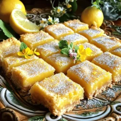 To make zesty lemon bars, you need fresh ingredients for the best taste. Here’s what you’ll need: - 1 cup all-purpose flour - 1/4 cup granulated sugar - 1/2 cup unsalted butter, softened - 1/4 teaspoon salt - 2 large eggs - 1 cup granulated sugar (for filling) - 2 tablespoons all-purpose flour (for filling) - 1/2 cup freshly squeezed lemon juice - Zest of 2 lemons - 1/2 teaspoon baking powder - Powdered sugar (for dusting) Gather these items before you start. Fresh lemon juice makes a big difference in flavor. The zest adds brightness and aroma. You can find all these ingredients at your local grocery store. For the full recipe, you can follow the instructions and enjoy making these tasty treats. First, set your oven to 350°F (175°C). This will get the heat ready for baking. In a medium bowl, mix these ingredients: - 1 cup all-purpose flour - 1/4 cup granulated sugar - 1/2 cup unsalted butter, softened - 1/4 teaspoon salt Use your fingers or a pastry cutter to blend until it looks like coarse crumbs. Press this mixture into the bottom of your greased or lined baking pan. Place the pan in the preheated oven. Bake for 15-18 minutes. The crust should be lightly golden and firm. Once done, take it out and let it cool a little. In another bowl, whisk together: - 2 large eggs - 1 cup granulated sugar - 2 tablespoons all-purpose flour - 1/2 cup freshly squeezed lemon juice - Zest of 2 lemons - 1/2 teaspoon baking powder Make sure to mix it until smooth. After the crust cools slightly, carefully pour the filling over it. Use a spatula to spread it evenly. Put the pan back in the oven. Bake for 20-25 minutes. The filling should set and turn a light golden color. Check with a toothpick; it should come out clean or with a few moist crumbs. Once baked, take out the pan. Let it cool to room temperature. For best results, chill in the fridge for at least 2 hours before cutting. After chilling, dust the top with powdered sugar. Cut into squares or bars for serving. For a nice touch, use a pretty platter. Add fresh mint leaves or flowers for color. You can find the Full Recipe for more details. To get the best flavor from your lemon bars, balance is key. You want both sweetness and tartness to shine. Use fresh lemons for juice and zest. Their bright flavor adds a zing that bottled juice cannot match. For sweetness, adjust the sugar. Start with the amount in the recipe, then taste the filling. If it’s too tart, add a little more sugar. If it’s too sweet, a touch more lemon will help. This way, you create the perfect zingy flavor. After making these lemon bars, you might have some left. To keep them fresh, store them in the fridge. Use an airtight container to seal in the flavor. They can last about a week in the fridge. If you want to save some for later, you can freeze them. Just wrap them tightly in plastic wrap, then place them in a freezer bag. They can stay fresh for up to three months. When you’re ready to eat, thaw them in the fridge overnight. If you need a gluten-free option, it’s easy to switch ingredients. Instead of all-purpose flour, use a gluten-free blend. Many brands offer a mix that works well in baking. Just make sure it has a binding agent, like xanthan gum, to help hold everything together. The taste will still be great, and you won’t miss the gluten. Enjoy your zesty lemon bars without worry! For the complete recipe, check out the Full Recipe section. {{image_4}} You can change your lemon bars by adding fruits. Berries work great! Try fresh raspberries or blueberries. Just mix them into the filling. They add color and flavor. You can also use sliced strawberries. They pair well with lemon. This twist makes your bars pop! For a tropical flair, swap the crust with coconut. Use shredded coconut mixed with flour. You can add a bit of sugar too. This gives the crust a nice chew. It also adds a sweet, nutty taste. Your zesty lemon bars will feel like a beach treat! If you want a vegan version, it’s simple. Replace eggs with flax eggs or chia seeds. Mix 1 tablespoon of flaxseed meal with 2.5 tablespoons of water. Let it sit for a few minutes until it thickens. Use plant-based butter instead of regular butter. This way, everyone can enjoy these tasty lemon bars! To keep your lemon bars fresh, store them in the fridge. Use an airtight container to protect them from drying out. You can also cover them tightly with plastic wrap. This method helps maintain their zesty flavor and soft texture. Ensure the bars are completely cool before storing. This prevents condensation that can make them soggy. If you want to save some lemon bars for later, freezing is a great option. First, cut the bars into squares. Wrap each piece in plastic wrap. Then, place them in a freezer bag or container. This helps prevent freezer burn. You can freeze the bars for up to three months. When ready to eat, thaw them in the fridge overnight. Zesty lemon bars last about one week in the fridge. If stored properly, they retain their taste and texture. If you freeze them, they can last much longer. This makes them perfect for meal prep or special occasions. Just remember to check for any signs of spoilage before enjoying them. To prevent cracks, make sure to bake your lemon bars gently. Bake them at the right temperature, and do not overmix the filling. Once you pour the filling, avoid opening the oven door too often. This keeps the heat even. If you notice cracks, dusting with powdered sugar can help hide them. Yes, you can use bottled lemon juice. However, fresh lemon juice gives a brighter taste. Freshly squeezed juice has more flavor and aroma. If you use bottled juice, check the label to ensure it has no added sugars. This keeps the taste true to the recipe. If your filling is too runny, it might need more flour. You can also bake it a bit longer. If it still does not set, try refrigerating it. Cooling helps it firm up. In the future, follow the instructions carefully to avoid this issue. To make your lemon bars more refreshing, add fresh herbs like mint or basil. You can also serve them with a dollop of whipped cream on top. Another idea is to sprinkle some sea salt for a flavor boost. This contrast makes the lemon flavor pop. Yes, you can reduce the sugar in the filling by up to half. Use less sugar to balance the tartness of the lemons. You can also add more lemon zest to enhance the flavor without adding sweetness. This adjustment makes the bars zesty and bright. For the full recipe, check the details above. This post showed you how to make lemon bars from scratch. We covered the tasty ingredients, step-by-step instructions, and useful tips. Keeping the right balance of sweet and tart is key. You can even add your unique twist! Remember to store them properly for freshness. Enjoy your lemon bars and share them with friends. Simple steps lead to delicious bites!