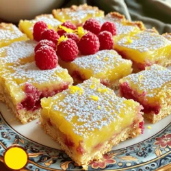 To make these delicious raspberry lemon bars, you need the following ingredients: - 1 cup all-purpose flour - 1/2 cup powdered sugar, plus extra for dusting (optional) - 1/4 teaspoon salt - 1/2 cup unsalted butter, melted - 2 large eggs - 1 cup granulated sugar - 1/4 cup freshly squeezed lemon juice (about 2 medium lemons) - Zest of 1 lemon - 1 cup fresh raspberries (or frozen raspberries, thawed and drained) Using high-quality ingredients makes a big difference. Choose fresh lemons for the best flavor. Their zest adds a bright note to the bars. Fresh raspberries are ideal, but frozen can work too. Just ensure they are thawed and drained well. For the crust, use unsalted butter for better control of salt levels. Opt for organic flour and sugar whenever possible. You can easily adapt this recipe to fit different diets: - For a gluten-free option, use a 1:1 gluten-free flour blend. - If you need a dairy-free version, replace unsalted butter with coconut oil or vegan butter. - For a lower sugar version, consider using a sugar substitute like stevia or monk fruit. - If you want to skip eggs, try a flaxseed or chia seed mixture as a binding agent. By making these swaps, you can enjoy raspberry lemon bars that fit your needs. For the full recipe, check out the detailed instructions provided! Start by preheating your oven to 350°F (175°C). Take an 8x8 inch baking dish. You can grease it lightly or line it with parchment paper. Leave some paper hanging over the edges. This makes it easy to lift out later. In a medium bowl, mix together the flour, powdered sugar, and salt. Whisk these dry ingredients until they blend well. Next, pour in the melted butter. Use a fork or spatula to stir until it looks like wet sand. Now, press the mixture evenly into the bottom of the dish. Make sure it covers the whole base. Bake this crust for about 15 minutes. You want it to be golden brown. While your crust bakes, it’s time to make the filling. In a large bowl, whisk the eggs, granulated sugar, lemon juice, and lemon zest. Keep whisking until it’s smooth and creamy. Now, gently add the raspberries. Fold them in carefully. You don’t want to crush them. The berries give a nice pop of color and flavor. When the crust is ready, pour the lemon and raspberry filling on top. Spread it out evenly. Return the dish to the oven and bake for another 20-25 minutes. The filling should be set but still a bit jiggly in the middle. Once done, take it out and let it cool on a wire rack. After it cools to room temperature, put it in the fridge for at least an hour. This helps the filling firm up. When you’re ready to serve, dust the top with some powdered sugar. It adds a nice touch! Enjoy these tasty raspberry lemon bars. For the full recipe, check the section above. Baking can be tricky. Here are some mistakes to watch out for: - Not measuring ingredients: Use measuring cups and spoons for accuracy. - Overmixing the batter: Mix just until combined to keep bars light. - Skipping the chill time: Refrigerating helps the bars set properly. Layering is key for these bars. Follow these tips: - Press the crust firmly: Use your fingers or a flat bottomed glass to pack it. - Pour filling gently: To keep layers separate, pour slowly over the crust. - Use a toothpick: Check doneness by inserting a toothpick into the center. If it comes out clean, it’s ready. Want more flavor? Try these ideas: - Add zest: Use more lemon zest for a stronger citrus taste. - Use herbs: A hint of fresh mint or basil can add depth. - Drizzle sauce: Top with a berry sauce for extra sweetness and flair. For the full recipe, check out the details above. Enjoy your baking! {{image_4}} You can have fun with this recipe. Instead of raspberries, try using blueberries or strawberries. These fruits give a sweet taste. You can also use blackberries for a tart twist. If you want a tropical feel, use mango puree. Adjust the lemon juice based on the fruit's sweetness. This keeps the balance of tangy and sweet. You can make these bars gluten-free easily. Substitute all-purpose flour with almond or oat flour. For a vegan option, replace eggs with flax eggs. Mix one tablespoon of ground flaxseed with three tablespoons of water. Let it sit for a few minutes until it thickens. Use coconut oil instead of butter for a dairy-free version. These swaps keep the flavor rich and delicious. Presentation matters! Cut the bars into fun shapes with cookie cutters. Serve them on a bright platter. Top each bar with whipped cream for extra delight. You can also pair them with a scoop of vanilla ice cream. Fresh mint leaves add a nice touch too. For a fancy twist, drizzle with a lemon glaze. You’ll impress everyone with these simple ideas. Try the full recipe to explore all these variations and more! To keep your raspberry lemon bars fresh, store them in the fridge. Place the bars in an airtight container. This will help them last up to one week. If you need to store them longer, freezing is a great option. To freeze your raspberry lemon bars, first, let them cool completely. Then, cut them into squares. Wrap each square tightly in plastic wrap. After that, place the wrapped bars in a freezer-safe bag or container. They can stay fresh for up to three months in the freezer. If your bars were frozen, let them thaw in the fridge overnight. This keeps them cool and tasty. Before serving, dust them with powdered sugar for a sweet touch. You can also add fresh raspberries on top for a colorful look. Enjoying these bars fresh makes every bite a delight. To cut the bars, use a sharp knife. Make sure the bars are cold. This helps keep the filling intact. Start by slicing down the middle. Then, cut each half into equal pieces. If you want clean edges, wipe the knife between cuts. A little patience here makes a big difference. Yes, you can use frozen raspberries. Just make sure to thaw and drain them first. Frozen fruit tends to hold more water. This can make the filling too wet. Gently fold the thawed raspberries into the filling. Be careful not to crush them too much. You can make these bars up to two days in advance. Store them in the fridge. This allows the flavors to develop. If you want to keep them longer, consider freezing. Just wrap them well in plastic wrap. Then, place them in an airtight container. In this post, we covered how to make delicious raspberry lemon bars. We went through the ingredients, from special notes on quality to substitutions. The step-by-step guide detailed prepping, filling, baking, and cooling. We shared tips for avoiding mistakes and creating perfect layers. You also learned about fun variations and how to store your treats correctly. With these clear instructions, you can bake confidently. Enjoy your baking and make these bars shine!