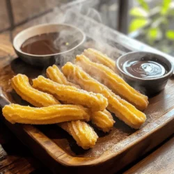 To make cinnamon sugar churros, you need a few key ingredients: - 1 cup water - 2 tablespoons granulated sugar - 1/2 teaspoon salt - 1/4 cup unsalted butter, cut into pieces - 1 cup all-purpose flour - 2 large eggs, at room temperature - 1 teaspoon vanilla extract These ingredients come together in a fun way. The water, sugar, salt, and butter create a rich base when boiled. Then, we add flour and eggs to form a dough that puffs up beautifully when fried. For the cinnamon sugar coating, you will need: - 1/4 cup granulated sugar - 1 tablespoon ground cinnamon Mix these two well to create a sweet topping. If you need alternatives, consider using coconut sugar or a sugar substitute. These work well for special diets without losing flavor. Choosing the right oil is key for frying churros. Here are some tips: - Best types of oil: Use vegetable or canola oil. They have high smoke points and won't affect the churros' taste. - Oil temperature guide: Heat the oil to 375°F (190°C). This temp helps churros fry evenly, giving them a golden color. Follow these tips for the best churros. You can find the full recipe to help you get started on this tasty journey! To make the dough for your churros, start by combining the wet ingredients. In a medium saucepan, add 1 cup of water, 2 tablespoons of sugar, 1/2 teaspoon of salt, and 1/4 cup of unsalted butter. Heat this mixture over medium heat. Stir until it boils and the butter melts completely. Once boiling, take the saucepan off the heat. Quickly stir in 1 cup of all-purpose flour. Use a wooden spoon or spatula to mix until a smooth dough forms. It should pull away from the sides of the pan. Let it cool for about 10 minutes. Now, it’s time to add the eggs. Add 2 large eggs one at a time. Mix well after each egg until smooth. Finally, stir in 1 teaspoon of vanilla extract. This will make your dough glossy and ready for frying. Next, prepare the oil for frying. Heat oil in a deep fryer or large pot to 375°F (190°C). Use a candy thermometer to check the temperature. This step is vital for the best texture. While the oil heats, fill a piping bag with your churro dough. Use a star tip for that classic shape. Pipe the dough into 6-inch long strips directly into the hot oil. Keep a safe distance to avoid splashes. Fry each churro for about 2-3 minutes on each side. Look for a golden brown color and a nice puff. Once they are golden, carefully remove the churros using a slotted spoon. Let the excess oil drip off, then place them on a paper towel-lined plate to absorb more oil. When your churros are warm, it’s time to coat them in cinnamon sugar. In a bowl, mix 1/4 cup of granulated sugar with 1 tablespoon of ground cinnamon. Roll each churro in this mix while it’s still warm. This gives them that sweet and spicy finish. For serving, arrange the churros on a large platter. Lightly dust with extra cinnamon sugar for a pretty look. You can add small bowls of warm chocolate sauce or caramel for dipping. This makes your churros even more special. Enjoy your delicious treat! For the complete recipe, see the Full Recipe section. The oil temperature is key. Keep it at 375°F (190°C). This hot oil makes the churros puff up and turn golden. If it's too cold, churros can soak up oil and become greasy. Use a candy thermometer to check the heat. To avoid soggy churros, fry them in small batches. Overcrowding the pan cools the oil quickly. This makes it hard for churros to crisp up. Give each churro space to fry well. You can add chocolate or caramel flavors to your churros. Melt dark chocolate and dip them for a rich taste. Or, drizzle warm caramel for a sweet touch. Don’t be afraid to experiment! Try adding spices like nutmeg or extracts like almond. These can change the flavor profile. A little can make a big difference! Avoid overcrowding the frying pan. This can lead to uneven cooking. Stick to frying a few churros at a time. Let the dough cool before adding eggs. If you add eggs too soon, they can cook in the heat. This changes the texture and makes mixing harder. Always cool the dough for about 10 minutes before mixing in eggs. For the complete process, refer to the Full Recipe for more tips. {{image_4}} You can make churros gluten-free by changing the flour. Use almond flour or rice flour instead of all-purpose flour. Each option alters the taste and texture slightly. Almond flour adds a nutty flavor, while rice flour keeps it light. Keep an eye on the dough. Adjust water based on the flour you choose. Start with 1 cup and add more if needed. This way, your churros stay soft and tasty. To make churros vegan, you need egg replacements. You can use flaxseed meal or applesauce. Mix 1 tablespoon of flaxseed with 2.5 tablespoons of water. Let it sit for 5 minutes. This gives a nice egg-like texture. For a dairy-free option, replace butter with coconut oil or vegan butter. Both will keep flavors rich and creamy. Your churros will still taste amazing without animal products. Churros can be more fun with unique flavors. Try chocolate churros for a rich twist. Add cocoa powder to the dough for a chocolatey delight. For spiced churros, mix in nutmeg or ginger. These spices give a warm, festive taste. You can even dip them in chocolate sauce for extra flavor. Enjoy experimenting to find your favorite! To keep your churros fresh, place them in an airtight container. Make sure they cool to room temperature first. This helps prevent sogginess. If stored properly, they will stay good for about two days. To reheat churros, preheat your oven to 350°F (175°C). Place the churros on a baking sheet. Heat them for about 10 minutes. This will restore their crispiness. Avoid using the microwave, as it can make them chewy. You can freeze churros before or after frying. If freezing before frying, pipe the dough into strips. Place them on a baking sheet lined with parchment paper. Once they freeze solid, transfer them to a freezer bag. If you freeze them after frying, let them cool completely. Wrap each churro in plastic wrap. Then, place them in a freezer bag. They can last up to three months in the freezer. To defrost, move the churros to the fridge overnight. For best taste, reheat them in the oven as mentioned above. Churros can stay fresh for two days at room temperature. If refrigerated, they can last about a week. When frozen, they remain good for up to three months. Watch for signs of spoilage. If they become hard or dry, they are not good to eat. Also, check for any off smells or unusual colors. Proper storage helps keep your churros delightful and tasty. For the complete recipe, refer to the Full Recipe section. To keep your churros from being oily, focus on a few key steps. - Tips for proper frying: Always heat your oil to 375°F (190°C). Use a thermometer to check the temperature. If the oil is too cool, churros absorb more oil. Fry only a few at a time. This helps maintain the oil’s temperature. - Drainage techniques after frying: Use a slotted spoon to lift churros out of the oil. Let them rest on a plate lined with paper towels. This removes excess oil, keeping them crisp. Yes, you can prepare churros in advance. - Best practices for making churros in advance: Make the dough and pipe the churros. Place them on a tray lined with parchment paper. Chill them in the fridge until ready to fry. - How to keep them warm and fresh before serving: Keep fried churros in a warm oven at 200°F (93°C). This will keep them warm without cooking them further. Pairing churros with tasty dips makes them even better. - Popular dipping sauces: Warm chocolate sauce and caramel sauce are favorites. You can also try a creamy vanilla sauce for a fun twist. - Other dessert pairings to enhance your churro experience: Serve churros with ice cream or fruit. They pair well with strawberries or bananas for a fresh touch. You can find churros in several places. - Local vendors or establishments known for churros: Many fairs and food trucks sell churros. Check local dessert shops or bakeries too. - Online delivery options and recipes for homemade churros: Some restaurants offer delivery. You can also make your own churros at home. For a full recipe, check the details above. In this post, we explored how to make delicious cinnamon sugar churros. We covered essential ingredients and step-by-step instructions for perfect churros. I shared tips for frying, coating, and serving, along with ways to avoid common mistakes. You can also try gluten-free and vegan options or add unique flavors. Store leftovers properly to enjoy later. Remember, with a few simple tips, you can make churros just right. Enjoy your churro-making journey and impress your friends and family with your tasty treats!