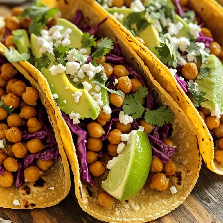 To make spicy chickpea tacos, gather these ingredients: - 1 can (15 oz) chickpeas, drained and thoroughly rinsed - 1 tablespoon olive oil - 1 teaspoon smoked paprika - 1 teaspoon ground cumin - 1/2 teaspoon chili powder - 1/4 teaspoon cayenne pepper (adjust for spice level) - Salt and pepper to taste - 1 tablespoon fresh lime juice - 8 small corn or flour tortillas - 1/2 cup finely shredded red cabbage - 1 ripe avocado, thinly sliced - 1/4 cup fresh cilantro, roughly chopped - 1/4 cup crumbled feta cheese (optional) - Hot sauce (optional) You can enhance your tacos with these optional ingredients: - Sliced radishes for crunch - Diced tomatoes for freshness - Pickled jalapeños for extra heat - Sour cream for creaminess - Corn for sweetness Chickpeas are high in protein and fiber. They help keep you full. Each taco gives you energy without too many calories. A typical taco has: - Calories: 180 - Protein: 8 grams - Fiber: 5 grams - Fat: 7 grams (if using feta) Chickpeas also provide vitamins and minerals. They are a healthy choice for any meal. For the full recipe, check the earlier section. Start by preheating your oven to 400°F (200°C). This heat helps the chickpeas turn crispy. A hot oven is key for a great texture. In a large bowl, mix the drained chickpeas with olive oil. Add smoked paprika, ground cumin, chili powder, cayenne pepper, and salt. Toss them gently until all chickpeas are well-coated. This helps every bite burst with flavor. The spices make them spicy and fragrant. Spread the seasoned chickpeas on a baking sheet in a single layer. Roast them in the oven for 20-25 minutes. Stir them halfway through for even cooking. While the chickpeas roast, warm your tortillas in a skillet over medium heat. Heat each tortilla for about 30 seconds on both sides. This makes them soft and easy to fold. Keep them warm in a towel or a tortilla holder. For the full recipe, check out the complete guide in the article. To get crispy chickpeas, you must dry them well. Start with a can of chickpeas. Drain and rinse them first. Then, pat them dry using a kitchen towel. This helps remove excess moisture. The drier they are, the crispier they get when roasted. A touch of olive oil adds flavor and aids in crisping. Toss the chickpeas with oil and spices before baking. Spread them out evenly on the baking sheet. This ensures they roast uniformly. Stir them halfway through to avoid burning. Chickpeas absorb spices well, so feel free to adjust the seasonings. If you want more heat, add extra cayenne pepper. For a smoky flavor, increase the smoked paprika. Don't hesitate to experiment with spices you like. You can try garlic powder or onion powder for more depth. A squeeze of lime juice enhances the overall taste. It adds brightness and freshness to the dish. Taste your mixture before roasting. Adjust the salt and pepper to your liking. Soft tortillas make all the difference. Heat a skillet over medium heat to warm them. Place each tortilla in the skillet for about 30 seconds on each side. This keeps them from tearing when you fill them. You can also wrap them in a clean towel. This method keeps them warm and soft until serving. If you prefer, use corn or flour tortillas based on your taste. Each type brings a unique flavor and texture to your tacos. For the full recipe, check out the [Full Recipe]. {{image_4}} You can easily make these tacos vegetarian or vegan. Simply skip the feta cheese for a dairy-free option. Replace it with avocado or a vegan cheese. You can also add more veggies like bell peppers or corn. These additions pack in flavor and nutrition. Sauces can change the whole taco game. Try a creamy avocado sauce for a rich twist. A tangy yogurt sauce works well too. You can also use salsa, pico de gallo, or even a chipotle sauce. Toppings like diced tomatoes, jalapeños, or radishes give extra crunch. Don't forget lime wedges for a zesty kick! If you're in the mood for something different, use black beans or lentils instead of chickpeas. Shredded jackfruit or tofu are great plant-based options too. For non-vegetarians, grilled chicken or shrimp can be delicious alternatives. Each option adds unique flavors and textures to your taco experience. For the full recipe, check out the details above. After enjoying your spicy chickpea tacos, store any leftovers in an airtight container. This keeps them fresh and prevents moisture loss. If you have extra filling, store it separately from the tortillas. This way, the tortillas stay soft, not soggy. I usually place a paper towel in the container to absorb any excess moisture. To reheat, preheat your oven to 350°F (175°C). Place the tacos on a baking sheet, and heat for about 10-15 minutes. This warms them evenly while keeping the tortillas nice and crispy. If you prefer a microwave, heat tacos for 30 seconds to 1 minute, but be aware that the tortillas may become chewy. - Chickpeas: Once opened, canned chickpeas last about 3-4 days in the fridge. - Tortillas: Unopened, they last for weeks. After opening, use within 5-7 days. - Cabbage: Fresh cabbage stays good for about 1-2 weeks in the fridge. - Avocado: Once cut, use within 1-2 days to avoid browning. - Cilantro: It lasts about a week when stored in a damp paper towel in the fridge. For more details on how to make these delicious tacos, check out the Full Recipe. To make spicy chickpea tacos, start by roasting chickpeas. Use drained and rinsed chickpeas, olive oil, and spices like smoked paprika and cumin. Roast them until crispy. Warm your tortillas and fill them with the roasted chickpeas. Add toppings like shredded cabbage, avocado, and cilantro. Finish with lime juice for zest. You can follow the Full Recipe for detailed steps. Chickpeas are packed with nutrients. They are high in protein and fiber, which helps keep you full. They also provide iron, magnesium, and vitamins that support your health. Eating chickpeas may aid digestion and help with heart health. Plus, they are low in fat, making them a great choice for any meal. Yes, you can make these tacos gluten-free easily. Just use corn tortillas instead of flour tortillas. Most corn tortillas are gluten-free. Always check the packaging to ensure they meet your needs. This way, you can enjoy the spicy chickpea tacos without worry. To adjust the spice level, play with the cayenne pepper. If you prefer milder tacos, reduce the amount or leave it out. You can also add more chili powder for flavor without too much heat. For extra spice, drizzle hot sauce on top before serving. Great toppings for chickpea tacos include: - Shredded red cabbage - Sliced avocado - Chopped cilantro - Crumbled feta cheese (if desired) - Fresh lime juice Feel free to mix and match based on your taste. Enjoy customizing your tacos! In this article, I covered how to make tasty chickpea tacos. We explored the key ingredients and optional flavor boosters. I provided step-by-step instructions for roasting chickpeas and warming tortillas. You learned tips for making chickpeas crispy and tortillas soft. Various tasty options and storage tips help make your meals easy. Chickpea tacos are simple and fun. You can adjust flavors as you please. Enjoy your cooking and share these tasty tacos with others!