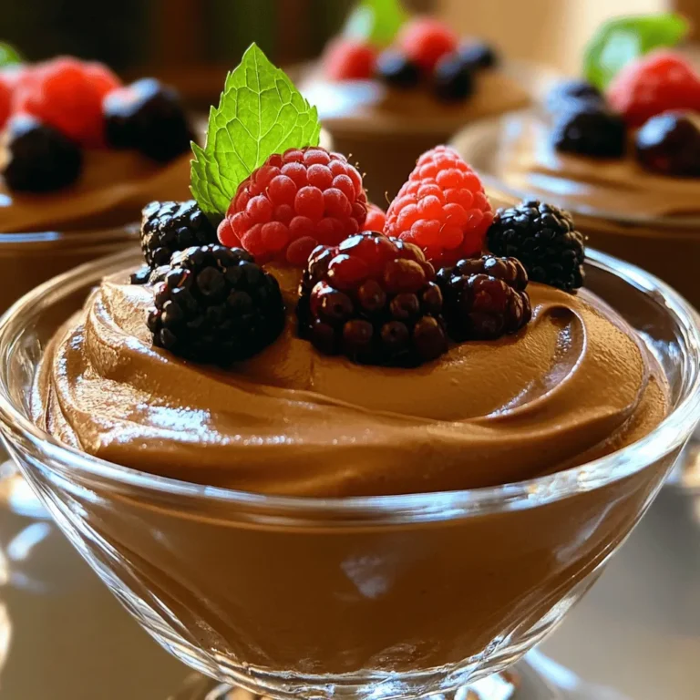 To make the perfect vegan chocolate avocado mousse, you need a few simple ingredients. Here’s the list: - Ripe avocados - Unsweetened cocoa powder - Maple syrup or agave nectar - Almond milk or non-dairy milk - Pure vanilla extract - Sea salt - Optional garnishes: Fresh berries and mint leaves Each ingredient plays an important role. The ripe avocados provide a creamy base. Unsweetened cocoa powder gives it that rich chocolate flavor. Maple syrup or agave nectar sweetens the mousse without using refined sugar. Almond milk adds the right amount of liquid to blend smoothly. Pure vanilla extract enhances overall flavor, while a pinch of sea salt balances the sweetness. For garnishes, fresh berries and mint leaves add color and freshness. You can use raspberries, blueberries, or strawberries. They not only look pretty but also add a burst of natural sweetness. Using high-quality ingredients makes a big difference. Choose organic avocados and cocoa powder when possible. This vegan chocolate avocado mousse is all about simple, fresh flavors that come together quickly. For the complete recipe, check out the Full Recipe. - Preparing the avocados: Start with two ripe avocados. Cut them in half, remove the pit, and scoop the flesh into a bowl. Make sure they are soft and ready for blending. - Measuring the dry ingredients: Use a measuring cup to get 1/2 cup of unsweetened cocoa powder. This will give the mousse its rich chocolate flavor. - Selecting the right non-dairy milk: Choose 1/4 cup of almond milk or any non-dairy milk you prefer. This helps create a creamy texture without dairy. - Combining the ingredients in a food processor: Add the avocado, cocoa powder, 1/2 cup of maple syrup, almond milk, 1 teaspoon of vanilla extract, and a pinch of sea salt into the food processor. - Achieving the perfect texture: Blend on high speed until the mixture is creamy and smooth. Stop to scrape down the sides to mix everything well. - Proper refrigeration time: Spoon the mousse into bowls and cover them. Place the bowls in the fridge for at least 30 minutes. This helps the flavors come together. - Importance of chilling: Chilling allows the mousse to set and become firmer, making it more enjoyable to eat. Adjust the sweetness of your mousse to match your taste. Start with the given amount of maple syrup. After blending, taste the mousse. If it’s not sweet enough, add more syrup and blend again. You can also try using other sweeteners like agave nectar or coconut sugar. Each option has a different flavor and sweetness level. Maple syrup gives a rich taste, while agave is milder. Get creative when presenting your mousse. Use clear glasses to show off its dark color. You can layer the mousse with fresh berries for a fun look. Try pairing it with a slice of vegan cake or some crunchy cookies. This adds texture and flavor. Don’t be afraid to mix and match! To avoid lumps, blend the mousse well. Use a high-speed blender or food processor. Stop to scrape down the sides of the bowl. This ensures all ingredients mix evenly. If you find lumps after blending, re-blend for a few seconds. Aim for a silky, smooth texture. This makes every bite a delight. For a perfect finish, let it chill in the fridge for at least 30 minutes. This step helps the mousse thicken and flavors to meld. {{image_4}} You can easily change the taste of your vegan chocolate avocado mousse. Try adding a splash of espresso for a rich coffee flavor. It pairs well with chocolate. Orange zest brings a bright, citrus twist. Just a little zest can elevate the dessert. You can also experiment with different types of cocoa. Dark cocoa gives a deeper taste, while Dutch-processed cocoa offers a milder flavor. Each cocoa type adds a unique touch to your mousse. Need a sugar-free option? Use a sugar substitute like stevia or erythritol. These alternatives keep the mousse sweet without added sugar. If you want a nut-free version, replace almond milk with oat milk or soy milk. Both options keep it creamy and delicious. Just make sure to check labels for any allergens. This way, everyone can enjoy the mousse without worry. Toppings can take your mousse to the next level. Fresh fruits like berries add a pop of color and flavor. Raspberries and strawberries work great. Nuts like walnuts or almonds add crunch and a nutty taste. If you want something creamier, try dairy-free whipped cream. It adds a soft, fluffy texture that contrasts nicely with the mousse. You can mix and match toppings to create your perfect dessert. To keep your vegan chocolate avocado mousse fresh, use airtight containers. This step stops air from ruining the taste and texture. I suggest placing parchment paper between layers if you stack them. This way, the mousse won’t stick to the lid. Always store it in the fridge. When properly stored, the mousse lasts up to 3 days in the fridge. After this time, check for signs of spoilage. If you see any browning on the surface, it’s best to toss it. A sour smell or odd taste also signals spoilage. Always trust your senses! Yes, you can freeze vegan chocolate avocado mousse! To do this, pour it into freezer-safe containers. Leave some space at the top, as it will expand. When ready to eat, move it to the fridge overnight to thaw. Avoid using the microwave, as it can change the texture. Yes, vegan chocolate avocado mousse is packed with health benefits. The main ingredients, avocados and cocoa powder, offer a wealth of nutrients. - Avocados: They are rich in healthy fats, fiber, and vitamins. These fats help your heart and keep you feeling full. - Cocoa Powder: This ingredient has antioxidants that may help lower blood pressure and improve mood. Overall, this dessert gives you a sweet treat while providing good nutrition. Absolutely! Making this mousse ahead of time is easy and helpful. Here are some meal prep tips: - Prepare in Advance: You can make the mousse a day before serving. Just store it in the fridge. - Portion It Out: Spoon the mousse into individual cups. This makes it easy to serve later. - Cover Well: Use plastic wrap or airtight containers to keep it fresh. This way, you save time and enjoy a delicious dessert! If your mousse is too runny, don’t worry! You can fix it easily. - Add More Cocoa: Blend in a little more cocoa powder. This will thicken the mousse and boost chocolate flavor. - Chill Longer: If possible, put it in the fridge for a longer time. Chilling helps it firm up. - Use a Thickener: You can mix in a small amount of chia seeds or ground flaxseed for extra thickness. With these tips, your vegan chocolate avocado mousse will be rich and creamy! This blog post explored making vegan chocolate avocado mousse. We covered key ingredients, blending methods, and chilling tips. I shared ways to adjust sweetness and creative serving ideas. Variations let you customize flavors and dietary needs. Storage tips ensure your mousse stays fresh. Enjoy your rich, healthy dessert! With simple steps and tips, you’ll impress everyone. Keep experimenting and find what works best for you.
