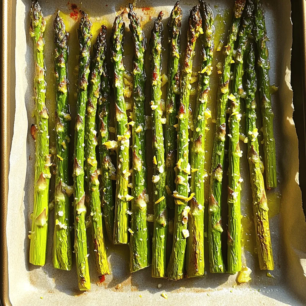 For a delicious Lemon Garlic Roasted Asparagus, gather these simple items: - 1 pound fresh asparagus, trimmed - 3 tablespoons extra virgin olive oil - 4 cloves garlic, finely minced - Zest of 1 medium lemon - Juice of 1 medium lemon - 1 teaspoon sea salt - ½ teaspoon freshly ground black pepper - ¼ teaspoon red pepper flakes (optional for a hint of heat) - 2 tablespoons freshly grated Parmesan cheese (optional for a savory touch) If you want to change things up, here are some great swaps: - Use avocado oil instead of olive oil for a different flavor. - Try shallots if you don’t have garlic. They add a mild sweetness. - Lemon juice can be swapped with lime juice for a tangy twist. - No Parmesan? Use nutritional yeast for a dairy-free option. Choosing fresh asparagus is key for great flavor. Here’s how to pick the best: - Look for bright green color with no brown spots. - The stalks should be firm and straight, not limp. - Check the tips; they should be closed and compact. - Thicker asparagus has a meatier texture, while thinner ones are tender. Enjoy making this dish with fresh ingredients! For the full recipe, check out the details above. 1. Start by preheating your oven to 425°F (220°C). This heat is key for roasting. 2. Wash the asparagus under cool water to clean it. Trim off the tough ends. 3. Use a large bowl to mix 3 tablespoons of olive oil, 4 minced garlic cloves, the zest, and juice of 1 lemon. Add 1 teaspoon of sea salt, ½ teaspoon of black pepper, and ¼ teaspoon of red pepper flakes if you like some heat. Whisk until well-blended. 4. Add the trimmed asparagus to the bowl. Toss gently to coat every spear with the lemon garlic mix. 5. Line a baking sheet with parchment paper. This helps the asparagus not stick. 6. Spread the asparagus in a single layer on the sheet. This allows for even roasting. 7. Roast in the oven for about 12-15 minutes. Look for bright green color and a tender-crisp texture. 8. If you want a savory touch, sprinkle 2 tablespoons of grated Parmesan cheese over the asparagus in the last 2 minutes of roasting. This adds a nice finish. 9. Once roasted, take the asparagus out of the oven. Let it cool for about a minute. 10. Serve immediately! For a pretty look, garnish with extra lemon zest. 11. Arrange the asparagus on a nice platter. Drizzle with a bit of olive oil and salt for extra flavor. This method will give you the best Lemon Garlic Roasted Asparagus. Follow the steps for a tasty side dish every time! For the full recipe, check the earlier section. To roast asparagus perfectly, you need high heat. Preheat your oven to 425°F (220°C). This hot oven helps the asparagus cook well. Spread the asparagus in a single layer. This step allows the hot air to reach every spear. Keep an eye on the time. Roast for 12 to 15 minutes until they look bright green and tender-crisp. You can add extra flavor with a few simple tricks. Try adding lemon zest for a fresh kick. If you like heat, sprinkle in red pepper flakes. A touch of Parmesan cheese adds a savory twist too. Lastly, drizzle a bit of extra virgin olive oil before serving. This makes the dish even more appealing. One common mistake is overcrowding the baking sheet. If the spears touch, they will steam instead of roast. Another mistake is not trimming the tough ends. Always cut off the hard parts for a better bite. Lastly, don’t skip the seasoning. Salt and pepper are key to making the flavors pop. For more details, check out the Full Recipe. {{image_4}} You can easily swap ingredients in this recipe. If you want a nutty flavor, try adding nuts like almonds or walnuts. For a dairy-free option, skip the Parmesan cheese or use a plant-based version. You can also replace olive oil with avocado oil for a different taste. If you like spices, add a pinch of cumin or paprika to the mix. These simple swaps can change the dish without losing its essence. You can cook asparagus in different ways. Grilling gives it a smoky flavor. Simply toss the asparagus in the same lemon garlic mix and place it on the grill. Cook for about 5-7 minutes, turning often until it’s tender. Steaming is another great method. It keeps the asparagus crisp and bright green. Just steam it for 3-5 minutes before tossing it with the lemon garlic mixture. Both methods bring out unique flavors! You can add herbs and spices to make this dish even better. Fresh herbs like parsley or thyme can brighten the flavor. If you love a bit of heat, add more red pepper flakes or some chili powder. A squeeze of lime can work well too. These combinations can enhance the taste and make the dish your own. Try experimenting with different flavors to find your favorite mix! After enjoying your Lemon Garlic Roasted Asparagus, you might have some left. Let the asparagus cool to room temperature. Then, place it in an airtight container. Store it in the fridge for up to three days. If you want to keep it fresh longer, consider freezing it. To reheat your leftovers, preheat your oven to 350°F (175°C). Spread the asparagus evenly on a baking sheet. Heat it for about 5-7 minutes or until it’s warm. You can also use the microwave. Place the asparagus on a microwave-safe plate and cover it with a damp paper towel. Heat in short bursts of 30 seconds, checking often. If you want to freeze the asparagus, start by blanching it. Boil it for 2-3 minutes, then plunge it into ice water to stop cooking. Drain and dry the asparagus before placing it in a freezer bag. Remove excess air and seal it tightly. Store in the freezer for up to 3 months. When you're ready to use it, there’s no need to thaw. Just roast it directly from frozen for an easy meal. For the full recipe, check out the earlier sections. Roast asparagus for about 12 to 15 minutes. The time can change based on your oven. Look for a bright green color and a tender-crisp texture. If you want them softer, roast longer. Just be careful not to overcook them. Yes, you can use frozen asparagus. However, fresh asparagus gives the best taste and texture. If using frozen, thaw them first and pat them dry. This helps avoid sogginess when roasting. Adjust the roasting time to about 10 to 12 minutes for frozen asparagus. You can pair Lemon Garlic Roasted Asparagus with many dishes! It goes great with grilled chicken, baked fish, or even pasta. It makes a colorful side for any meal. You can also serve it with a fresh salad or a grain dish like quinoa for a balanced plate. For the full recipe, check the section above. We explored how to prepare and enjoy delicious Lemon Garlic Roasted Asparagus. You learned about the best ingredients and where to find fresh asparagus. I shared step-by-step cooking methods and tips for perfect roasting. You can try easy variations and flavor swaps to keep it exciting. Remember to store leftovers properly for future meals. This simple dish brightens any meal. Enjoy experimenting with the recipe and sharing it with others!