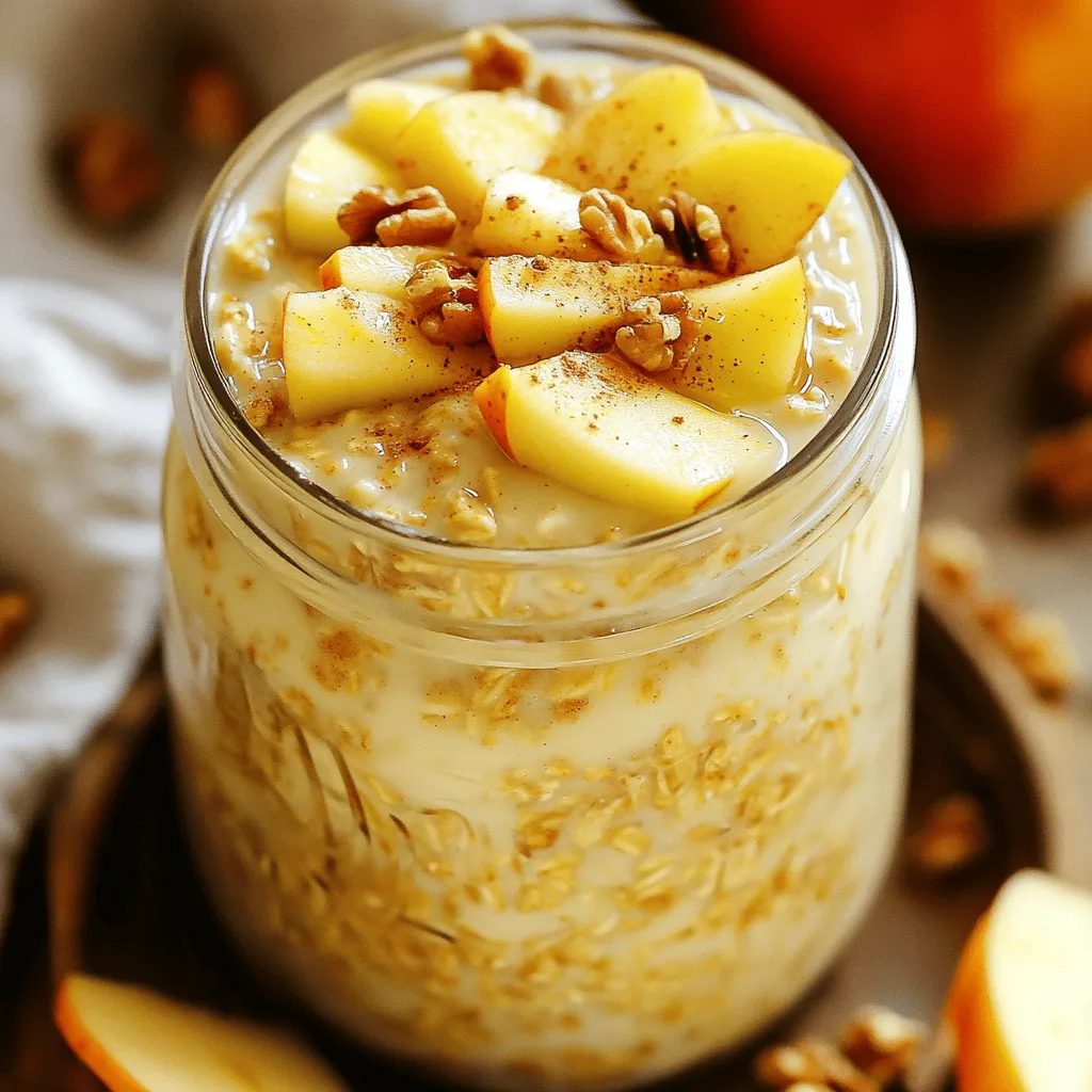 To make apple cinnamon overnight oats, you need: - 1 cup rolled oats - 1 cup unsweetened almond milk (or your preferred milk) - 1 medium apple, grated (set aside a few slices for garnish) - 1 teaspoon ground cinnamon - 1 tablespoon maple syrup (or substitute with honey) - 1/4 cup Greek yogurt (optional for a creamier texture) - 1 tablespoon chia seeds - A pinch of salt These ingredients work together to create a creamy and tasty dish. The oats soak up the liquid and flavors overnight. You can add more fun with these optional ingredients: - Chopped walnuts or pecans for garnishing - A dash of vanilla extract - Nutmeg for an extra spice kick These extras can make your oats even more delicious. They add crunch and a new taste. One serving of apple cinnamon overnight oats has: - Calories: 350 - Protein: 10g - Fat: 9g - Carbohydrates: 60g - Fiber: 8g This dish is filling and packed with nutrients. It keeps you energized through your morning! Making apple cinnamon overnight oats is simple and fun. You start with easy steps and quick prep. Gather all your ingredients and tools first. You'll need a mixing bowl, a spoon, and jars for storage. 1. In your mixing bowl, add 1 cup of rolled oats and 1 cup of unsweetened almond milk. 2. Grate 1 medium apple and add it to the bowl. Set aside a few slices for later. 3. Sprinkle in 1 teaspoon of ground cinnamon and 1 tablespoon of maple syrup. If you like creaminess, add 1/4 cup of Greek yogurt. 4. Toss in 1 tablespoon of chia seeds and a pinch of salt for extra flavor. 5. Stir everything well until it's all mixed together. Make sure there are no dry oats left. 1. Spoon the mixture into jars, leaving a bit of space at the top. This helps with expansion. 2. Seal the jars tightly with their lids. 3. Place them in the fridge overnight or for at least 4 hours. This lets the oats soak up the almond milk. 4. In the morning, open your jars and stir. If you want them thinner, add a splash of almond milk. 5. Serve in bowls or eat right from the jars. Top with your reserved apple slices, extra cinnamon, and nuts for a crunch. For the full recipe, check out the detailed cooking instructions. Enjoy the taste of your apple cinnamon overnight oats! When making apple cinnamon overnight oats, some common mistakes can ruin your dish. First, don’t skip the soaking. Oats need time to absorb the liquid. If you don’t let them sit overnight, they can be dry. Second, be careful with the amount of cinnamon. Too much can overpower the apple flavor. Use just one teaspoon for a balanced taste. To get the perfect texture, use rolled oats instead of instant oats. Rolled oats soak better and create a creamy base. If you want a creamier mix, add Greek yogurt. The yogurt makes the oats rich and smooth. If you prefer a thinner consistency, add more almond milk before serving. Stir well to ensure everything is mixed. You can spice things up with different flavors. Try adding vanilla extract for a sweet note. A pinch of nutmeg can also add warmth. If you're feeling adventurous, consider adding dried fruits or nuts. Chopped walnuts or pecans offer a nice crunch. For a sweeter taste, drizzle more maple syrup before serving. This simple recipe is flexible and can fit your taste perfectly. For the complete mix of flavors, check out the Full Recipe. {{image_4}} You can make your oats even better with fruit. Berries add a nice burst of flavor. Try blueberries or strawberries for sweetness. Sliced bananas bring creaminess and a rich taste. You can even mix in diced peaches for a fun twist. Just remember to keep your apple as a base. This way, you still enjoy that great apple flavor. Adding new flavors can change your overnight oats game. You can mix in a splash of vanilla for warmth. A sprinkle of nutmeg gives a cozy feel. If you like spices, try adding a dash of ginger. Each option can make your oats special. Experiment with your favorites to find the perfect mix. You can easily adapt this recipe for your needs. If you're dairy-free, use almond milk or oat milk. For gluten-free oats, ensure you choose certified gluten-free rolled oats. You can also swap Greek yogurt with a dairy-free yogurt for creaminess. These simple changes keep the recipe tasty for everyone. For the full recipe, check out the details above. To store your apple cinnamon overnight oats, use clean, airtight containers. Jars with lids work best. Make sure to leave some room at the top. This lets the mixture expand while it chills. Place the containers in the fridge right after you prepare them. Keeping the oats cold helps them stay fresh. Apple cinnamon overnight oats can last up to five days in the fridge. Check for any signs of spoilage before eating. If you want to reheat them, you can use the microwave. Heat in short bursts, stirring in between. Add a splash of almond milk if they seem too thick after warming. I recommend using glass jars or BPA-free plastic containers. Glass jars are great for keeping the oats fresh. They are also easy to clean. Choose containers that are big enough to hold your oats without spilling. This way, you can enjoy your tasty breakfast without any mess! For the full recipe, check the original instructions. Yes, you can use instant oats. However, the texture of your oats will change. Instant oats cook faster and can become mushy. Rolled oats hold their shape better, providing a nice chew. If you prefer a creamier base, instant oats work well. Just remember to adjust the liquid slightly, as instant oats absorb faster. You can keep overnight oats in the fridge for up to five days. If you store them correctly in a sealed container, they stay fresh. Just make sure to check for any changes in smell or texture before eating. If you see any separation, give them a good stir before enjoying. Absolutely! To make this recipe vegan, just use plant-based milk. Almond milk works well, but you can choose soy, oat, or coconut milk too. Also, replace Greek yogurt with a dairy-free alternative or skip it altogether. The oats will still be tasty and satisfying without dairy. Overnight oats are packed with nutrients. They provide fiber, which helps digestion and keeps you full. Oats can lower cholesterol levels, supporting heart health. They also contain vitamins and minerals like magnesium and iron. Plus, you can add fruits and nuts for extra vitamins and healthy fats. This makes overnight oats a wholesome breakfast choice. For the full recipe, check out the details above! This blog post covered how to make delicious apple cinnamon overnight oats. We discussed all the required and optional ingredients to boost taste. You learned step-by-step how to mix, store, and chill your oats. We shared tips to avoid common mistakes and improve texture. Plus, we explored fun variations and storage tips. In summary, overnight oats are easy, flexible, and tasty. With these tips, you can enjoy a healthy breakfast daily. Try out this recipe and customize it to fit your taste!