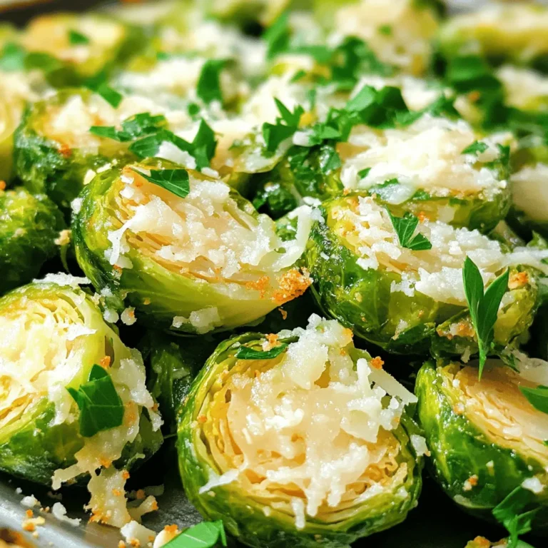 - 1 pound Brussels sprouts, trimmed and halved - 4 tablespoons extra virgin olive oil - 4 cloves garlic, finely minced Brussels sprouts are the star here. They are small, green, and packed with nutrients. I love them for their unique flavor and texture. Extra virgin olive oil adds richness and helps the sprouts crisp up. Fresh garlic gives a strong, aromatic punch that works wonders in this dish. - 1/2 cup freshly grated Parmesan cheese - 1 teaspoon garlic powder - 1 teaspoon onion powder Parmesan cheese melts beautifully and creates a golden crust. Garlic powder and onion powder boost the flavor even more, making each bite delicious. - 1/2 teaspoon red pepper flakes - Salt and freshly cracked black pepper, to taste - Fresh parsley, finely chopped (for garnish) If you like heat, add red pepper flakes for a kick. Salt and black pepper enhance all the flavors. A sprinkle of fresh parsley at the end adds color and freshness to your dish. For the full recipe, check out the Crispy Garlic Parmesan Brussels Sprouts recipe. - Preheat your oven to 425°F (220°C). - Trim and halve the Brussels sprouts. Start with a clean cutting board. Use a sharp knife to cut off the stem ends of the Brussels sprouts. Then, slice each sprout in half from top to bottom. This helps them cook evenly and lets the flavors soak in. - Combine Brussels sprouts with oil and spices. - Toss until well coated. In a large bowl, add the halved Brussels sprouts. Pour in four tablespoons of extra virgin olive oil. Add the minced garlic, garlic powder, onion powder, and red pepper flakes if you want some heat. Season this mix with salt and freshly cracked black pepper. Now, use your hands or a spatula to toss everything together. Make sure each sprout gets a good coating of oil and spices. This step is key for that crispy texture. - Spread on a baking sheet and sprinkle cheese. - Roast for 20-25 minutes, flipping halfway. Line a baking sheet with parchment paper. This makes it easier to clean later. Spread the Brussels sprouts out in a single layer. Leave some space between them for air to circulate. Now, sprinkle half a cup of freshly grated Parmesan cheese over the top. The cheese will melt and crisp up nicely. Place the baking sheet in your preheated oven. Roast for 20 to 25 minutes. Halfway through, flip the Brussels sprouts using a spatula. This helps them brown evenly. When they turn a beautiful golden brown, they are ready to come out. Let them cool for a few minutes before serving. This enhances their crunch and flavor. Check out the [Full Recipe] for more detailed steps. To get that perfect crunch, space is key. Spread the Brussels sprouts out on the baking sheet. If they touch, they will steam instead of crisp. I love using parchment paper. It makes cleanup easy and helps the sprouts get crispy. You can play with the seasoning. If you like it spicy, add more red pepper flakes. For a sweet touch, try a balsamic reduction drizzle after roasting. It's a great way to elevate the dish. The size of the Brussels sprouts matters. Smaller ones roast faster, while larger ones may need extra time. Check for golden color and crispiness. Each oven cooks a bit differently, so keep an eye on them. Rotating the baking sheet halfway through helps them cook evenly. {{image_4}} You can switch out Parmesan cheese for other options. Try using Pecorino Romano for a sharper taste. Gruyère adds a nutty flavor, while cheddar gives a creamy richness. Mixing different cheeses can enhance the dish. Combining Parmesan with mozzarella creates a delightful blend of textures. Herbs and spices can change the taste of your Brussels sprouts. Adding thyme or rosemary brings a fresh flavor. A sprinkle of smoked paprika adds warmth and depth. For a touch of sweetness, drizzle honey or maple syrup over the sprouts before roasting. This adds a nice contrast to the savory cheese. If you want a faster option, try air frying. It cooks the sprouts quickly while keeping them crispy. Just set your air fryer to 400°F (200°C) and roast for about 15 minutes. Grilling is another great method. It gives the sprouts a smoky flavor that pairs well with the cheese. Just toss them on the grill for about 10-15 minutes, flipping halfway through. To store leftover crispy garlic Parmesan Brussels sprouts, let them cool first. Place them in an airtight container. This will help keep them fresh. Glass or plastic containers work well. If you use plastic, make sure it's BPA-free. Store the sprouts in the fridge for up to three days. When you are ready to eat your leftovers, use the oven for reheating. Preheat it to 350°F (175°C). Spread the Brussels sprouts on a baking sheet. This will help them stay crispy. Warm them for about 10-15 minutes. Flip them halfway to ensure even heating. Avoid using the microwave. It will make the sprouts soggy. Yes, you can freeze cooked Brussels sprouts. However, they may lose some crispness. To freeze, allow the sprouts to cool. Then place them in a freezer-safe bag or container. Remove as much air as possible to prevent freezer burn. They can last up to three months in the freezer. When you want to use them, thaw them overnight in the fridge. Reheat them in the oven to restore some crunch. Yes, you can use frozen Brussels sprouts! They are easy to find and save time. However, they may not crisp up as well as fresh sprouts. Frozen Brussels sprouts often contain some water, which can make them soggy. To fix this, thaw them first. Drain any excess water. You might need to adjust the cooking time too. Start with 25 to 30 minutes and check for doneness. Keep an eye on them, as they should be golden and crispy. To make these Brussels sprouts vegan, replace the Parmesan cheese. Nutritional yeast is a great option. It gives a cheesy flavor without dairy. You can also use vegan cheese shreds if you prefer. For the oil, stick with extra virgin olive oil, as it is already plant-based. These swaps keep the dish tasty and satisfying while catering to a vegan diet. Brussels sprouts are packed with nutrients. They are high in fiber, which helps digestion. They also contain vitamins C and K, which boost your immune system. Plus, they have antioxidants that fight free radicals in the body. Adding Brussels sprouts to your meals is a smart choice. They support heart health and may lower inflammation. Enjoy them roasted, steamed, or sautéed for a tasty and healthy side dish. In this post, we explored the best way to prepare Brussels sprouts. We discussed the main ingredients and how to mix and roast them for perfect flavor. You learned tips for keeping them crispy and variations to suit your taste. Remember, storing leftovers properly helps maintain freshness. Enjoy experimenting with flavors and methods. With these insights, you can create a delicious dish that everyone will love. Happy cooking!