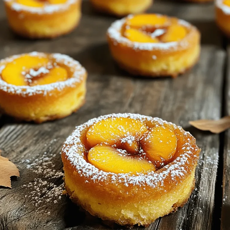 Here’s what you need to make peach upside down mini cakes. Gather these simple ingredients: - 2 large ripe peaches, sliced into thin wedges - 1/4 cup unsalted butter, melted and slightly cooled - 1/2 cup packed brown sugar - 1 cup all-purpose flour - 1 teaspoon baking powder - 1/2 teaspoon baking soda - 1/4 teaspoon fine sea salt - 1/2 cup granulated sugar - 1/4 cup plain yogurt (can substitute with Greek yogurt) - 1 large egg, at room temperature - 1 teaspoon pure vanilla extract Each ingredient plays a key role. The ripe peaches bring sweetness and flavor. The butter adds richness, while brown sugar creates a lovely caramel base. Flour gives the cakes structure. Baking powder and baking soda are essential for lift. Salt balances the sweetness. Using yogurt keeps the cakes moist. The egg binds everything together. Finally, vanilla extract adds a warm, inviting aroma. For the full recipe, refer to the detailed steps that follow. Enjoy your baking adventure! Start by preheating your oven to 350°F (175°C). This step sets the stage for our mini cakes to bake perfectly. A hot oven helps the cakes rise nicely and form a golden crust. Next, prepare your muffin tin. Use a standard muffin tin or a mini cake pan. Lightly grease it with butter or cooking spray. This ensures that your cakes slide out easily after baking. 1. In a small bowl, mix the melted butter and brown sugar. Stir until smooth. Pour this mixture into the bottom of each muffin cup. Spread it evenly for a nice layer. 2. Now, take your peach slices and arrange them on top of the brown sugar. Overlap them slightly for a pretty look. This adds charm to your cakes. 3. In another bowl, combine the flour, baking powder, baking soda, and salt. Whisk these dry ingredients together. This helps to evenly distribute the baking powder and soda. 4. In a large bowl, beat the granulated sugar and yogurt together. Use an electric mixer or a whisk. Mix until creamy, then add the egg and vanilla extract. Blend well. 5. Gradually add the dry mix to the wet mix. Stir gently until just combined. Be careful not to overmix. This keeps the cakes light and fluffy. 6. Now, using a spoon or a cookie scoop, fill each muffin cup with batter. Only fill them about two-thirds full. This allows room for the cakes to rise. 7. Place the muffin tin in your preheated oven. Bake for 20-25 minutes. The mini cakes should turn a lovely golden-brown. Use a toothpick to test for doneness; it should come out clean. 8. Once baked, take the mini cakes out of the oven. Let them cool in the pan for about 5 minutes. This helps them hold their shape. 9. Finally, carefully invert the cakes onto a wire rack or serving platter. Do this while they are still warm. This reveals the beautiful peach topping. Enjoy your Peach Upside Down Mini Cakes! For all the details, check the Full Recipe. To bake mini cakes evenly, keep these tips in mind: - Use room temperature ingredients. This helps the batter mix well. - Rotate the pan halfway through baking. This ensures all cakes get even heat. - Check doneness early. Ovens vary, so stick a toothpick in to test. To prevent sticking, follow this advice: - Grease the muffin tin well. Use butter or cooking spray generously. - Let cakes cool briefly in the pan. About five minutes will help them release. For a beautiful finish, try these ideas: - Dust with powdered sugar. This adds a lovely touch and sweetness. - Drizzle with honey. A sweet touch makes the cakes shine. Enhance your mini cakes by serving with: - A scoop of ice cream. Vanilla pairs well with peach flavors. - A dollop of whipped cream. This adds a creamy texture that balances the cake. For the full recipe and specific steps, check out [Full Recipe]. {{image_4}} You can swap peaches for different fruits. Consider using pineapples, apples, or berries. Each fruit brings its own sweet taste. Mixing fruits can create fun flavors. Try a peach and raspberry mix for a tart twist. The options are endless, so get creative! If you need gluten-free cakes, use almond flour or a gluten-free mix. This gives a great taste and texture. For a vegan option, switch the egg for flaxseed meal mixed with water. Use a plant-based yogurt to keep it creamy. These swaps let everyone enjoy this treat. Need more cakes? Simply double or triple the recipe. You can make these mini cakes for a big crowd. If you want larger cakes, pour the batter into a round cake pan. Adjust your baking time to ensure they cook evenly. No matter the size, these cakes will impress! To keep your Peach Upside Down Mini Cakes fresh, use airtight containers. Place the cooled cakes inside, and seal them well. Store them in the fridge for up to five days. This keeps them moist and tasty. Avoid stacking them directly on top of each other to prevent damage. If you want to save some cakes for later, freezing is a great option. First, let the mini cakes cool completely. Then, wrap each cake tightly in plastic wrap. Place them in a freezer-safe bag or container. Label the bag with the date. These cakes can last up to three months in the freezer. When you’re ready to enjoy, just pull them out and thaw in the fridge overnight. To enjoy your cakes warm, preheat your oven to 350°F (175°C). Place the cakes on a baking sheet. Heat them for about 10-15 minutes. This method brings back their fresh taste. You can also use a microwave. Heat each cake for about 20-30 seconds. However, the oven method gives a better texture. Enjoy your delicious treat! You can replace the butter with applesauce. This swap cuts fat and boosts moisture. Use whole wheat flour instead of all-purpose flour. This adds fiber and nutrients. You can also reduce the sugar by a third. The peaches add sweetness too! Yes, you can use canned peaches. Choose peaches in juice, not syrup. Drain them well to avoid excess liquid. Canned peaches may be softer, but they still taste great. They save time and add good flavor! These mini cakes last for about three days at room temperature. Store them in an airtight container. If you want them to last longer, refrigerate them. They can stay fresh for a week in the fridge. Yes, you can prepare the mini cakes a day ahead. Bake them, then let them cool completely. Store them in an airtight container. Before serving, warm them in the oven to refresh their taste. You can use sour cream instead of yogurt. Greek yogurt is also a great option. If you need a dairy-free choice, try almond milk mixed with a bit of vinegar. This will mimic the tangy taste of yogurt. For more details and steps, check the Full Recipe. You’ve learned how to make peach upside-down mini cakes with simple ingredients. I shared step-by-step instructions, tips for success, and ideas for variations. You can adapt the recipe to fit your kitchen needs and preferences. Whether you enjoy them fresh or want to store them, these cakes are easy to handle. Remember to experiment with flavors and find what you love. I hope you feel inspired to bake and enjoy these tasty treats!