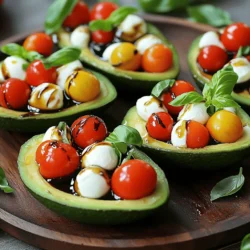 - Avocados: 2 ripe - Cherry tomatoes: 1 cup halved - Fresh mozzarella: 1 cup (bocconcini) - Fresh basil: ¼ cup finely chopped - Balsamic glaze: 2 tablespoons - Extra virgin olive oil: 1 tablespoon - Sea salt and black pepper: to taste For this Caprese stuffed avocados recipe, you need a few simple ingredients. First, pick ripe avocados. They should feel slightly soft but not mushy. Next, grab a cup of halved cherry tomatoes. Their sweet flavor balances the dish well. You will also need fresh mozzarella balls, known as bocconcini. They add a creamy texture and mild taste. Chop up some fresh basil leaves. They bring a bright and fresh aroma. For added flavor, you will use balsamic glaze. It gives a sweet and tangy finish. Extra virgin olive oil adds richness. Finally, season with sea salt and black pepper to enhance all the flavors. These ingredients come together to create a delightful dish. You can find the full recipe with step-by-step instructions to make this easy and flavorful meal. To start, take two ripe avocados. Slice each avocado in half lengthwise. Gently twist the halves to separate them. Next, you’ll need to remove the pit. Be careful! You can use a spoon or a knife to do this. After that, scoop out a little flesh from the center of each half. This will give you extra room for the tasty filling. Now, let’s make the filling. In a medium bowl, combine 1 cup of halved cherry tomatoes, 1 cup of drained mozzarella balls, and ¼ cup of finely chopped basil. These ingredients create a fresh and colorful mix. Next, drizzle 1 tablespoon of extra virgin olive oil over the mixture. Season it with sea salt and freshly cracked black pepper. Using a spatula or wooden spoon, gently toss everything together. This ensures all flavors mix well. Time to stuff the avocados! Using a spoon, fill each avocado half with the tasty tomato and mozzarella mixture. Make sure each half is heaping with filling. This makes them look amazing! To finish, drizzle 2 tablespoons of balsamic glaze over the top. This adds sweetness and a beautiful shine. If you like, garnish with extra fresh basil leaves for a pop of color. For the complete recipe, check out the Full Recipe. To make the best Caprese stuffed avocados, you need ripe avocados. A ripe avocado feels slightly soft but not mushy when you gently squeeze it. Check the color too. A dark green or almost black skin often means it's ready. If the avocado has a little give, it's perfect for stuffing. If it's too hard, give it a few days to ripen. When serving these stuffed avocados, think about sides that complement their fresh flavors. Crusty bread pairs nicely. A light salad with greens and citrus can brighten the meal. For a decorative touch, arrange the stuffed avocados on a large platter. Drizzle some balsamic glaze around the plate for a beautiful finish. This not only looks great but adds flavor too. Want to take your Caprese stuffed avocados to the next level? Try adding a pinch of garlic salt or a sprinkle of red pepper flakes for a kick. You can also swap the balsamic glaze for lemon juice for a zesty twist. For a unique flavor, try using flavored olive oils, like garlic or rosemary. These small changes can make a big difference in taste. {{image_4}} You can easily boost flavor by adding protein. Chicken or shrimp works great. Simply cook your choice, then chop it into small pieces. Mix this with the tomatoes, mozzarella, and basil for more taste. If you want a vegan option, you can skip the cheese. Instead, try using avocado or nuts for creaminess. Cashews or walnuts add a nice touch while keeping it plant-based. Switching up dressings can make this dish more exciting. Instead of balsamic glaze, try a lemon vinaigrette. This brightens up the avocado and adds zest. You can also use flavored oils. Garlic-infused or chili oil can add depth. Just drizzle it over the stuffed avocados for a new twist. To store your stuffed avocados, wrap each half tightly in plastic wrap. Place them in an airtight container. Keep them in the fridge for up to two days. This helps keep the avocados fresh. If you wait too long, they may turn brown. To slow this, sprinkle some lemon juice on the flesh before wrapping. Reheating stuffed avocados can be tricky. The best way is to use a microwave. Place the stuffed avocado on a microwave-safe plate. Heat on low for just a few seconds. Check often to avoid making them mushy. You want to keep the texture and flavor intact. If you want to warm them in an oven, preheat it to 350°F (175°C). Cover them with foil and heat for about 10 minutes. This method helps maintain the filling's freshness. Freezing stuffed avocados is not ideal. However, you can freeze the filling separately. Prepare the filling as usual, then place it in a freezer-safe bag. Remove as much air as possible before sealing. This keeps it fresh for up to three months. When you're ready to use it, thaw it in the fridge overnight. You can then stuff fresh avocado halves. If you want to freeze whole stuffed avocados, be aware that their texture may change. It’s best to use fresh avocados for the best flavor and texture. You can make Caprese stuffed avocados ahead of time, but I don’t recommend it. The avocado can turn brown and mushy. If you want to prep, cut the other ingredients. Keep them in a bowl and cover. Right before serving, fill the avocados. This keeps them fresh and tasty. If you can’t find mozzarella, try these options: - Feta cheese adds a salty flavor. - Goat cheese brings a tangy taste. - Vegan cheese works well for a dairy-free option. These choices create their own flavor, so feel free to experiment. Yes, Caprese stuffed avocados are healthy! Here are some benefits: - Avocados are rich in healthy fats and fiber. - Tomatoes provide vitamins and antioxidants. - Basil has anti-inflammatory properties. Together, these ingredients create a balanced dish perfect for a snack or meal. To tell if an avocado is ripe, look for these signs: - The skin should be dark green or almost black. - Gently squeeze the avocado; it should feel slightly soft. - If the stem comes off easily and is green underneath, it’s ready. If it feels too soft, it might be overripe. Always check before using! This recipe features ripe avocados stuffed with tasty tomatoes, mozzarella, and basil. You learned how to prepare, fill, and serve these delicious bites. Remember to choose ripe avocados for the best flavor. You can customize the recipe by adding proteins or different dressings. Always store leftovers correctly to keep them fresh. Enjoy this simple yet tasty dish full of healthy ingredients. With these tips and ideas, you'll impress everyone at your next gathering!