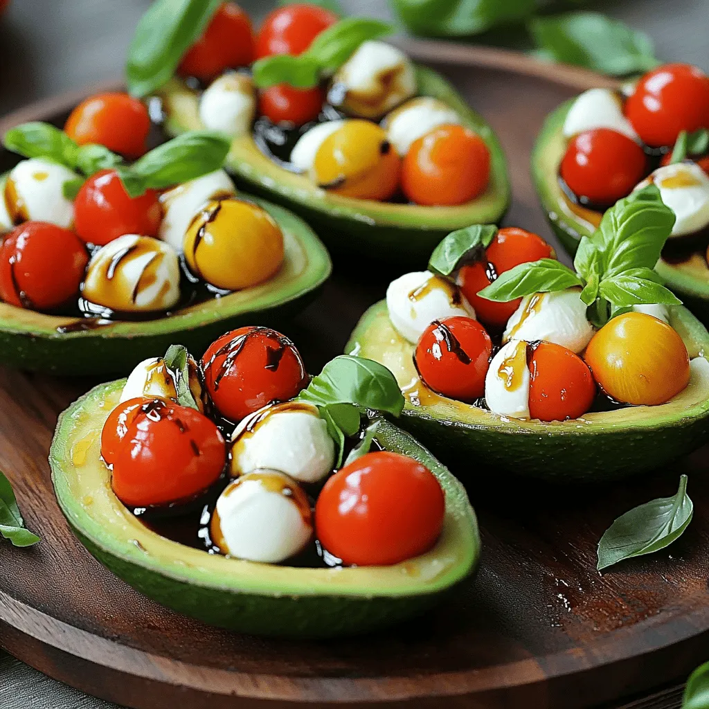 - Avocados: 2 ripe - Cherry tomatoes: 1 cup halved - Fresh mozzarella: 1 cup (bocconcini) - Fresh basil: ¼ cup finely chopped - Balsamic glaze: 2 tablespoons - Extra virgin olive oil: 1 tablespoon - Sea salt and black pepper: to taste For this Caprese stuffed avocados recipe, you need a few simple ingredients. First, pick ripe avocados. They should feel slightly soft but not mushy. Next, grab a cup of halved cherry tomatoes. Their sweet flavor balances the dish well. You will also need fresh mozzarella balls, known as bocconcini. They add a creamy texture and mild taste. Chop up some fresh basil leaves. They bring a bright and fresh aroma. For added flavor, you will use balsamic glaze. It gives a sweet and tangy finish. Extra virgin olive oil adds richness. Finally, season with sea salt and black pepper to enhance all the flavors. These ingredients come together to create a delightful dish. You can find the full recipe with step-by-step instructions to make this easy and flavorful meal. To start, take two ripe avocados. Slice each avocado in half lengthwise. Gently twist the halves to separate them. Next, you’ll need to remove the pit. Be careful! You can use a spoon or a knife to do this. After that, scoop out a little flesh from the center of each half. This will give you extra room for the tasty filling. Now, let’s make the filling. In a medium bowl, combine 1 cup of halved cherry tomatoes, 1 cup of drained mozzarella balls, and ¼ cup of finely chopped basil. These ingredients create a fresh and colorful mix. Next, drizzle 1 tablespoon of extra virgin olive oil over the mixture. Season it with sea salt and freshly cracked black pepper. Using a spatula or wooden spoon, gently toss everything together. This ensures all flavors mix well. Time to stuff the avocados! Using a spoon, fill each avocado half with the tasty tomato and mozzarella mixture. Make sure each half is heaping with filling. This makes them look amazing! To finish, drizzle 2 tablespoons of balsamic glaze over the top. This adds sweetness and a beautiful shine. If you like, garnish with extra fresh basil leaves for a pop of color. For the complete recipe, check out the Full Recipe. To make the best Caprese stuffed avocados, you need ripe avocados. A ripe avocado feels slightly soft but not mushy when you gently squeeze it. Check the color too. A dark green or almost black skin often means it's ready. If the avocado has a little give, it's perfect for stuffing. If it's too hard, give it a few days to ripen. When serving these stuffed avocados, think about sides that complement their fresh flavors. Crusty bread pairs nicely. A light salad with greens and citrus can brighten the meal. For a decorative touch, arrange the stuffed avocados on a large platter. Drizzle some balsamic glaze around the plate for a beautiful finish. This not only looks great but adds flavor too. Want to take your Caprese stuffed avocados to the next level? Try adding a pinch of garlic salt or a sprinkle of red pepper flakes for a kick. You can also swap the balsamic glaze for lemon juice for a zesty twist. For a unique flavor, try using flavored olive oils, like garlic or rosemary. These small changes can make a big difference in taste. {{image_4}} You can easily boost flavor by adding protein. Chicken or shrimp works great. Simply cook your choice, then chop it into small pieces. Mix this with the tomatoes, mozzarella, and basil for more taste. If you want a vegan option, you can skip the cheese. Instead, try using avocado or nuts for creaminess. Cashews or walnuts add a nice touch while keeping it plant-based. Switching up dressings can make this dish more exciting. Instead of balsamic glaze, try a lemon vinaigrette. This brightens up the avocado and adds zest. You can also use flavored oils. Garlic-infused or chili oil can add depth. Just drizzle it over the stuffed avocados for a new twist. To store your stuffed avocados, wrap each half tightly in plastic wrap. Place them in an airtight container. Keep them in the fridge for up to two days. This helps keep the avocados fresh. If you wait too long, they may turn brown. To slow this, sprinkle some lemon juice on the flesh before wrapping. Reheating stuffed avocados can be tricky. The best way is to use a microwave. Place the stuffed avocado on a microwave-safe plate. Heat on low for just a few seconds. Check often to avoid making them mushy. You want to keep the texture and flavor intact. If you want to warm them in an oven, preheat it to 350°F (175°C). Cover them with foil and heat for about 10 minutes. This method helps maintain the filling's freshness. Freezing stuffed avocados is not ideal. However, you can freeze the filling separately. Prepare the filling as usual, then place it in a freezer-safe bag. Remove as much air as possible before sealing. This keeps it fresh for up to three months. When you're ready to use it, thaw it in the fridge overnight. You can then stuff fresh avocado halves. If you want to freeze whole stuffed avocados, be aware that their texture may change. It’s best to use fresh avocados for the best flavor and texture. You can make Caprese stuffed avocados ahead of time, but I don’t recommend it. The avocado can turn brown and mushy. If you want to prep, cut the other ingredients. Keep them in a bowl and cover. Right before serving, fill the avocados. This keeps them fresh and tasty. If you can’t find mozzarella, try these options: - Feta cheese adds a salty flavor. - Goat cheese brings a tangy taste. - Vegan cheese works well for a dairy-free option. These choices create their own flavor, so feel free to experiment. Yes, Caprese stuffed avocados are healthy! Here are some benefits: - Avocados are rich in healthy fats and fiber. - Tomatoes provide vitamins and antioxidants. - Basil has anti-inflammatory properties. Together, these ingredients create a balanced dish perfect for a snack or meal. To tell if an avocado is ripe, look for these signs: - The skin should be dark green or almost black. - Gently squeeze the avocado; it should feel slightly soft. - If the stem comes off easily and is green underneath, it’s ready. If it feels too soft, it might be overripe. Always check before using! This recipe features ripe avocados stuffed with tasty tomatoes, mozzarella, and basil. You learned how to prepare, fill, and serve these delicious bites. Remember to choose ripe avocados for the best flavor. You can customize the recipe by adding proteins or different dressings. Always store leftovers correctly to keep them fresh. Enjoy this simple yet tasty dish full of healthy ingredients. With these tips and ideas, you'll impress everyone at your next gathering!