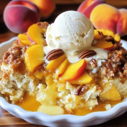 For a delightful Peach Cobbler Dump Cake, you will need a few simple ingredients. Here’s what you’ll gather for this easy and tasty recipe: - Fresh peaches or canned peaches - Granulated sugar, vanilla extract, and ground cinnamon - Yellow cake mix and unsalted butter - Optional: chopped pecans or walnuts Let’s break it down a bit more. Fresh Peaches or Canned Peaches: Choose ripe peaches for the best flavor. If fresh peaches aren’t available, canned peaches work well too. Just make sure to drain them well. Granulated Sugar, Vanilla Extract, and Ground Cinnamon: The sugar sweetens the peaches. Vanilla adds a nice aroma, and cinnamon brings warmth to the dish. Yellow Cake Mix and Unsalted Butter: The cake mix forms the base of this dump cake. The melted butter creates a rich, golden topping. Optional: Chopped pecans or walnuts give a crunchy texture. Feel free to skip them if you prefer a smoother cake. These ingredients come together to create a warm, comforting dessert that’s easy to make. Check out the Full Recipe to see how these ingredients transform into a delicious peach cobbler dump cake. 1. Preheat the oven and prepare the baking dish Start by preheating your oven to 350°F (175°C). This helps the cake cook evenly. Take a 9x13-inch baking dish and grease it with butter or non-stick spray to keep the cake from sticking. 2. Mix the peach filling ingredients In a large bowl, add 4 cups of sliced peaches. If you use canned peaches, drain them first. Mix in 1 cup of granulated sugar, 1 teaspoon of pure vanilla extract, and 1 teaspoon of ground cinnamon. Stir gently until the peaches are well-coated. Set this aside to let the flavors blend. 3. Layer the cake mix and melted butter Pour the peach mixture into the greased baking dish, spreading it evenly. Now, take a box of yellow cake mix and sprinkle it evenly over the peaches. Next, melt 1 cup of unsalted butter and drizzle it over the cake mix. It’s okay if some spots remain dry. They will soak up moisture while baking. 1. Set baking time and temperature Place the baking dish in your preheated oven. Bake for 45-50 minutes. You want the top to turn golden brown and bubbly. 2. Check for doneness To check if it's done, insert a toothpick into the center. It should come out clean. If it’s not clean, bake for a few more minutes. - Optional toppings Serve the dump cake warm. Add a scoop of vanilla ice cream or a dollop of whipped cream on top. This adds a creamy touch. - Presentation tips For a nice finish, garnish with a fresh peach slice or a sprig of mint. This makes your dish look vibrant and inviting. To ensure even baking, spread the peach mixture and cake mix evenly. This helps the cake bake uniformly. Use a toothpick to check for doneness; it should come out clean. If you want to avoid a soggy bottom, make sure to drain canned peaches well. Too much liquid can make the base mushy. Using alternative fruits can add a fun twist to your dump cake. Try blueberries, cherries, or apples for new flavors. For allergies or dietary needs, swap the cake mix for a gluten-free version. You can also use coconut oil instead of butter for a dairy-free option. Pair your dump cake with cold drinks like iced tea or lemonade. It also goes great with dessert wines or a scoop of vanilla ice cream. You can enhance the dish with whipped cream, fresh mint, or even a sprinkle of cinnamon. For a special touch, serve it in a clear dish to show off the layers. These ideas will make your dump cake shine at any gathering! {{image_4}} To make your Peach Cobbler Dump Cake even tastier, try adding some spices. Ground cinnamon is a great choice, but you can also use nutmeg or ginger for extra warmth. These spices bring out the sweetness of the peaches and add depth. You can mix in other fruits too! Try blueberries, raspberries, or even sliced strawberries. Combining these fruits with peaches adds a fun twist and a burst of color to your dish. The mix of flavors keeps every bite exciting. If you're looking for lower-sugar options, consider using less sugar or a sugar substitute. You can also use ripe bananas or applesauce for natural sweetness. This keeps the dish delicious while cutting down on added sugars. For a gluten-free option, check out gluten-free cake mixes. Many brands offer great alternatives that work well in this recipe. This way, everyone can enjoy a slice of this tasty treat. Want to try something different? You can make this dump cake in a slow cooker. Just layer the ingredients and cook on low for 3 to 4 hours. This method makes the cake super moist and brings out the flavors. If you have an Instant Pot, you can prepare it there too! Use the cake setting for about 35 minutes. Just remember to use the trivet to keep the cake above the water. This method is quick and yields a soft and fluffy dessert. For the full recipe, check out the details provided earlier! To keep your peach cobbler dump cake fresh, start by cooling it completely. Once it's cool, cover it tightly with plastic wrap or aluminum foil. This helps prevent it from drying out. You can also store it in an airtight container. - Refrigeration tips: Place in the fridge for up to 4 days. The cold helps maintain flavor and texture. - How to freeze the dump cake: Wrap it tightly in plastic wrap, then in foil. It can freeze for up to 3 months. To serve later, thaw it in the fridge overnight. When you want to enjoy your dump cake again, reheating is easy. - Best methods for reheating: Warm slices in the microwave for 30-40 seconds. You can also reheat in the oven at 350°F for about 10-15 minutes. This restores the cake's warmth and texture. - Serving cold vs. warm: While some like it cold, I recommend serving it warm. It pairs perfectly with ice cream when warm. Knowing how long your cake lasts is important. - How long it lasts in the fridge/freezer: In the fridge, your cake stays good for about 4 days. If frozen, it lasts about 3 months. Just remember, the sooner you eat it, the fresher it tastes! Can I use frozen peaches instead of fresh? Yes, you can use frozen peaches. Just thaw them and drain any excess liquid. This helps keep your dump cake from getting soggy. Frozen peaches work well and still taste great! How can I make this recipe vegan? To make this recipe vegan, swap the butter for a plant-based alternative. Use a vegan cake mix instead of the yellow cake mix. Also, check that your sugar is vegan, as some sugars are processed with bone char. What to do if the cake is too dry? If your cake turns out too dry, you can add a little more melted butter next time. You might also want to cover it while baking. This keeps moisture in and helps it stay soft. How to fix a burnt topping? If the topping burns, don’t worry! You can scrape off the burnt parts and serve the rest. For next time, cover the cake with foil halfway through baking to prevent burning. What is the origin of dump cake? Dump cake started in the United States in the 1970s. It was an easy way to make dessert with little effort. You simply "dump" the ingredients into a pan, hence the name! Can I double this recipe for a larger crowd? Yes, you can double the recipe! Just use a larger baking dish and adjust the baking time. Keep an eye on it as it bakes to ensure even cooking. This blog post covered a simple peach dump cake recipe, with clear steps and tips. You learned about ingredient choices, baking instructions, and ways to serve it best. Remember, cooking is fun and creative. Don't shy away from trying new fruits or methods. Each batch can be unique. Enjoy your delicious treat, and get ready for compliments!