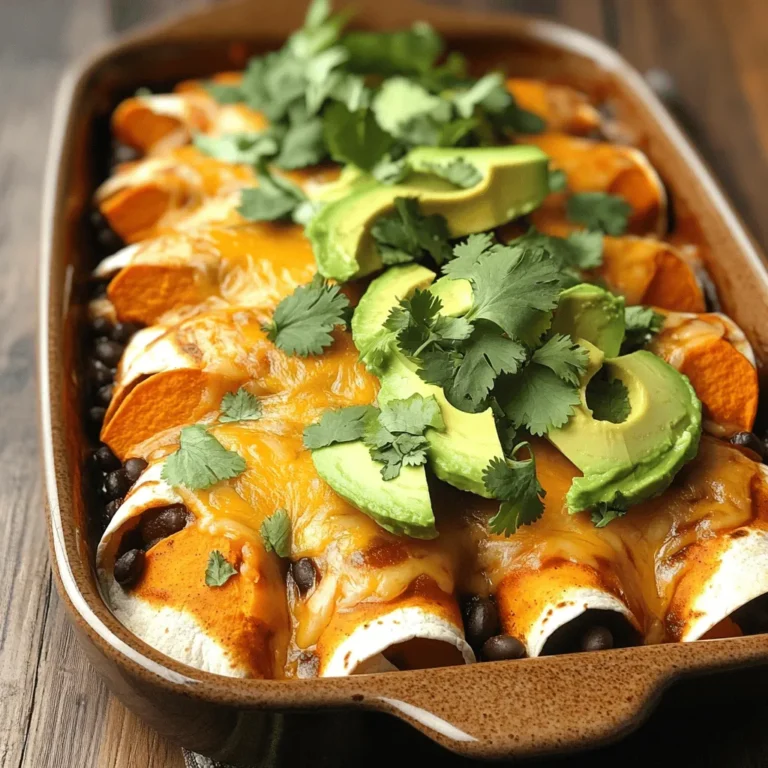 - 2 medium sweet potatoes, peeled and diced into 1-inch cubes - 1 can (15 oz) black beans, rinsed and drained - 1 cup corn kernels (fresh or frozen) - 1 teaspoon ground cumin - 1 teaspoon chili powder - Salt and black pepper, to taste - 2 cups enchilada sauce (store-bought or homemade) - 8 small corn tortillas - 1 cup shredded cheese (cheddar or Monterey Jack recommended) - Fresh cilantro, chopped (for garnish) - 1 ripe avocado, sliced (for topping) These ingredients come together to create a rich and tasty dish. Sweet potatoes add a natural sweetness and creaminess. Black beans give protein and fiber, while corn adds a nice crunch. The spices bring warmth and depth to the flavor. You can use your favorite enchilada sauce or even make your own. I love a homemade sauce with fresh tomatoes and spices. The tortillas hold everything together, while the cheese melts on top for that gooey finish. If you want to switch things up, try different toppings. Fresh avocado slices add creaminess, while cilantro gives a fresh burst. You can find the Full Recipe for a step-by-step guide on how to combine these ingredients into a delicious meal. - Preheating the oven: Start by setting your oven to 375°F (190°C). This step warms the oven for baking. - Cooking sweet potatoes: Fill a pot with water and add a pinch of salt. Bring it to a boil. Toss in the diced sweet potatoes. Cook them for about 10-12 minutes or until they are soft. Drain the sweet potatoes and let them cool a bit. - Mixing the filling ingredients: In a large bowl, combine the cooked sweet potatoes with black beans and corn. Add ground cumin, chili powder, salt, and pepper. Stir well until everything is mixed and coated in spices. - Preparing tortillas for rolling: Warm the tortillas in a dry skillet on medium heat. Heat each side for about 30 seconds. This makes them soft and easy to roll without breaking. - Assembling the enchiladas: Spread 1/2 cup of enchilada sauce on the bottom of a greased 9x13-inch dish. Take one tortilla, add about 1/3 cup of the sweet potato mix in the center, sprinkle some cheese on top, and roll it tightly. Place it seam-side down in the dish. Repeat with all tortillas. - Topping with sauce and cheese: Pour the rest of the enchilada sauce over the rolled tortillas. Make sure they are fully covered. Sprinkle the remaining cheese on top. - Baking instructions: Cover the dish with aluminum foil. Bake it for 20 minutes. After that, remove the foil and bake for another 10-15 minutes until the cheese is melted and bubbly. Enjoy your flavorful sweet potato black bean enchiladas! For the complete cooking instructions and ingredients, check out the Full Recipe. To make your enchiladas shine, try making homemade enchilada sauce. It’s simple and tasty! Just blend tomatoes, garlic, onions, and spices. You can control the heat and flavors this way. This sauce adds depth and freshness. When it comes to cheese, you can choose between cheddar and Monterey Jack. Both melt well and add creaminess. Cheddar gives a sharp flavor, while Monterey Jack is milder. Mix them for extra taste! For a beautiful presentation, serve your enchiladas on a colorful platter. Drizzle with extra enchilada sauce for a vibrant look. Add lime wedges for a zesty touch. Fresh cilantro can brighten the dish. Pair your enchiladas with sides like Mexican rice or a fresh salad. Corn on the side also works great. These options will enhance your meal and make it more filling. Enjoy your flavorful delight! {{image_4}} You can change up beans in this recipe. Try pinto or kidney beans for a twist. Each bean brings its own taste and texture. They also add protein and fiber. Feel free to mix in other veggies. Spinach, zucchini, or bell peppers work well. They add color and nutrition. You can even use roasted veggies for a smoky flavor. For a vegan option, skip the cheese and use plant-based cheese. You can also use avocado or cashew cream for creaminess. This keeps the dish rich and satisfying without the dairy. If you need gluten-free tortillas, choose corn ones. They fit perfectly with the flavors in these enchiladas. Just make sure they are labeled gluten-free to avoid any issues. These variations help you tailor the dish to your needs. Remember, cooking is all about creativity and personal taste! For the complete recipe, see the Full Recipe section. To store leftover enchiladas, let them cool first. Place them in an airtight container. You can keep them in the fridge for up to three days. When you're ready to eat, simply reheat them in the oven or microwave. This helps keep the flavors fresh and tasty. To freeze enchiladas, wrap them well in plastic wrap. Place them in a freezer-safe container or bag. They can last up to three months in the freezer. When you want to enjoy them, thaw in the fridge overnight. Reheat them in the oven at 350°F (175°C) until warm. This method helps keep them delicious with great texture. For the full recipe, check out the Sweet Potato Black Bean Enchiladas with Creamy Avocado Topping! You can pair these enchiladas with a fresh salad or rice. A simple green salad adds crunch. You might also enjoy a side of guacamole or salsa. These options boost flavor and color on your plate. For a drink, try a refreshing agua fresca or a light beer. They balance the dish well and enhance your meal experience. Yes, you can use various beans for your enchiladas. Pinto beans or kidney beans work well. They provide a different taste and texture. Feel free to experiment with your favorite beans. Each type brings its unique flavor while still complementing the sweet potatoes. Just make sure to rinse and drain any canned beans you choose. To add spice, you can increase the chili powder in your filling. Adding diced jalapeños or serrano peppers also works great. You might also include a dash of hot sauce in the enchilada sauce. Taste as you go, so you find the right heat level for you. A sprinkle of cayenne pepper can also elevate the spice factor. Absolutely! You can make the enchiladas a day ahead. Assemble them and cover tightly with foil. Store them in the fridge until you are ready to bake. Just add a few extra minutes to the baking time if they are chilled. This makes it easier for busy nights while still enjoying a homemade meal. For the best flavor, add toppings right before serving. For the full recipe, check out the section above! Sweet potato black bean enchiladas are packed with flavor. Here are the main ingredients you'll need: - 2 medium sweet potatoes, peeled and diced into 1-inch cubes - 1 can (15 oz) black beans, rinsed and drained thoroughly - 1 cup corn kernels (fresh or frozen) - 1 teaspoon ground cumin - 1 teaspoon chili powder - Salt and freshly ground black pepper, to taste - 2 cups enchilada sauce (your choice of store-bought or homemade) - 8 small corn tortillas - 1 cup shredded cheese (cheddar or Monterey Jack recommended) - Fresh cilantro, chopped (for garnish) - 1 ripe avocado, sliced (for topping) These ingredients blend well together. The sweet potatoes add a soft texture. Black beans provide protein and richness. Corn adds sweetness, while spices give depth. Now, let's dive into how to make these tasty enchiladas: 1. Preheat the Oven: Start by preheating your oven to 375°F (190°C). This helps the enchiladas cook evenly. 2. Cook the Sweet Potatoes: In a large pot, bring salted water to a boil. Add the diced sweet potatoes. Cook for about 10-12 minutes until they are fork-tender. Drain and let them cool slightly. 3. Mix the Filling: In a large bowl, combine the cooked sweet potatoes, black beans, corn, ground cumin, chili powder, and salt and pepper. Stir until everything is well mixed. 4. Prepare the Tortillas: To make the tortillas easier to roll, warm them in a dry skillet over medium heat for about 30 seconds on each side. This keeps them from tearing. 5. Assemble the Enchiladas: Spread about 1/2 cup of enchilada sauce on the bottom of a greased 9x13-inch baking dish. Take one tortilla and spoon about 1/3 cup of the sweet potato mixture onto the center. Sprinkle a little cheese on top. Roll it tightly and place it seam-side down in the dish. Repeat this for all tortillas. 6. Top with Sauce and Cheese: Pour the remaining enchilada sauce over the rolled enchiladas. Make sure they are completely covered. Finish by sprinkling the remaining cheese on top. 7. Bake: Cover the dish with aluminum foil and bake for 20 minutes. Remove the foil and bake for another 10-15 minutes, until the cheese is melted and bubbly. 8. Serve: Let the enchiladas cool for a few minutes. Garnish with chopped cilantro and avocado slices before serving. For a lovely presentation, serve the enchiladas on a colorful platter. Drizzle with extra enchilada sauce and add lime wedges. This adds a zesty touch and makes the dish more inviting. Enjoy this delightful recipe and make it your own! To sum up, you learned about making delicious sweet potato black bean enchiladas. From the key ingredients like sweet potatoes and black beans to spices that add flavor, every step matters. You also saw tips on storage and variations for dietary needs. Remember, cooking is fun, and good food brings joy. Try this recipe, adapt it to your taste, and enjoy. You’ll impress friends and family with a warm dish everyone will love.
