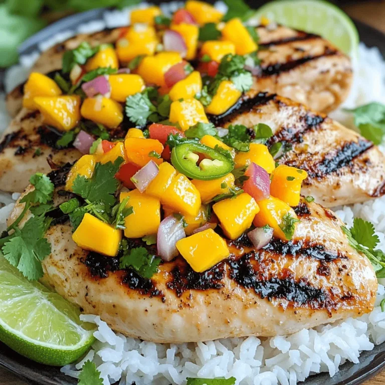 - Chicken and Marinade Components - 2 boneless, skinless chicken breasts - 2 tablespoons extra virgin olive oil - Juice of 1 fresh lime - Salt and freshly cracked black pepper to taste - 1 teaspoon garlic powder - 1 teaspoon ground cumin - Salsa Ingredients - 1 ripe mango, diced into small cubes - 1 red bell pepper, finely chopped - 1/2 medium red onion, finely chopped - 1 jalapeño, deseeded and minced (adjust for spice preference) - 2 tablespoons fresh cilantro, chopped - Seasoning and Flavor Enhancers - Salt to taste - Freshly cracked black pepper to taste This bright mango salsa chicken is a feast for the eyes and the taste buds. The chicken gets its flavor from a simple marinade, while the salsa bursts with fresh ingredients. You can adjust the spice level to your liking. Use this list to gather everything you need for your delicious meal. For the complete preparation details, check the Full Recipe. Preparing the Marinade To make the marinade, mix olive oil, lime juice, garlic powder, and ground cumin in a small bowl. Add salt and pepper to taste. This simple mix brings out great flavors in the chicken. Coating the Chicken Take the chicken breasts and place them in a shallow dish. Pour the marinade over them. Use your hands to coat each piece well. Make sure every part is covered. Recommended Marination Time Cover the dish with plastic wrap and place it in the fridge. Let the chicken marinate for at least 30 minutes. For more flavor, aim for 2 hours if you can. Combining Salsa Ingredients While the chicken marinates, grab a medium bowl. Add diced mango, chopped red bell pepper, red onion, minced jalapeño, and chopped cilantro. This mix creates a bright and tasty salsa. Balancing Flavors Gently toss the salsa ingredients together. Add a pinch of salt to enhance the flavors. Taste and adjust as needed. Let the salsa sit to let the flavors blend well. Preheating the Grill Heat your grill or grill pan to medium heat. A hot grill helps create nice grill marks and adds flavor. Cooking Time and Temperature Remove the chicken from the marinade, letting excess drip off. Place the chicken on the grill. Cook for about 6-7 minutes on each side. Make sure it reaches an internal temperature of 165°F (75°C). Checking for Doneness Avoid flipping the chicken too often. This gives you nice grill marks. Use a meat thermometer to check the chicken's doneness. Importance of Resting Time Once cooked, take the chicken off the grill and let it rest for 3-5 minutes. Resting helps the juices spread, making the chicken juicy. Final Assembly with Mango Salsa Before serving, top each grilled chicken breast with the mango salsa. This adds a fresh and colorful touch to your dish. Enjoy your meal! Marinating Tips For the best flavor, use a simple marinade. Mix olive oil, lime juice, garlic powder, and cumin. Add salt and pepper to taste. Let the chicken sit in this mix. Cover the dish and refrigerate. Marinate for at least 30 minutes, but 2 hours is better. This time helps the chicken soak up all the tasty flavors. Ensuring Juiciness To keep your chicken juicy, avoid overcooking it. Grill the chicken for 6-7 minutes on each side. Check for a temperature of 165°F (75°C) for doneness. Once cooked, let it rest for 3-5 minutes. This resting time helps the juices stay inside the meat. Fresh Ingredients to Use Use ripe mangoes for sweetness. Red bell peppers add crunch and color. A red onion gives a nice bite, while cilantro adds freshness. Don’t forget the jalapeño for heat. Adjust the amount based on your spice preference. Fresh ingredients make the salsa bright and flavorful. Adjusting Spiciness If you like it mild, remove the seeds from the jalapeño. For more heat, leave some seeds in. You can also add a pinch of cayenne pepper for an extra kick. Always taste before serving to ensure the salsa matches your heat level. Plating Suggestions Serve the chicken on a bed of fluffy rice or quinoa. This adds a nice base and keeps it filling. Place the mango salsa on top to showcase its vibrant colors. Make sure the chicken is the star of the dish. Garnishes for Visual Appeal Add fresh cilantro sprigs on top for a pop of green. Lime wedges not only look great but add a citrusy zest. A sprinkle of lime zest can make the dish even more inviting. These small touches make your meal look fancy and inviting. For the full recipe [Full Recipe], check out the details! {{image_4}} Gluten-Free Options This Mango Salsa Chicken is naturally gluten-free. Make sure to check all labels on ingredients. Always use fresh spices and oils that do not contain gluten. Paleo and Keto Adaptations For a Paleo meal, skip the sugar and process the salsa fresh. You can enjoy this dish on a keto diet too. Just ensure the chicken and salsa ingredients are low in carbs. Adding Different Fruits You can switch up the salsa by adding fruits. Try peaches, pineapples, or avocados. Each fruit brings a unique taste and texture. Incorporating Spices Want to kick up the flavor? Add spices like chili powder or smoked paprika. These spices can add depth and warmth to the dish. Baking vs. Grilling You can bake the chicken if you prefer. Preheat your oven to 400°F (200°C) and bake for 20-25 minutes. Grill gives a nice char, while baking keeps it juicy. Cooking on a Stovetop Using a stovetop works well too. Just heat some oil in a pan over medium heat. Cook the chicken for about 6-7 minutes on each side until it’s done. This method is fast and easy. For a complete guide, check out the [Full Recipe]. To keep your mango salsa chicken fresh, store it in the fridge. Use an airtight container. This helps keep the chicken moist and the salsa vibrant. The best practice is to separate the salsa and chicken. This prevents the salsa from making the chicken soggy. For freezing, place the chicken and salsa in freezer-safe bags. Remove as much air as possible before sealing. This helps prevent freezer burn. You can store it for up to three months. Label the bags with dates for easy tracking. When reheating, avoid drying out the chicken. The microwave works but may not keep the texture. Instead, try using an oven or skillet. Preheat the oven to 350°F (175°C). Place the chicken in a baking dish with a splash of water. Cover with foil to keep moisture in. Heat for about 15 minutes or until warm. If using a skillet, add a little olive oil. Heat on medium-low, turning the chicken often. This helps maintain flavor and texture. Reheat the salsa separately, if needed. Just a quick warm-up will do. Properly stored, leftover mango salsa chicken lasts about three to four days in the fridge. Always check for any signs of spoilage. Look for changes in smell, color, or texture before eating. For frozen chicken, you can keep it for three months. After that, the quality may decline. Yes, you can use frozen chicken. Just make sure to thaw it first. - Tips on Thawing and Cooking: - Place the frozen chicken in the fridge overnight for safe thawing. - You can also use the cold water method. Seal the chicken in a bag and submerge it in cold water for a few hours. - Once thawed, follow the recipe as usual. Marinating is still important for flavor. Mango Salsa Chicken pairs well with many side dishes. - Side Dishes and Accompaniments: - Serve it with rice or quinoa for a filling meal. - A fresh green salad adds crunch and color. - Grilled veggies or corn on the cob are great options too. - For a twist, try serving it with tortilla chips for a fun crunch. You can prepare the salsa a few hours in advance. - Optimal Storage and Freshness Tips: - Store the salsa in an airtight container in the fridge. - It tastes best within 24 hours. The flavors will meld together nicely. - If you make it too early, the mango may get mushy. Just make it fresh if you plan to keep it longer. Marinating the chicken is highly recommended. - Impact on Flavor and Texture: - The marinade adds depth and richness to the chicken. - It helps keep the chicken juicy while cooking. - If you're short on time, even a quick 30-minute soak will help. You can mix it up with other fruits too. - Creative Substitutions for Homemade Salsa: - Try pineapple for a sweet and tangy twist. - Peaches or nectarines also add a nice flavor. - For a unique touch, use kiwi or strawberries. Each fruit brings its own charm! For the full recipe, refer to the earlier section on Mango Salsa Chicken. In this blog post, we explored making Mango Salsa Chicken. We reviewed the key ingredients, from the chicken marinade to the salsa mix. I shared step-by-step instructions for marinating, grilling, and serving. The tips helped you ensure juicy chicken and enhance the salsa. We also discussed variations for different diets and cooking methods. With these insights, you can confidently create a tasty, fresh dish. Enjoy your culinary adventure with Mango Salsa Chicken!