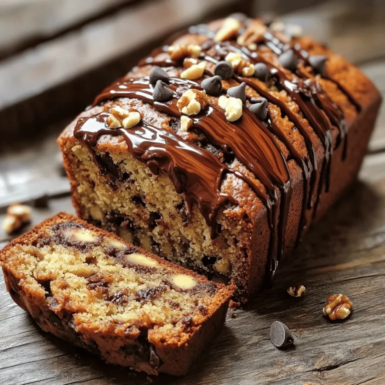 To make Nutella banana bread, gather these key ingredients: - 3 ripe bananas, thoroughly mashed - 1/2 cup Nutella, plus extra for drizzling - 1/2 cup granulated sugar (or substituting with honey for a healthier twist) - 1/3 cup unsalted butter, gently melted - 1 teaspoon pure vanilla extract - 1 teaspoon baking soda - A pinch of salt - 1 1/2 cups all-purpose flour - 1/2 cup chopped walnuts (optional for added crunch) - 1/4 cup chocolate chips (optional for an indulgent touch) You can easily swap some ingredients if needed. For sugar, use honey or maple syrup. This will add a different sweetness. If you want it dairy-free, use coconut oil instead of butter. You can also choose almond or oat milk to replace regular milk in the recipe. For flour, whole wheat flour works as a healthier option. To make your banana bread even more special, try adding some fun ingredients. Here are some ideas: - Chopped nuts like pecans or almonds for crunch - Dried fruit, such as cranberries or raisins, for a sweet twist - Spices like cinnamon or nutmeg to enhance the aroma - A splash of espresso for a coffee flavor - Swirls of peanut butter for a nutty taste These add-ins can take your banana bread to the next level! You can find the Full Recipe to guide you through the process. Enjoy experimenting! Start by preheating your oven to 350°F (175°C). This step is key for even baking. Next, take a 9x5-inch loaf pan and grease it well with butter or non-stick spray. This ensures your banana bread comes out easily after baking. In a large bowl, mash your ripe bananas until smooth. This should yield about 1 ½ cups of mashed bananas. Add the melted butter and mix until combined. Next, stir in the sugar or honey, Nutella, and vanilla extract. Mix these well until they form a creamy mixture. Now, sprinkle the baking soda and salt over this mix. Gently fold them in. Be careful not to overmix at this point. Gradually add the flour, mixing just until you see no dry flour left. If you want more flavor and crunch, fold in the walnuts and chocolate chips. This adds a nice surprise in every bite. Pour the batter into your prepared loaf pan. Use a spatula to smooth the top for a nice finish. Place the pan in your preheated oven. Bake for 60-70 minutes. To check if it’s done, insert a toothpick into the center. If it comes out clean or with a few moist crumbs, your bread is ready. When done, take the bread out and let it cool in the pan for about 10 minutes. Then, move it to a wire rack to cool completely. This helps the texture stay just right. For the best taste, serve warm with extra Nutella drizzled on top. Enjoy the rich flavors of this Nutella banana bread! To get that perfect moist texture, use very ripe bananas. The browner, the better! Mash them well to avoid lumps. When mixing, gently fold the flour in just until combined. Overmixing can make your bread dense. Let the batter rest for a few minutes before baking. This helps the flavors blend. Nutella pairs well with nuts like walnuts or pecans. They add a nice crunch. You can also mix in chocolate chips for extra sweetness. Want a twist? Try adding a pinch of cinnamon or a splash of espresso for warmth. These flavors work great with the banana. If your banana bread sinks in the middle, it might be due to too much liquid. Make sure your bananas are not overly mashed. If it’s too dry, check your oven temperature; it may be too high. To fix uneven baking, rotate the pan halfway through the baking time. For more detailed steps and a full recipe, you can check out the Nutella Banana Bread Delight. {{image_4}} You can add nuts on top of the bread for a tasty crunch. I love using chopped walnuts or pecans. They offer a nice contrast to the soft bread and rich Nutella. Just sprinkle them over the top before baking. This small step gives your banana bread a lovely texture and a little extra flavor. If you want a healthier option, you can swap out the sugar. Honey works great in this recipe. It adds sweetness without processed sugar. You can also try maple syrup or agave nectar. Each option gives a unique twist. Remember, these choices keep the banana bread moist and tasty while reducing refined sugar. Don't be afraid to get creative! You can add spices like cinnamon or nutmeg for warmth. They blend well with the bananas and Nutella. Another fun twist is to mix in dried fruits, like cranberries or apricots. They add a bit of chewiness and extra flavor. You could even try a splash of espresso for a coffee kick. These little changes can make your banana bread exciting and new. For more details, check out the Full Recipe. To keep your banana bread fresh, wrap it tightly in plastic wrap. You can also place it in an airtight container. This helps prevent it from drying out. Store it at room temperature for up to three days. If you want it to last longer, consider freezing it. Freezing banana bread is super easy! First, slice the bread for quick servings. Then, wrap each slice in plastic wrap. Place the wrapped slices in a freezer bag. This way, you can enjoy a piece whenever you want. Frozen banana bread can last for about three months. Just remember to label the bag with the date! To enjoy your banana bread warm, you can reheat it in different ways. The oven is great for even heating. Preheat your oven to 350°F (175°C). Place the slice on a baking sheet and warm it for about 10 minutes. You can also use a microwave for quick heating. Just heat a slice for 15-20 seconds. If you want a crispy edge, try a toaster oven instead! Always check the warmth before diving in! Yes, you can use frozen bananas! Just thaw them first. Frozen bananas often become very soft, which makes them easy to mash. This works well in your banana bread. The flavor stays great, and the bread remains moist and yummy. To check if your banana bread is done, use a toothpick. Insert it into the center of the loaf. If it comes out clean or with a few moist crumbs, it is ready. Baking time is usually 60-70 minutes, but ovens can vary. Keep an eye on it towards the end. Nutella banana bread pairs well with many tasty treats. Here are some ideas: - Warm Nutella drizzle for extra chocolatey goodness - A dollop of whipped cream for a creamy touch - Fresh fruit like strawberries or raspberries for a fresh burst - A scoop of vanilla ice cream for a dessert treat - Coffee or tea as a cozy drink to enjoy with your slice These pairings will elevate your experience and make each bite even more delightful. For the full recipe, check the recipe section above! This blog post covered everything you need for great banana bread. We discussed key ingredients, substitutions, and flavor add-ins. I shared step-by-step baking instructions to get perfect results. Tips for texture and flavor helped prevent issues. Variations, like Nutella and healthier options, offered fun twists. Lastly, store and freeze leftovers properly to enjoy later. Banana bread can be simple and satisfying. Experiment with flavors and enjoy your creation!