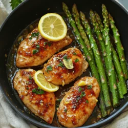 To make this dish, you will need: - 4 boneless, skinless chicken breasts - 1 bunch of fresh asparagus, trimmed - 4 cloves of garlic, minced - 1 lemon, zested and juiced - 2 tablespoons olive oil - 1 teaspoon dried thyme - 1 teaspoon smoked paprika - Salt and freshly ground black pepper to taste - Fresh parsley, chopped for garnish - Lemon slices for serving You can easily swap some ingredients. If you don’t have chicken breasts, try thighs or even turkey. For asparagus, green beans or broccoli work too. If you lack fresh garlic, garlic powder can stand in. If you want a different flavor, use fresh herbs like rosemary or basil instead of thyme. Using fresh herbs makes a big difference. They add bright, vibrant flavors. Fresh thyme or parsley can elevate your dish. Dried herbs are great when fresh isn’t available. However, dried can lose some flavor over time. Always check the expiry date. For this recipe, fresh herbs will give you the best taste and aroma. 1. Preheat your oven to 400°F (200°C). This step warms up the oven for perfect cooking. 2. Mix your marinade in a bowl. Combine olive oil, minced garlic, lemon juice, and lemon zest. Add dried thyme, smoked paprika, salt, and pepper. Whisk until well blended. 3. Coat the chicken in the marinade. Place the chicken breasts in the bowl and turn them to coat well. Marinate for at least 10 minutes, or up to 2 hours in the fridge. 4. Arrange the chicken in an oven-safe skillet. Lay the marinated chicken breasts in a single layer for even cooking. 5. Add the asparagus around the chicken. Place the trimmed asparagus alongside the chicken. Drizzle leftover marinade over the asparagus for added taste. 6. Bake in the oven for 20-25 minutes. Check that the chicken reaches an internal temperature of 165°F (75°C). The asparagus should be tender but still firm. 7. Broil for a golden finish. For the last 2-3 minutes, switch to broil. Watch carefully to avoid burning. This gives the chicken a nice crust. 8. Rest and garnish. Remove the skillet from the oven and let it rest for a few minutes. Sprinkle fresh parsley on top before serving. For this recipe, the cooking time is crucial. Bake at 400°F (200°C) for 20-25 minutes. The chicken must reach 165°F (75°C) to be safe to eat. The asparagus should be bright green and crisp-tender. If you want a nice brown crust, broil for 2-3 minutes at the end. Keep an eye on it to prevent burning. To check if your chicken is done, use a meat thermometer. Insert it into the thickest part of the chicken breast. It should read 165°F (75°C). If you don't have a thermometer, cut into the chicken. The juices should run clear, not pink. Proper doneness means juicy chicken and safe eating. Marinating chicken is key to great flavor. I suggest using a mix of olive oil, lemon juice, and garlic. This blend gives the chicken a fresh taste. Make sure each piece gets coated well. For best results, let the chicken marinate for at least 10 minutes. If you can wait, try marinating for up to 2 hours. This extra time lets the flavors soak in deeply. Asparagus should be tender yet crisp. To get this, look for bright green stalks. When preparing, trim the ends to remove any tough parts. When cooking, add the asparagus to the pan alongside the chicken. This way, it cooks in the same juices. Bake until just tender, around 20 to 25 minutes. For a little extra crunch, you can add the asparagus later in the cooking process. One common mistake is overcrowding the pan. If the pan is too full, the chicken and vegetables might steam instead of roast. This makes them less flavorful. Another mistake is not checking the chicken's doneness. Always use a meat thermometer. The chicken should reach 165°F (75°C) to be safe. Lastly, don’t skip the resting time after cooking. Letting the chicken rest helps keep it juicy. Use these tips to make your One-Pan Lemon Garlic Chicken and Asparagus a hit. For a full recipe, check out the [Full Recipe]. {{image_4}} You can easily change the flavors in this dish. Add different vegetables like bell peppers, zucchini, or cherry tomatoes. These will add color and taste. You can also use herbs like rosemary or basil to mix things up. If you like heat, try adding red pepper flakes. A pinch of cayenne can also spice things up. If you want to switch proteins, try using salmon or shrimp. Both cook quickly and add their unique flavor. You can even use tofu for a plant-based option. Just make sure to adjust the cooking time. Fish needs less time, while tofu may take a bit longer to brown nicely. Pair this dish with simple sides for a complete meal. Quinoa or brown rice makes a great choice. They soak up the delicious juices from the chicken and asparagus. A fresh green salad with lemon vinaigrette also works well. It adds crunch and brightness to your plate. You can find the full recipe for One-Pan Lemon Garlic Chicken and Asparagus to create this delightful meal. To keep your One-Pan Lemon Garlic Chicken and Asparagus fresh, store leftovers in an airtight container. This helps keep moisture in and air out. Place it in the fridge for up to three days. If you want to enjoy it later, consider freezing it. When reheating, aim for gentle heat. The best way is to use the oven. Preheat it to 350°F (175°C). Place the chicken and asparagus in a baking dish. Add a splash of water or broth to keep it moist. Cover with foil and heat for about 15-20 minutes. This keeps the chicken juicy and the asparagus crisp. For meal prep, freezing works well. Cut the chicken into pieces for quicker thawing. Place it in freezer-safe bags or containers. Add a label with the date for easy tracking. It can last up to three months in the freezer. To thaw, move it to the fridge overnight before reheating. This way, you retain the best flavors and textures. You can enjoy your One-Pan Lemon Garlic Chicken and Asparagus anytime! Yes, you can use frozen chicken and vegetables. Just know that frozen chicken may need extra time to cook. Ensure the chicken reaches 165°F (75°C) for safety. For frozen vegetables, they will release some water as they cook. This may make the dish a bit watery. If you use frozen veggies, cook them a little longer to get them nice and tender. This recipe is already dairy-free. It does not use any butter or cream. If you want to add creaminess, consider using coconut milk or a dairy-free yogurt. These options add richness without dairy. This dish pairs well with many sides. Here are some great options: - Fluffy quinoa - Steamed rice - Roasted potatoes - Mixed green salad - Garlic bread These sides will enhance your meal and make it more filling. Feel free to mix and match based on what you like! For the Full Recipe, check out the detailed instructions. In this blog post, I covered a simple recipe for One-Pan Lemon Garlic Chicken and Asparagus. You learned about key ingredients and smart substitutes. I shared the best methods to cook chicken properly and tips to get tender asparagus. Remember to try different flavors and proteins for variety. Store leftovers carefully, and I answered common questions to help you succeed. Enjoy making this dish that is easy and full of flavor! Your cooking skills will shine, and your family will love it.
