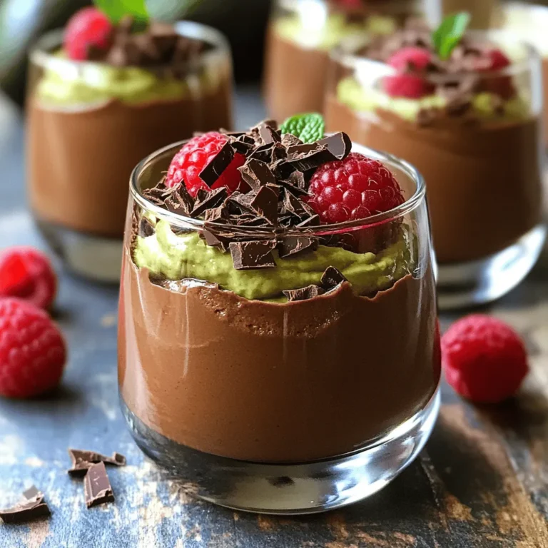 To make chocolate avocado mousse, you need just a few simple ingredients. Here’s what you'll need: - 2 ripe avocados - 1/4 cup unsweetened cocoa powder - 1/4 cup maple syrup or honey - 1/4 cup almond milk or non-dairy milk - 1 teaspoon pure vanilla extract - A pinch of fine sea salt - Dark chocolate shavings for garnish Each ingredient plays a key role in creating the rich and creamy texture of this dessert. Ripe avocados provide a smooth base and healthy fats, while cocoa powder gives the classic chocolate flavor. The maple syrup or honey adds sweetness, and almond milk helps blend everything together. Using pure vanilla extract enhances the overall taste, while the pinch of sea salt balances the sweetness. Finally, dark chocolate shavings on top add a nice touch and extra flavor. For the full recipe, check out the details and let your kitchen shine! - Start by slicing the ripe avocados in half. - Carefully remove the pits with a spoon or knife. - Scoop the flesh into the bowl of a food processor. - Add the cocoa powder, maple syrup, almond milk, vanilla, and salt to the processor. - Blend all the ingredients on high speed. - Keep blending until the mixture is smooth and creamy. - If needed, pause to scrape down the sides of the bowl. - Taste the mousse to check the sweetness. - If you want it sweeter, add more maple syrup and blend again. - Scoop the mousse into serving bowls or glasses. - Place the mousse in the refrigerator for at least 30 minutes. - This chilling time helps the mousse set and enhances the flavors. - Before serving, add dark chocolate shavings on top for garnish. You can check the [Full Recipe] for more details and tips! Enjoy your rich and creamy chocolate avocado mousse! To make smooth mousse, use ripe avocados. Look for avocados that yield slightly when you press them. This means they are soft enough to blend well. If they are hard, wait a few days for them to ripen. The right texture makes a big difference in taste. For blending, I recommend using a high-quality food processor. It creates a silky-smooth texture. If you don't have one, a strong blender can work too. Just make sure to pause and scrape down the sides often. This ensures everything mixes evenly. Presentation matters. Serve your mousse in small, clear glasses. This lets the rich color shine through. You can also layer it with fresh fruits or whipped cream for added fun. For garnishing, sprinkle dark chocolate shavings on top. They add a nice touch and extra chocolate flavor. Fresh mint leaves or vibrant berries also work well. These little touches make your mousse not just tasty, but pretty too. {{image_4}} You can change the sweetener in your chocolate avocado mousse. Agave syrup is a great option. It adds sweetness without a strong flavor. Stevia is another choice. It is low-calorie and natural. You can also try different syrups to enhance flavors. Maple syrup gives a rich taste. Honey can add a floral note. Each sweetener changes the mousse slightly. Experiment to find your favorite mix! Adding spices can elevate your mousse. A dash of cinnamon adds warmth. If you like heat, a pinch of cayenne gives a nice kick. You can also mix in fun ingredients. Coconut adds creaminess and a tropical touch. Peanut butter brings a savory flavor to the mousse. Just blend in the extras with your base mix. These small tweaks make a big difference! To keep your chocolate avocado mousse fresh, store it in an airtight container. This method prevents air from getting in and causing browning. You can also press plastic wrap directly onto the mousse's surface to minimize exposure to air. The mousse stays tasty for up to three days in the fridge. If you want to save some mousse for later, freezing works well. First, scoop the mousse into an airtight container. Leave a little space at the top, as it will expand when frozen. You can freeze the mousse for up to one month. When you are ready to enjoy it, thaw it in the fridge overnight. If it seems a bit thick, blend it again with a splash of almond milk. This step helps restore its creamy texture before serving. Want to impress? Serve with fresh toppings right after thawing for a delightful dessert experience. Chocolate avocado mousse is healthy because it uses avocados. Avocados are full of good fats. These fats help keep your heart healthy. They also have vitamins like K, E, and C. Plus, avocados have fiber, which helps with digestion. Unlike heavy cream, avocados are lower in calories. This makes the mousse a guilt-free treat. Yes, you can use different types of chocolate. Dark chocolate gives a rich flavor. Milk chocolate is sweeter and creamier. White chocolate adds a unique taste but lacks cocoa's health benefits. You can mix different chocolates to find your favorite blend. Just remember that each type changes the mousse's taste. You can keep the mousse in the fridge for about three days. Make sure to store it in an airtight container. This helps prevent it from drying out or absorbing other smells. If you notice any browning, just give it a quick stir. The mousse will still taste great! Yes, chocolate avocado mousse is gluten-free. All the ingredients used are naturally gluten-free. If you substitute any ingredients, make sure those are also gluten-free. This mousse is perfect for those with gluten sensitivities. Enjoy it without worry! For the complete recipe, check out the Full Recipe section. In this post, we covered how to make a creamy chocolate avocado mousse. You need ripe avocados, cocoa powder, and sweeteners. I shared tips for creating a smooth texture and ways to serve it nicely. You can also try different flavors and store leftovers easily. This mousse is not just tasty; it’s healthy too! Enjoy this fun, simple recipe, and impress your family and friends with your new dessert skills. It's a sweet treat worth sharing!