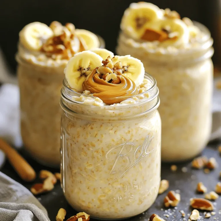 - 1 cup rolled oats - 2 cups almond milk (or milk of choice) - 2 ripe bananas, mashed - 1/4 cup peanut butter - 2 tablespoons maple syrup (or honey) - 1/2 teaspoon vanilla extract - 1/2 teaspoon ground cinnamon - A pinch of salt - Optional toppings: sliced bananas, nuts, chia seeds, dark chocolate chips To make peanut butter banana overnight oats, you need simple and fresh ingredients. The rolled oats are the base. They soak up the almond milk and flavors. You can use any milk you like, but almond milk adds a nice touch. Ripe bananas add natural sweetness. They also give a creamy texture when mashed. Peanut butter brings protein and flavor. You can choose smooth or crunchy peanut butter based on your taste. Maple syrup or honey adds sweetness. Vanilla extract enhances the flavor. Ground cinnamon adds warmth, while a pinch of salt balances the sweetness. For extra fun, you can add toppings. Sliced bananas, chopped nuts, chia seeds, or dark chocolate chips create texture and flavor. You can mix and match toppings to suit your mood. This simple recipe makes breakfast exciting and healthy. You can find the full recipe in the earlier section. Enjoy making your peanut butter banana overnight oats! - In a large bowl, mix 1 cup of rolled oats with 2 cups of almond milk. - Stir well until all oats soak up the milk. - Next, add 2 ripe bananas, mashed. Mix until fully combined. - Now, incorporate 1/4 cup of peanut butter into the oat mixture. - Add 2 tablespoons of maple syrup for sweetness, 1/2 teaspoon of vanilla extract, and 1/2 teaspoon of ground cinnamon. - Don’t forget a pinch of salt. Mix until smooth and creamy. - Divide the oat mixture into two mason jars or airtight containers. - Seal the jars and place them in the fridge to soak overnight. - This lets the oats absorb all the yummy flavors. To get the right texture for your peanut butter banana overnight oats, you can adjust the consistency. If the oats seem too thick, add a splash of almond milk. Mix it in well until you reach your desired creaminess. Sweetness is also key in this recipe. After mixing, take a small taste. If you want it sweeter, add a bit more maple syrup or honey. Just stir well, and you’re good to go! Serving your oats in mason jars makes breakfast feel special. These jars not only look cute but also help keep your oats fresh. Just divide the mixture evenly into each jar. For a pop of color and flavor, think about garnishing. Sliced bananas on top give a fresh look. A drizzle of peanut butter adds a nice touch, too. You can even sprinkle some chopped nuts for a bit of crunch. Enjoy your beautiful creation! {{image_4}} You can switch up the taste of your overnight oats easily. Try a chocolate peanut butter version for a sweet twist. Just mix in a few tablespoons of cocoa powder with the peanut butter. This gives you a rich chocolate flavor that pairs well with bananas. If you prefer a nut-free option, use sunflower seed butter or pumpkin seed butter instead of peanut butter. This keeps the creamy texture while avoiding nuts. Toppings can change the whole dish. Try adding seasonal fruits like berries, peaches, or apples. These fruits enhance the flavor and add color. For a crunch, sprinkle different nuts or seeds on top. Almonds, walnuts, or pumpkin seeds work great. You can also add chia seeds for extra nutrition. These simple changes keep your breakfast fun and exciting. Check out the Full Recipe for more ideas! To keep your peanut butter banana overnight oats fresh, store them in airtight containers. Mason jars work well for this. Make sure the lids seal tightly. This helps keep your oats from drying out and losing flavor. You can store these oats in the fridge for up to five days. Just remember to check for any changes in smell or texture before eating. If they look or smell off, it's best to toss them. If you want to make a larger batch, you can freeze your overnight oats. To freeze, place the jars in the freezer. Leave some space at the top of the jar. Oats expand when frozen. They can last up to three months in the freezer. When you're ready to eat, move the jar to the fridge. Let it thaw overnight. If they're a bit thick, stir in some almond milk. Enjoy your tasty breakfast without any hassle! Peanut Butter Banana Overnight Oats last about 3 to 5 days in the fridge. This makes them perfect for meal prep. Just store them in airtight containers. The oats may soak up moisture, so check the texture. If they seem too thick, add a splash of milk before eating. Yes, you can easily make these oats vegan. Just use almond milk or any plant-based milk. Instead of honey, use maple syrup for sweetness. Both swaps keep the recipe tasty and plant-based. If you want a different flavor, try almond butter or sunflower seed butter. Both options work well in this recipe. They add yummy taste and keep the oats creamy. Just make sure to choose a nut or seed butter that you enjoy. Yes, overnight oats can be gluten-free. Just use certified gluten-free oats to ensure no cross-contamination. Most oats are naturally gluten-free, but check the label. This makes them safe for those with gluten sensitivities. In this blog post, we explored how to make delicious Peanut Butter Banana Overnight Oats. We covered key ingredients, step-by-step instructions, tips for perfecting texture and flavor, as well as storage info and fun variations. These oats are easy to prepare and customizable. You can adjust flavors and toppings to fit your taste. Ensuring you follow tips for storage lets you enjoy them longer. Try these oats for a quick breakfast! You’ll love how simple and tasty they are.