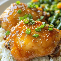 For this recipe, you need: - 4 chicken thighs (bone-in and skin-on for enhanced flavors) Chicken thighs are juicy and tender. They soak up flavors well, making them perfect for our dish. The marinade is key to a tasty honey garlic chicken. Here are the ingredients: - 1/4 cup honey - 1/4 cup low-sodium soy sauce - 4 cloves garlic, finely minced - 1 tablespoon fresh ginger, finely minced - 1 tablespoon olive oil - 1 tablespoon rice vinegar - 1 teaspoon sesame oil - Salt and pepper to taste This marinade balances sweet and savory. Honey adds sweetness, while soy sauce gives saltiness. Garlic and ginger boost flavor and aroma. To finish your dish, use these garnishes: - 2 green onions, thinly sliced (for garnish) - 1 tablespoon sesame seeds (for garnish) These garnishes add color and crunch. They also enhance the overall presentation of your honey garlic chicken thighs. For the full recipe, check out the detailed instructions. First, gather your ingredients for the marinade. You need honey, soy sauce, garlic, ginger, olive oil, rice vinegar, sesame oil, salt, and pepper. Combine these in a mixing bowl. Whisk them until smooth. This mix brings sweet and savory notes to the chicken. Next, take your chicken thighs. Place them in a large resealable bag or a shallow dish. Pour the marinade over the chicken. Make sure each piece is well coated. Seal the bag or cover the dish tightly. Refrigerate for at least 30 minutes. For best results, let the chicken marinate for two hours. This enhances the flavors and makes the chicken juicy. Once you’re ready to cook, preheat your oven to 400°F (200°C). This step is key for even cooking. After marinating, remove the chicken from the fridge. Discard the used marinade but reserve a small amount for basting. Now, line a baking sheet with parchment paper. This keeps the chicken from sticking and makes cleanup a breeze. Place the chicken thighs skin-side up on the sheet. This way, the skin crisps nicely while baking. Put the baking sheet in the hot oven. Bake the chicken for about 25 minutes. This initial cooking helps the chicken start to cook through and crisp up. After 25 minutes, take the chicken out. Use the reserved marinade to baste the chicken. This adds a lovely glaze and extra flavor. Return the chicken to the oven and bake for another 15-20 minutes. The skin should turn golden brown, and the internal temperature should reach 165°F (75°C). When done, take the chicken out and let it rest for five minutes. This helps keep the juices inside. Before serving, sprinkle sliced green onions and sesame seeds on top. This makes the dish look and taste even better. For the full recipe, check the section above! When making honey garlic chicken thighs, pick bone-in, skin-on thighs. The bone adds flavor and moisture. Skin-on thighs get crispy and hold the sauce better. Look for thighs that are plump and have a nice color. Fresh chicken always tastes best. You can tweak the flavors to suit your taste. Want it sweeter? Add more honey. Like it spicy? Toss in some red pepper flakes or sriracha. If you prefer a tangy taste, boost the rice vinegar. Experiment with ginger too. Fresh ginger gives a bright flavor, while ground ginger offers warmth. Cook the chicken at 400°F (200°C) for best results. Bake for about 25 minutes before basting. Then, baste the chicken and cook for another 15-20 minutes. Always check the internal temperature; it should reach 165°F (75°C) for safety. Let the chicken rest for 5 minutes after baking. This helps the juices stay inside. For more details, refer to the Full Recipe. {{image_4}} You can add veggies to your honey garlic chicken for a full meal. Use bell peppers, broccoli, or snap peas. Simply chop the vegetables into bite-sized pieces. Toss them in the same marinade as the chicken. When you arrange the chicken on the baking sheet, add the veggies around it. They will roast while the chicken cooks. This adds color and nutrients to your dish. If you love heat, try this spicy twist. Add chili flakes or sriracha to your marinade. Start with a small amount and taste as you go. You can also use fresh jalapeños for extra flavor. This version gives your chicken a nice kick. It’s a great way to mix sweet and spicy flavors together. For a hands-off meal, consider the slow cooker. Prepare your marinade as usual and coat the chicken thighs. Place them in the slow cooker with the marinade. Cook on low for 6-8 hours or high for 3-4 hours. The chicken becomes tender and full of flavor. This method is perfect for busy days when you want a tasty dinner without much effort. For a full recipe, check the Honey Garlic Chicken Thighs section. After cooking, let the chicken thighs cool to room temperature. Place them in an airtight container. They will stay fresh in the fridge for up to four days. Always label your container with the date. This way, you know how long they have been stored. If you want to keep leftovers longer, freezing is a great option. Wrap each chicken thigh tightly in plastic wrap. Place the wrapped thighs in a freezer-safe bag or container. They can last up to three months in the freezer. Remember to label the bag with the date. When you're ready to eat, thaw them overnight in the fridge. To reheat, you can use the oven, microwave, or stovetop. For the oven, preheat it to 350°F (175°C). Place the chicken on a baking sheet and cover it with foil to keep it moist. Heat for about 15-20 minutes or until warm. If using a microwave, place the chicken in a microwave-safe dish. Cover it and heat in short bursts. Check often to avoid drying it out. On the stovetop, use a little oil in a pan over medium heat. Cook for about 5-7 minutes, turning occasionally. Enjoy your Honey Garlic Chicken Thighs just as tasty as when freshly made! For the full recipe, check out the earlier sections. You should marinate the chicken for at least 30 minutes. For the best flavor, aim for 2 hours. This time lets the chicken soak up all that yummy honey and garlic goodness. Some folks even marinate it overnight! Just remember to keep it in the fridge while it’s soaking. Yes, you can use boneless chicken thighs. They cook faster than bone-in thighs. Just check the internal temperature to ensure they reach 165°F (75°C). The taste will still be great, so feel free to use what you have! I love to serve this dish with fluffy jasmine rice. It soaks up the sauce well. You can also pair it with sautéed green veggies like bok choy or green beans. This adds color and nutrients to your meal. If you want a salad, a simple cucumber salad works great, too. For the full recipe, check out the details above! We explored how to make delicious honey garlic chicken thighs. You learned about the key ingredients, step-by-step cooking methods, and helpful tips. Variations let you get creative. Proper storage ensures your meal lasts. In the end, this dish is easy to customize. I hope you feel inspired to try it. Enjoy making this tasty meal for yourself or others!