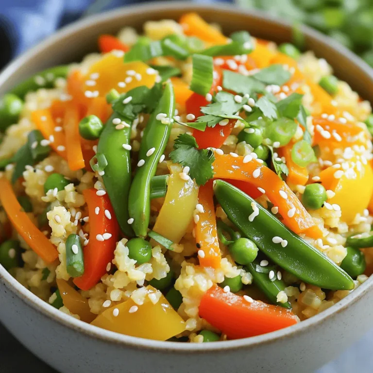 - 1 medium head of cauliflower, grated or processed - 1 cup of mixed bell peppers, diced - 1 cup of snap peas, trimmed - 2 cloves of garlic, finely minced - 1 tablespoon fresh ginger, grated - 3 tablespoons soy sauce (or tamari) - 1 tablespoon sesame oil - 1 tablespoon olive oil - Sesame seeds and fresh herbs for garnish Cauliflower rice stir-fry is a quick and tasty meal. You start with the main ingredients. Grating or processing cauliflower makes it rice-like. This veggie makes a great base. Mixed bell peppers add color and crunch. Snap peas bring a sweet, fresh bite. Next, you add flavor with aromatics. Garlic gives a nice kick, while ginger adds warmth. Soy sauce or tamari enhances the dish with saltiness. I often use tamari for a gluten-free option. For the cooking oils, I like sesame oil for its nutty taste. Olive oil is great for sautéing. Drizzle these oils in your pan to start. Finally, garnish your dish with sesame seeds and fresh herbs. These add final touches and make the dish pop. You can find the full recipe for this vibrant meal above, and I hope you enjoy making it! To make cauliflower rice, start with a medium head of cauliflower. You can either grate it with a box grater or use a food processor. If using a food processor, pulse the florets until they look like tiny rice grains. Once you have the right texture, set the cauliflower rice aside. This step is key for a great stir-fry. Next, heat a tablespoon of olive oil in a large skillet or wok over medium-high heat. Wait until the oil shimmers. Then, add two cloves of finely minced garlic and one tablespoon of grated ginger. Sauté these for about 30 seconds. You want to smell the aroma, but don’t let them burn. This mix adds a lot of flavor to your dish. After the garlic and ginger are fragrant, add one cup of diced mixed bell peppers, one cup of trimmed snap peas, and one medium julienned carrot. Stir-fry these vibrant veggies for about 3 to 4 minutes. They should soften a bit but still be crunchy. Now, it's time to add your cauliflower rice. Stir it in and cook for another 5 to 7 minutes. This helps the rice absorb all the delicious flavors. Once everything is combined, pour in three tablespoons of soy sauce and one tablespoon of sesame oil. Toss everything well to coat. Let it cook for an additional 2 minutes. This will deepen the flavors. Before serving, taste the stir-fry and add salt and pepper as you like. For a perfect finish, garnish with sliced green onions, sesame seeds, and fresh herbs. Enjoy your flavorful veggie delight! For the complete recipe, check the [Full Recipe]. To keep your veggies crisp, cook them in a hot pan. This helps them stay bright and fresh. Stir-fry in small batches. If you crowd the pan, the heat drops. This makes the vegetables steam instead of fry. For even cooking of cauliflower rice, spread it out in the pan. Stir it often to avoid burning. Cook it for 5-7 minutes until it’s tender but not mushy. You can add spices like red pepper flakes for heat. Try adding a splash of lime juice for a zesty kick. Garlic powder or onion powder works well too. Adjust the salt and pepper to fit your taste. Start with a pinch and add more if needed. For a nice look, serve your stir-fry in colorful bowls. You can also use a large platter to show off the colors. Garnish with fresh herbs like cilantro or parsley. A sprinkle of sesame seeds adds a lovely touch. This makes your dish pop with color and taste. For the complete dish, check out the Full Recipe. {{image_4}} You can add protein to your cauliflower rice stir-fry for more nutrition. Try chicken, shrimp, or tofu. These add great taste and texture. For chicken, cut it into bite-sized pieces. Marinate it for 30 minutes in soy sauce, garlic, or ginger. This will make it tasty and tender. If you choose shrimp, go for peeled, deveined shrimp. They cook quickly and soak up flavor well. For a vegan option, use tofu. Press it to remove extra water, then cut it into cubes. Marinate it just like chicken for added flavor. Feel free to mix in other vegetables you love. Broccoli, zucchini, or mushrooms work great in stir-fry. You can also use seasonal veggies. In spring, try asparagus or peas. In fall, add butternut squash or kale. These options keep your stir-fry fresh and exciting. Just remember to cut them into similar sizes for even cooking. This recipe is easy to adapt for different diets. To make it gluten-free, just use tamari instead of soy sauce. If you want a vegan dish, skip any animal proteins. The stir-fry will still be full of flavor. For a low-carb option, you can add more cauliflower rice and less of the other veggies. This keeps your meal light but still satisfying. Check out the Full Recipe for all the details! To keep your cauliflower rice stir-fry fresh, use airtight containers. Glass containers work great, as they don’t absorb odors. You can also use plastic containers if you prefer. Store the leftovers in the fridge for up to three days. After that, the taste and texture may change. When reheating, the goal is to keep the stir-fry tasty and not mushy. The best method is to use a skillet on medium heat. Add a splash of water or oil to help it steam and stay moist. Stir often to heat evenly. If you use a microwave, cover the dish with a damp paper towel. This helps retain moisture. Avoid cooking too long; just heat until warm. Can cauliflower rice be made in advance? Yes, you can make cauliflower rice ahead of time. Grate or process the cauliflower and store it in an airtight container in the fridge. It stays fresh for about 3 days. If you want to prepare it even further in advance, you can freeze it. What's the best way to freeze cauliflower rice? To freeze cauliflower rice, spread it in a single layer on a baking sheet. Freeze it for about an hour until firm, then transfer it to a freezer bag. This method prevents clumping and makes it easy to grab a portion later. Do I need a wok to make stir-fry? You don’t need a wok, but it helps. A large skillet works well too. The key is to use high heat and enough space for the food to move around. This way, you get a nice sear and keep that crisp texture. How do I prevent the stir-fry from becoming soggy? To avoid sogginess, cook the vegetables quickly over high heat. Don’t overcrowd the pan, as this traps steam. Also, add the cauliflower rice last, letting it absorb flavors while avoiding too much moisture. Is this recipe suitable for gluten-free diets? Yes, it can be gluten-free. Use tamari instead of regular soy sauce. Always check labels to ensure all your ingredients are gluten-free. How can I make it vegetarian or vegan-friendly? This recipe is already vegetarian. For a vegan option, just ensure the soy sauce is plant-based. You can also add tofu or tempeh for extra protein and texture. In this post, we explored how to make a delicious cauliflower rice stir-fry. We covered the key ingredients, cooking steps, and how to customize your dish. I shared tips on keeping your veggies crisp and serving ideas for a great look. You can even adjust for dietary needs, making it suitable for everyone. Remember, cooking is about creativity and fun. Enjoy making this easy and healthy meal your own!