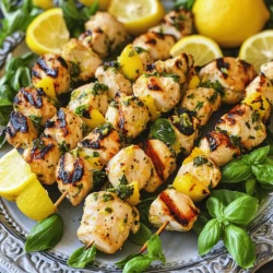 - 1 lb boneless chicken breast - 2 tablespoons olive oil - Zest and juice of 2 fresh lemons - 1 tablespoon Dijon mustard - 1 clove garlic - 1 teaspoon natural honey - 1 cup fresh basil leaves - Sea salt and black pepper I often use wooden or metal skewers. If you choose wooden skewers, soak them in water for 30 minutes. This step helps prevent burning on the grill. Metal skewers do not require soaking, but they can get very hot. Always handle them with care. Preparing the skewers is simple. Cut the chicken into 1-inch cubes. This size helps the chicken cook evenly. The marinade, made from olive oil, lemon, honey, Dijon mustard, garlic, and fresh basil, will enhance the chicken's flavor. After marinating, thread the chicken pieces onto the skewers. Leave a little space between each piece. This space allows heat to circulate, ensuring even cooking. For the full recipe, you can check the detailed instructions. To make the marinade, start by mixing key ingredients. In a large bowl, whisk together these items: - 2 tablespoons high-quality olive oil - Zest and juice of 2 fresh lemons - 1 teaspoon natural honey - 1 tablespoon smooth Dijon mustard - 1 clove garlic, finely minced - 1 cup fresh basil leaves, chopped coarsely Whisking thoroughly is important. It helps blend the flavors together. This step ensures every bite packs a punch of flavor. After mixing the marinade, add your chicken cubes. Make sure each piece is fully coated. This way, the chicken absorbs the yummy flavors. Season it with sea salt and black pepper. Cover the bowl and refrigerate it. For the best taste, marinate the chicken for at least 30 minutes. However, letting it sit for 1 to 2 hours is even better. This allows the flavors to soak in deeply. Next, preheat your grill or grill pan to medium-high heat. A hot grill makes a big difference. It helps to get those beautiful grill marks on the chicken. While the grill heats up, carefully thread the marinated chicken onto your skewers. Leave a tiny space between each piece. This helps the heat circulate and cooks the chicken evenly. Once the grill is ready, place the skewers on it. Cook for about 10 to 12 minutes. Turn the skewers occasionally to ensure even cooking. The chicken should reach an internal temperature of 165°F (75°C) for safety. After grilling, let the skewers rest for a few minutes. This keeps the chicken juicy and tasty. For the full recipe, check out the complete instructions. To make your Lemon Basil Chicken Skewers shine, use fresh ingredients. Fresh basil, lemons, and chicken bring bright flavors. When you use fresh herbs, you get a burst of taste that dried herbs can’t match. For the best results, let the chicken rest after grilling. This step seals in the juices and keeps the meat tender. Serve your skewers on a colorful platter for a great look. You can garnish with extra basil leaves and lemon wedges. This adds a vibrant touch. Pair these skewers with a summer salad or creamy tzatziki. These sides balance the flavors and add texture. Avoid over-marinating the chicken. Too long in the marinade can make the meat mushy. Stick to 1-2 hours for the best result. Also, ensure even spacing when threading the chicken on skewers. This helps the chicken cook evenly and gives you those nice grill marks. {{image_4}} You can change the main protein in this dish. Shrimp makes a quick, tasty swap. Tofu also works well for a vegetarian option. Both options absorb the marinade flavor nicely. If you don’t have fresh lemons, try lime juice instead. You can also use lemon zest from a bottle in a pinch. For basil, fresh herbs are best, but dried basil can work too. Just use less, as dried herbs are stronger. You don’t always need a grill for these skewers. An air fryer is a great choice too. Preheat your air fryer to 400°F (200°C). Thread the marinated chicken onto skewers and place them inside. Cook for about 10-12 minutes, turning halfway through. For an oven-baked option, preheat to 400°F (200°C). Place skewers on a baking sheet lined with foil. Bake for around 15-20 minutes, or until the chicken is fully cooked. To give your skewers a little extra kick, consider adding spices. A pinch of cayenne pepper or smoked paprika can add a nice heat. You can also mix in some cumin or coriander for a different taste. When it comes to herbs, feel free to experiment. Try cilantro, mint, or even rosemary. Each herb brings its own unique flavor, making every skewered meal special. After cooking, let the skewers cool. Place them in an airtight container. This keeps the chicken fresh. Store them in the fridge. They will last up to three days. When reheating, use a skillet or oven. Heat at low to medium heat. This helps keep the chicken juicy. Avoid using a microwave. It can dry out the meat. To freeze marinated chicken, first prepare it as usual. Place the marinated chicken in a freezer bag. Remove as much air as possible. This prevents freezer burn. Label the bag with the date. You can freeze it for up to three months. When ready to use, move the bag to the fridge. Let it thaw overnight. For the best texture, cook it right after thawing. In the fridge, leftover skewers stay fresh for about three days. If they smell off or look discolored, do not eat them. Check for slimy textures or unusual colors. These signs mean the chicken has spoiled. Always trust your senses. If in doubt, throw it out. Lemon Basil Chicken Skewers are grilled chicken pieces marinated in a fresh lemon and basil mix. They burst with bright flavors and are perfect for summer. The marinade combines olive oil, garlic, honey, and Dijon mustard, giving the chicken a unique taste. These skewers make a great dish for parties or casual meals. For the best flavor, marinate the chicken for at least 30 minutes. If you have time, aim for 1 to 2 hours. This allows the chicken to soak up the lemon and basil flavors. Avoid marinating for too long, as the acid from the lemon can change the chicken’s texture. Yes, you can use many different marinades. Try a yogurt-based marinade for a creamy texture. A soy sauce blend can add a nice umami punch. You can also experiment with herbs like cilantro or parsley for a different taste. These skewers pair well with light and fresh sides. Consider serving them with a summer salad or grilled vegetables. Rice or couscous also works nicely. A creamy tzatziki sauce can add a refreshing dip that complements the flavors. You can prepare the skewers in advance. Marinate the chicken and thread it onto skewers. Store them in the fridge for up to 24 hours before grilling. This way, you save time on the day of your gathering. Just remember to let them come to room temperature before grilling for even cooking. Lemon basil chicken skewers offer a tasty meal packed with fresh flavors. We discussed key ingredients, from boneless chicken to fresh herbs, and provided steps for marinating and grilling. I also shared tips for perfect flavors, serving ideas, and common mistakes to avoid. Don’t forget you can tweak this dish with alternate proteins or herbs. Enjoy experimenting with this recipe and make it your own. Keep the basics in mind, and you’ll impress everyone at your next meal!