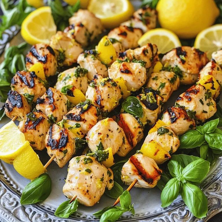 - 1 lb boneless chicken breast - 2 tablespoons olive oil - Zest and juice of 2 fresh lemons - 1 tablespoon Dijon mustard - 1 clove garlic - 1 teaspoon natural honey - 1 cup fresh basil leaves - Sea salt and black pepper I often use wooden or metal skewers. If you choose wooden skewers, soak them in water for 30 minutes. This step helps prevent burning on the grill. Metal skewers do not require soaking, but they can get very hot. Always handle them with care. Preparing the skewers is simple. Cut the chicken into 1-inch cubes. This size helps the chicken cook evenly. The marinade, made from olive oil, lemon, honey, Dijon mustard, garlic, and fresh basil, will enhance the chicken's flavor. After marinating, thread the chicken pieces onto the skewers. Leave a little space between each piece. This space allows heat to circulate, ensuring even cooking. For the full recipe, you can check the detailed instructions. To make the marinade, start by mixing key ingredients. In a large bowl, whisk together these items: - 2 tablespoons high-quality olive oil - Zest and juice of 2 fresh lemons - 1 teaspoon natural honey - 1 tablespoon smooth Dijon mustard - 1 clove garlic, finely minced - 1 cup fresh basil leaves, chopped coarsely Whisking thoroughly is important. It helps blend the flavors together. This step ensures every bite packs a punch of flavor. After mixing the marinade, add your chicken cubes. Make sure each piece is fully coated. This way, the chicken absorbs the yummy flavors. Season it with sea salt and black pepper. Cover the bowl and refrigerate it. For the best taste, marinate the chicken for at least 30 minutes. However, letting it sit for 1 to 2 hours is even better. This allows the flavors to soak in deeply. Next, preheat your grill or grill pan to medium-high heat. A hot grill makes a big difference. It helps to get those beautiful grill marks on the chicken. While the grill heats up, carefully thread the marinated chicken onto your skewers. Leave a tiny space between each piece. This helps the heat circulate and cooks the chicken evenly. Once the grill is ready, place the skewers on it. Cook for about 10 to 12 minutes. Turn the skewers occasionally to ensure even cooking. The chicken should reach an internal temperature of 165°F (75°C) for safety. After grilling, let the skewers rest for a few minutes. This keeps the chicken juicy and tasty. For the full recipe, check out the complete instructions. To make your Lemon Basil Chicken Skewers shine, use fresh ingredients. Fresh basil, lemons, and chicken bring bright flavors. When you use fresh herbs, you get a burst of taste that dried herbs can’t match. For the best results, let the chicken rest after grilling. This step seals in the juices and keeps the meat tender. Serve your skewers on a colorful platter for a great look. You can garnish with extra basil leaves and lemon wedges. This adds a vibrant touch. Pair these skewers with a summer salad or creamy tzatziki. These sides balance the flavors and add texture. Avoid over-marinating the chicken. Too long in the marinade can make the meat mushy. Stick to 1-2 hours for the best result. Also, ensure even spacing when threading the chicken on skewers. This helps the chicken cook evenly and gives you those nice grill marks. {{image_4}} You can change the main protein in this dish. Shrimp makes a quick, tasty swap. Tofu also works well for a vegetarian option. Both options absorb the marinade flavor nicely. If you don’t have fresh lemons, try lime juice instead. You can also use lemon zest from a bottle in a pinch. For basil, fresh herbs are best, but dried basil can work too. Just use less, as dried herbs are stronger. You don’t always need a grill for these skewers. An air fryer is a great choice too. Preheat your air fryer to 400°F (200°C). Thread the marinated chicken onto skewers and place them inside. Cook for about 10-12 minutes, turning halfway through. For an oven-baked option, preheat to 400°F (200°C). Place skewers on a baking sheet lined with foil. Bake for around 15-20 minutes, or until the chicken is fully cooked. To give your skewers a little extra kick, consider adding spices. A pinch of cayenne pepper or smoked paprika can add a nice heat. You can also mix in some cumin or coriander for a different taste. When it comes to herbs, feel free to experiment. Try cilantro, mint, or even rosemary. Each herb brings its own unique flavor, making every skewered meal special. After cooking, let the skewers cool. Place them in an airtight container. This keeps the chicken fresh. Store them in the fridge. They will last up to three days. When reheating, use a skillet or oven. Heat at low to medium heat. This helps keep the chicken juicy. Avoid using a microwave. It can dry out the meat. To freeze marinated chicken, first prepare it as usual. Place the marinated chicken in a freezer bag. Remove as much air as possible. This prevents freezer burn. Label the bag with the date. You can freeze it for up to three months. When ready to use, move the bag to the fridge. Let it thaw overnight. For the best texture, cook it right after thawing. In the fridge, leftover skewers stay fresh for about three days. If they smell off or look discolored, do not eat them. Check for slimy textures or unusual colors. These signs mean the chicken has spoiled. Always trust your senses. If in doubt, throw it out. Lemon Basil Chicken Skewers are grilled chicken pieces marinated in a fresh lemon and basil mix. They burst with bright flavors and are perfect for summer. The marinade combines olive oil, garlic, honey, and Dijon mustard, giving the chicken a unique taste. These skewers make a great dish for parties or casual meals. For the best flavor, marinate the chicken for at least 30 minutes. If you have time, aim for 1 to 2 hours. This allows the chicken to soak up the lemon and basil flavors. Avoid marinating for too long, as the acid from the lemon can change the chicken’s texture. Yes, you can use many different marinades. Try a yogurt-based marinade for a creamy texture. A soy sauce blend can add a nice umami punch. You can also experiment with herbs like cilantro or parsley for a different taste. These skewers pair well with light and fresh sides. Consider serving them with a summer salad or grilled vegetables. Rice or couscous also works nicely. A creamy tzatziki sauce can add a refreshing dip that complements the flavors. You can prepare the skewers in advance. Marinate the chicken and thread it onto skewers. Store them in the fridge for up to 24 hours before grilling. This way, you save time on the day of your gathering. Just remember to let them come to room temperature before grilling for even cooking. Lemon basil chicken skewers offer a tasty meal packed with fresh flavors. We discussed key ingredients, from boneless chicken to fresh herbs, and provided steps for marinating and grilling. I also shared tips for perfect flavors, serving ideas, and common mistakes to avoid. Don’t forget you can tweak this dish with alternate proteins or herbs. Enjoy experimenting with this recipe and make it your own. Keep the basics in mind, and you’ll impress everyone at your next meal!